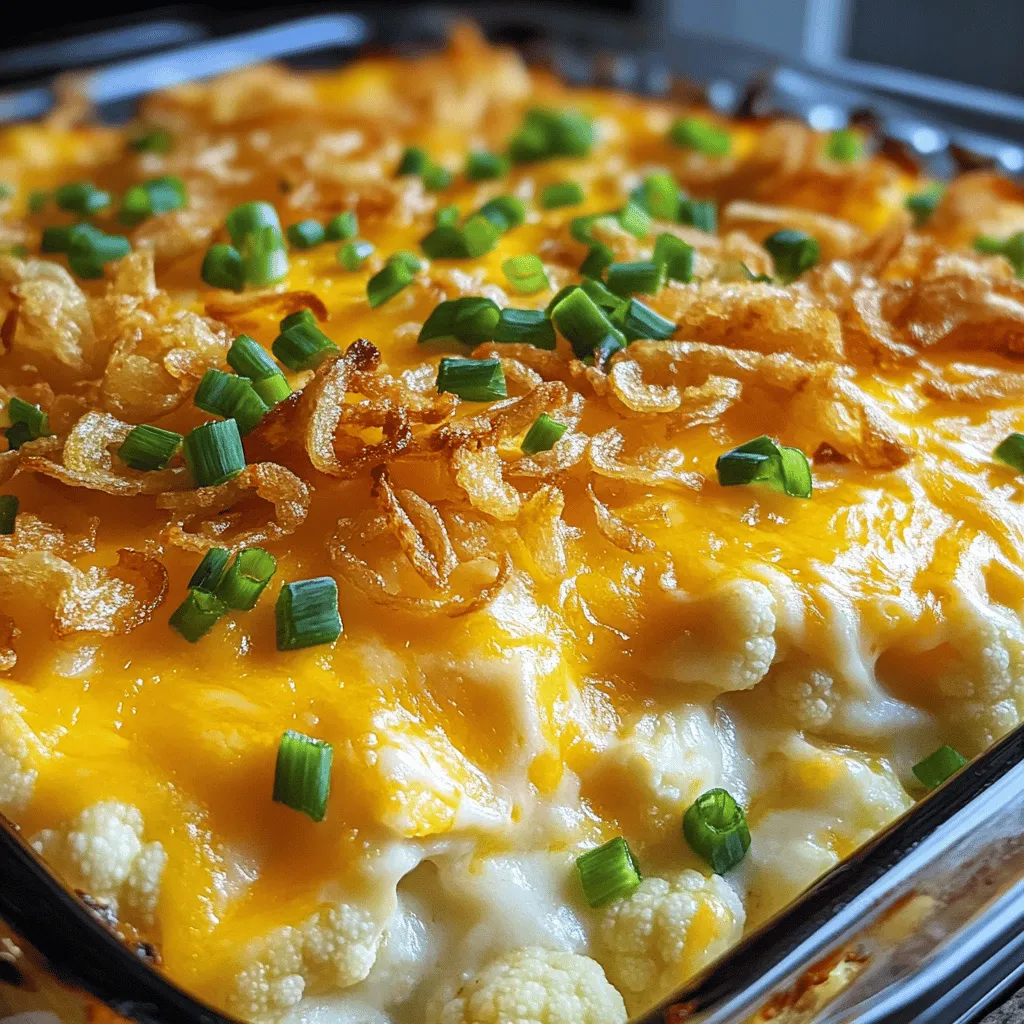 - 1 large head cauliflower, cut into florets - 1 cup shredded cheddar cheese - 1 cup shredded mozzarella cheese - 1/2 cup cream cheese, softened - 1/2 cup sour cream - 1/2 cup cooked and crumbled turkey sausage (or mushrooms for a vegetarian option) - 1/4 cup green onions, chopped - 1/4 cup crispy fried onions (for topping) - 1 tablespoon garlic powder - 1 tablespoon onion powder - Salt and pepper to taste - 1/2 teaspoon smoked paprika Loaded cauliflower casserole is a fun twist on comfort food. This dish uses cauliflower instead of potatoes, making it lighter but still rich in flavor. You need some key ingredients to create this tasty meal. Start with a large head of cauliflower. Cut it into florets to make it easier to cook. You will also need shredded cheddar and mozzarella cheese. These cheeses melt well and give the dish a creamy texture. Next, cream cheese and sour cream add richness and flavor. If you want to add protein, you can use turkey sausage or mushrooms. For a bit of crunch, consider topping it with crispy fried onions. Don't forget the seasonings! Garlic and onion powder add depth. A touch of smoked paprika gives it a unique flavor. Salt and pepper are essential to bring all the flavors together. With these ingredients, you're ready to make a delicious and satisfying loaded cauliflower casserole that everyone will enjoy! - Preheat the oven to 375°F (190°C). - Bring a large pot of salted water to a boil. Add the cauliflower florets. Cook for 5-7 minutes until tender. Drain and set aside. - In a large bowl, mix the softened cream cheese, sour cream, garlic powder, onion powder, smoked paprika, salt, and pepper until smooth. - Add the cooked cauliflower to this mixture. Use a fork or potato masher to mash it slightly. Leave some chunks for a nice texture. - Stir in the cooked turkey sausage (or mushrooms) and half of the cheddar and mozzarella cheese. Mix until everything is combined. - Transfer this mixture to a greased casserole dish. Spread it out evenly. Top with the remaining cheddar and mozzarella cheese. - Bake in the preheated oven for 25-30 minutes. Look for bubbly and golden cheese on top. - Remove from the oven and sprinkle crispy fried onions on top. Bake for an additional 5 minutes to get them nice and crispy. When choosing cauliflower, look for firm, white florets. Avoid any with dark spots. Fresh cauliflower makes your dish taste better. A vibrant head of cauliflower will give the best flavor and texture. To avoid burning, cover your casserole with foil if it browns too quickly. Make sure to spread the cheese evenly. This helps it melt and get bubbly. A good melt creates a creamy texture that everyone loves. Garnish your casserole with extra green onions for a fresh touch. You can serve it as a main dish or as a hearty side dish. This versatility makes it a great choice for any meal. Enjoy it hot for the best taste! {{image_2}} You can easily make this dish vegetarian. Just swap the turkey sausage for mushrooms. Mushrooms add a nice umami flavor. You can also add extra veggies like bell peppers or spinach. This makes the dish even more colorful and nutritious. If you're on a keto diet, this recipe can fit right in. Use low-fat cream cheese instead of regular. You can also try cheese alternatives like almond or coconut cheese. These swaps keep the dish creamy without too many carbs. Want to kick up the flavor? Try adding spices! Italian seasoning works great. You can also add hot sauce if you like it spicy. These little changes make your casserole pop with flavor! Store leftovers in an airtight container for up to 3 days. This keeps the casserole fresh. Make sure to let it cool before sealing. When you want a bite, just take it out and enjoy! You can freeze this dish before baking for up to 2 months. Just cover it well and pop it in the freezer. When you're ready, bake it straight from frozen. It saves time and still tastes great! For the best texture, reheat in the oven. Set the oven to 350°F (175°C) and cover the dish with foil. This keeps the cheese nice and gooey. If you need a quick fix, use the microwave. Just heat it in short bursts so it warms evenly. Yes, you can prepare it ahead and bake just before serving. This makes it easy for busy days. I often make it on a Sunday to enjoy during the week. Just remember to cover it in the fridge until ready to bake. Greek yogurt or cottage cheese can be used as alternatives. These options add creaminess and a slight tang. They also make the dish lighter. I like using Greek yogurt for a healthy twist. Yes, as long as you use gluten-free fried onions and sausage. Always check labels to be sure. This way, everyone can enjoy it. I love making it gluten-free for my friends with dietary needs. Add diced jalapeños or a dash of cayenne pepper to the mixture. This boosts the flavor and heat. Adjust to your taste to find the right kick. I enjoy a little spice to keep things exciting! This blog shows you how to make a tasty Loaded Cauliflower Casserole. We covered the main ingredients and the easy steps to prepare it. You can choose to add turkey sausage or mushrooms for variety. Remember, you can adjust the flavors with spices and toppings. This dish is great for any meal. It’s also easy to store and reheat. Try this recipe to enjoy a delicious and wholesome meal. You’ll impress your family and friends with your cooking skills!