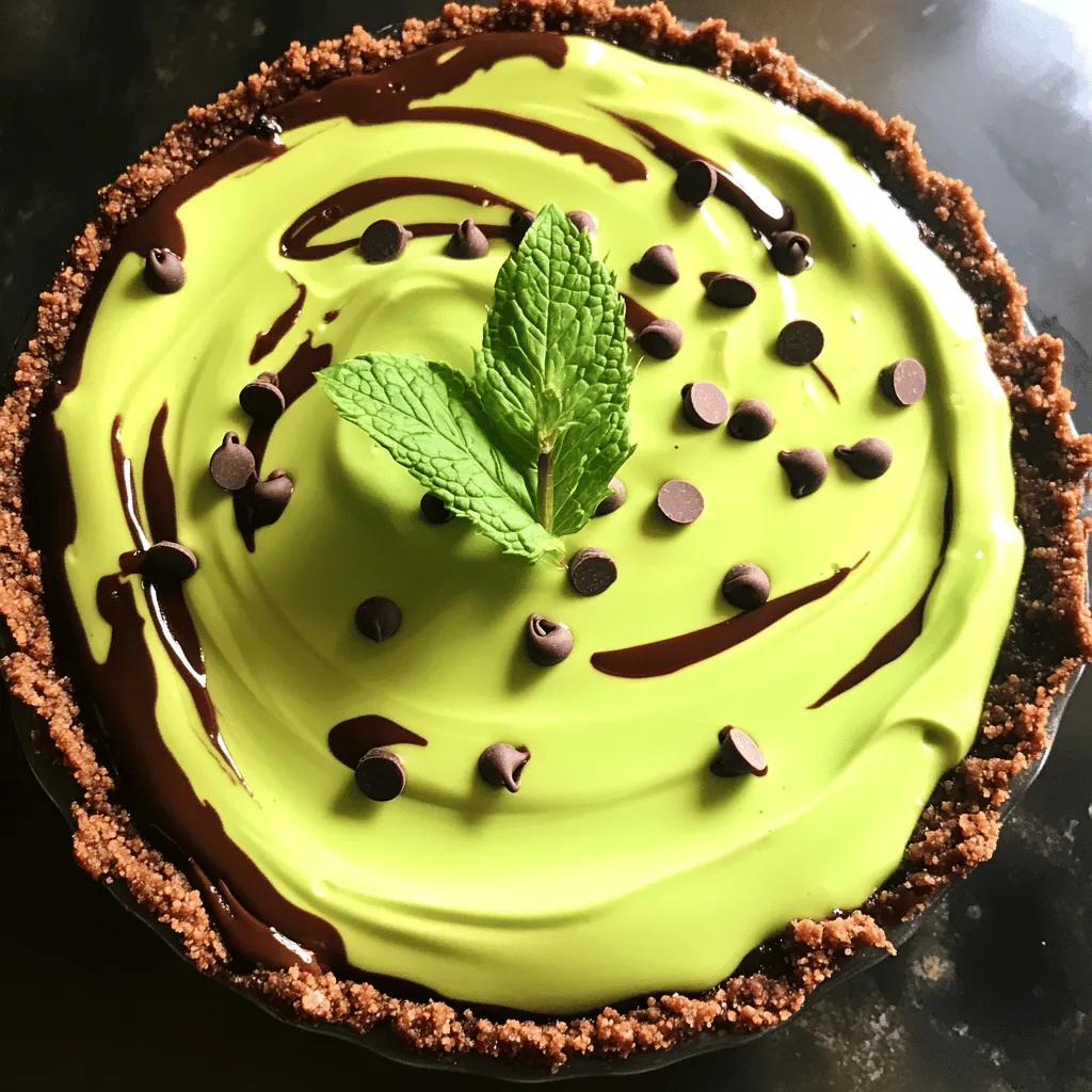 - 1 pre-made chocolate graham cracker pie crust - 1 cup heavy whipping cream - 1/2 cup powdered sugar - 1 teaspoon peppermint extract - 1 cup semi-sweet chocolate chips - 3 tablespoons unsalted butter - 3 tablespoons green food coloring - 1/4 cup mini chocolate chips (for garnish) - Fresh mint leaves (for garnish) This pie brings together rich chocolate and fresh mint. Each ingredient plays a key role. The chocolate graham cracker crust gives a sweet crunch. Heavy cream makes the filling light and fluffy. Powdered sugar adds sweetness. Peppermint extract gives that fresh minty taste. Semi-sweet chocolate chips create a rich chocolate flavor. Unsalted butter helps smooth the chocolate mixture. Green food coloring makes it look fun and festive. Lastly, mini chocolate chips and fresh mint leaves add a nice touch for garnish. I love how easy this recipe is. You can find most of these ingredients at any grocery store. Make sure to use fresh mint leaves. They add a nice flavor and look great on top. This pie is perfect for parties or just a sweet treat at home. Enjoy every bite of this mint chocolate grasshopper pie. It’s a dessert everyone will adore! - Combine 1 cup of semi-sweet chocolate chips and 3 tablespoons of unsalted butter in a microwave-safe bowl. - Melt the mixture in the microwave, heating for 30 seconds at a time. Stir after each interval until it is smooth. Let it cool slightly before using. - In a large mixing bowl, whip 1 cup of heavy whipping cream using an electric mixer on medium speed. Stop when you see soft peaks form. - Gradually add 1/2 cup of powdered sugar. Keep whipping until you see stiff peaks. Then, mix in 1 teaspoon of peppermint extract for that fresh mint flavor. - Gently fold the cooled chocolate mixture into the whipped cream. Keep mixing until it is fully combined and smooth. - Add 3 tablespoons of green food coloring a few drops at a time. Mix until you get that bright minty color you love. - Pour the mint chocolate filling into the pre-made chocolate graham cracker pie crust. Use a spatula to smooth the top. This pie is easy to make and so delicious! Enjoy the process. To make great whipped cream, use cold equipment. This includes your bowl and beaters. Cold tools help the cream whip faster and become fluffier. For stiff peaks, whip the cream until it holds its shape. This means turning off the mixer and checking the cream. If it stands tall, you’re ready! If not, keep whipping. Getting the right green color is key. Start with a few drops of food coloring. Mix it in and check the shade. You can always add more if needed. If you want a natural option, use spinach juice or matcha powder. Both can give a lovely green hue without artificial colors. Presentation matters! Serve the pie on a bright plate. This makes the colors pop. For a fun touch, add a drizzle of chocolate sauce on the plate. Pair it with milk or a minty drink like mojito. This adds a refreshing taste that complements the pie. Enjoy your creation with friends and family! {{image_2}} You can make your Mint Chocolate Grasshopper Pie even more exciting. One way is to add a layer of mint chocolate ganache. To do this, melt semi-sweet chocolate chips with a bit of cream. Pour this mixture over the filling before chilling the pie. This adds a rich layer that enhances the chocolate flavor. Another fun twist is to incorporate crushed peppermint candies. Simply sprinkle them over the top of the pie before chilling. This not only adds a nice crunch but also boosts the mint flavor. You can even mix some crushed candies into the filling for extra surprises with each bite. If you need gluten-free options, choose a gluten-free chocolate graham cracker crust. Many brands offer this, and it works great for our pie. Check the labels to ensure they fit your needs. For a vegan adaptation, swap the heavy cream with coconut cream. Use dairy-free chocolate chips instead of semi-sweet ones. Make sure the pie crust is vegan as well. These simple changes let everyone enjoy this treat without missing out. To keep your Mint Chocolate Grasshopper Pie fresh, you should store it in the fridge. First, cover the pie tightly with plastic wrap. This keeps out air and moisture. You can also use a pie container if you have one. The pie stays fresh for about 3 to 5 days. After that, the texture may change, and it won't taste as great. If you want to save some pie for later, freezing is a good option. Follow these steps: 1. Wrap the Pie: First, make sure the pie is fully set in the fridge. Then, wrap it tightly in plastic wrap. You can also use aluminum foil for extra protection. 2. Store in a Container: Place the wrapped pie in a freezer-safe container or a zip-top bag. This helps prevent freezer burn. 3. Label and Date: Write the date on the container or bag. This way, you know how long it's been in the freezer. To thaw the pie, take it out of the freezer and place it in the fridge for several hours or overnight. This slow thawing keeps the texture smooth. You can also leave it at room temperature for about 30 minutes if you're in a hurry. Just remember, once thawed, eat the pie within 2 days for the best taste. Mint Chocolate Grasshopper Pie is a cool and creamy dessert. It combines mint and chocolate flavors for a sweet treat. The pie has a chocolate graham cracker crust and a fluffy mint filling. You can serve it chilled, making it perfect for warm days. Yes, you can use a homemade pie crust! To make your own crust, crush chocolate graham crackers into fine crumbs. Mix them with melted butter and press the mixture into a pie dish. Bake it for about 10 minutes at 350°F to set. This gives a fresh taste and a nice crunch. You can prepare this pie a day in advance. Make the filling and fill the crust as normal. Cover the pie well and place it in the fridge. This allows the flavors to blend and makes it easier for you on the day of serving. Just remember to add the garnishes right before serving! This blog post shared how to make a Mint Chocolate Grasshopper Pie. We covered the list of tasty ingredients and provided step-by-step instructions for each part. You learned tips for perfecting the whipped cream and ideas for fun variations. We also explored storage options to keep your pie fresh. Now, you can impress friends and family with this vibrant treat. Enjoy making this pie and feel proud of your baking skills!