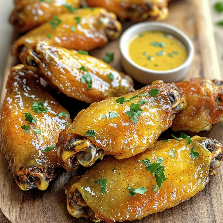 To make these crispy honey mustard chicken wings, gather the following items: - 2 lbs chicken wings, trimmed - 1/4 cup honey - 1/4 cup Dijon mustard - 2 tablespoons soy sauce (or coconut aminos for a gluten-free option) - 1 tablespoon olive oil - 1 teaspoon garlic powder - 1 teaspoon onion powder - 1/2 teaspoon smoked paprika - Salt and pepper to taste - Optional: chopped fresh parsley for garnish You can swap some ingredients if needed: - Use regular mustard if you don’t have Dijon. - Maple syrup works well instead of honey. - Coconut aminos can replace soy sauce to keep it gluten-free. - For a stronger taste, use fresh garlic instead of garlic powder. - If you don’t have smoked paprika, regular paprika will work too. When buying chicken wings, look for these tips: - Freshness: Choose wings that are pink and moist, not gray or dried out. - Size: Look for wings that are similar in size for even cooking. - Packaging: Check the date on the package. Fresh wings should be as close to the date as possible. - Source: If possible, buy from a trusted butcher or local farm for better quality. By following these tips, you’ll set your wings up for success! To start, grab a large mixing bowl. Add 1/4 cup of honey and 1/4 cup of Dijon mustard. Then, pour in 2 tablespoons of soy sauce or coconut aminos. Next, add 1 tablespoon of olive oil. For extra flavor, sprinkle in 1 teaspoon of garlic powder, 1 teaspoon of onion powder, and 1/2 teaspoon of smoked paprika. Finally, season with salt and pepper to taste. Whisk all the ingredients until they blend smoothly. Now, take 2 lbs of trimmed chicken wings and place them in the bowl with the marinade. Toss the wings until they are fully coated. Cover the bowl with plastic wrap and let it sit in the fridge. For the best taste, marinate for at least 30 minutes. If you have time, letting them sit overnight will add even more flavor. Next, preheat your air fryer to 380°F (190°C). This should take about 5 minutes. While it heats up, remove the marinated wings from the fridge. Shake off any excess marinade. Arrange the wings in a single layer in the air fryer basket. Make sure they aren’t crowded; this helps them cook evenly. Cook the wings for 25-30 minutes. Halfway through, shake the basket to ensure they crisp up nicely. When they turn golden brown, they are ready to eat. To get crispy wings, start by drying the chicken well. Use paper towels to pat them dry. This step helps remove moisture, which can lead to soggy wings. When you marinate, do not use too much liquid. Shake off the excess marinade before cooking. This helps the air fryer work its magic. Cook the wings in a single layer. If you crowd the basket, the heat won’t circulate well. Shake the basket halfway through cooking to ensure even crispiness. You can easily tweak the flavor of these wings. To make them spicier, add some cayenne pepper or hot sauce to the marinade. If you love a tangy taste, try switching to yellow mustard instead of Dijon. For a sweeter profile, increase the amount of honey. Taste the marinade before adding the wings. This allows you to adjust the flavors to your liking. One common mistake is skipping the marination. Marinating adds depth to the flavor. Do not rush this step. Another mistake is not preheating the air fryer. Preheating helps to cook the wings evenly and gives a nice crisp. Avoid cooking them from frozen unless you adjust the time. Finally, do not forget to check for doneness. Use a meat thermometer to ensure the wings reach 165°F. This ensures they are safe to eat while still juicy. {{image_2}} To make spicy honey mustard wings, add heat to the sauce. Mix in 1-2 teaspoons of cayenne pepper or hot sauce. Adjust the amount based on your taste. This adds a kick and a nice balance to the sweetness. You can easily make this dish gluten-free. Instead of soy sauce, use coconut aminos. This swap keeps the flavor but removes gluten. Always check labels to ensure all ingredients are gluten-free. If you need to cook for more or fewer people, adjust the recipe. For 2 lbs, you can feed about four people. If you want to make more, double the ingredients. Just be careful not to overcrowd the air fryer. Cook in batches if needed. This way, every wing turns out crispy and delicious. To store leftover chicken wings, let them cool first. Place them in an airtight container. You can keep them in the fridge for up to three days. Make sure to separate layers with parchment paper to avoid sticking. When you're ready to enjoy your wings again, preheat your air fryer to 350°F (175°C). Place the wings in the basket in a single layer. Heat them for about 5-8 minutes. This keeps them crispy and tasty. You can also use the oven if you prefer. Just bake at 375°F (190°C) for about 10-15 minutes. If you want to save wings for later, freezing is a great option. After they cool, place the wings in a freezer-safe bag. Try to remove as much air as possible before sealing. They can stay in the freezer for up to three months. When you're ready to eat, thaw them in the fridge overnight before reheating. You should marinate chicken wings for at least 30 minutes. This time allows the wings to soak up the honey mustard goodness. If you have more time, marinating overnight works even better. Longer marination gives a deeper flavor and tender texture. Yes, you can cook frozen wings in the air fryer. However, you need to add extra time. Start at 400°F (200°C) and cook for about 30-35 minutes. Check for doneness, ensuring they reach an internal temperature of 165°F (74°C). This method helps you enjoy crispy wings even when short on time. Honey mustard chicken wings taste great with many dips. Here are some options to try: - Ranch dressing: The coolness of ranch contrasts well with the sweet wings. - Blue cheese dressing: Its bold flavor pairs nicely with the honey mustard. - Extra honey mustard: For those who love the sweet and tangy taste, serve more on the side. Feel free to mix and match. Enjoy your wings with your favorite sauce! This guide covered everything you need to make great chicken wings. We went from choosing ingredients to cooking tips. You learned how to keep them crispy while adjusting flavors to your taste. Variations showed you can try spicy options or adjust for gluten-free diets. Finally, I shared storage tips to save leftovers and reheat them easily. Now, enjoy your wings and impress your friends with your new skills! Happy cooking!