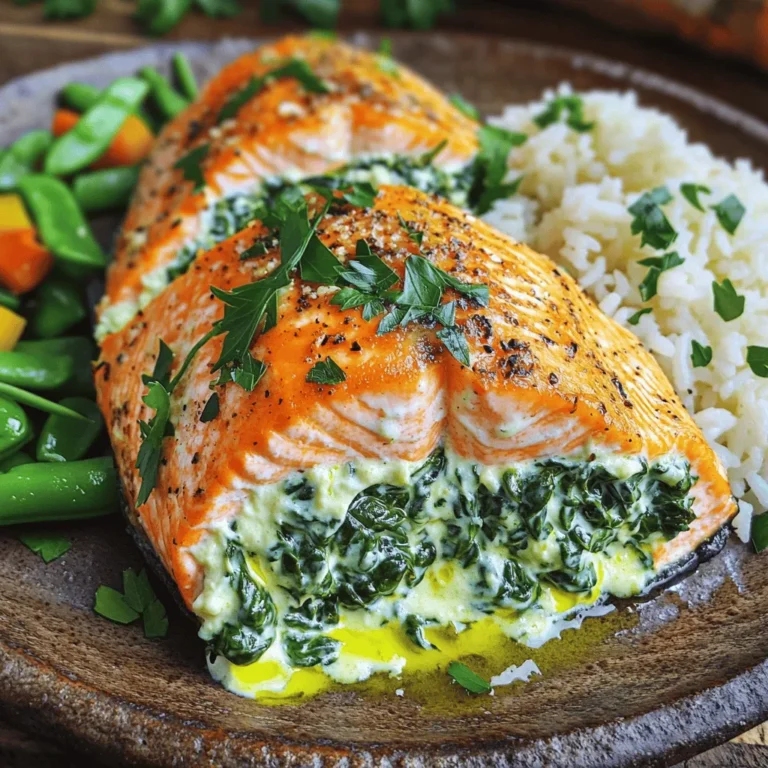 To make this dish, you need: - 4 salmon fillets (skin on, about 6 oz each) - 2 cups fresh spinach, chopped - 1 cup cream cheese, softened - 3 cloves garlic, minced - 1/2 cup grated Parmesan cheese - 1 tablespoon lemon juice - 1 tablespoon olive oil - Salt and pepper to taste These ingredients come together to create a creamy, savory filling that pairs perfectly with the salmon. The spinach brings color and nutrients, while the cream cheese and Parmesan add richness. You can enhance the dish with: - 1/2 teaspoon red pepper flakes (for heat) - Fresh parsley, chopped (for garnish) Red pepper flakes can give your dish a nice kick. The parsley adds brightness and a pop of color. If you have dietary needs, you can try these options: - Use dairy-free cream cheese for a lactose-free version. - Swap salmon for chicken or a firm fish like cod. - Replace Parmesan with nutritional yeast for a vegan option. These substitutions keep the dish tasty while fitting your diet. Remember, cooking should be fun and flexible! First, start by prepping your salmon fillets. You need four fillets, each about six ounces and with skin on. Take a sharp knife and slice into the thickest part of each fillet. Be careful! You want to create a pocket, but do not cut all the way through. This pocket will hold our tasty spinach filling. Now, let’s make the filling. Heat a skillet over medium heat and add one tablespoon of olive oil. Once the oil is hot, add three minced garlic cloves. Sauté for about one minute until the garlic smells great. Next, add two cups of chopped fresh spinach. Cook until it wilts, which takes about two to three minutes. After that, let the spinach cool a bit. In a mixing bowl, combine one cup of softened cream cheese, the sautéed spinach, half a cup of grated Parmesan cheese, one tablespoon of lemon juice, salt, pepper, and red pepper flakes if you want some heat. Mix everything well until it is smooth and creamy. You are ready to bake! Preheat your oven to 375°F (190°C). Line a baking sheet with parchment paper or lightly grease it. Stuff each salmon pocket with your creamy spinach mix. Place the stuffed salmon on the baking sheet and sprinkle with a bit of salt and pepper on top. Bake for about 20 to 25 minutes. Your salmon should be fully cooked and flaky when done. If you like a golden top, switch to broil for the last two to three minutes. After baking, let the salmon rest for a few minutes. This helps the flavors settle. Garnish with fresh parsley for a nice touch. Enjoy your delicious dish! To achieve perfectly cooked salmon, start by choosing fresh fillets. Look for a bright pink color. The skin should look shiny and moist. When cooking, keep the skin on. It helps retain moisture and adds flavor. Preheat your oven to 375°F (190°C) for even cooking. Bake for 20-25 minutes. The fish should flake easily with a fork. For a golden top, use the broil setting for the last few minutes. When stuffing salmon, avoid overfilling the pockets. This can lead to leaks during cooking. Cut the pocket carefully; do not slice all the way through. Make sure the filling is not too cold. If it is, it can cool the fish and lead to uneven cooking. Season the outside of the salmon lightly. This enhances the flavor without overpowering the stuffing. To serve, place the salmon on a bed of fluffy rice or steamed vegetables. This adds color and makes for a complete meal. Drizzle with a little olive oil for extra richness. Sprinkle fresh parsley on top for a pop of color. You can also add a lemon wedge on the side. This gives a fresh touch and a burst of flavor when squeezed. {{image_2}} You can use other fish if you want to change things up. Try trout, tilapia, or even cod. Each fish has its own taste and texture. For instance, trout is tender and rich, while cod is mild and flaky. When you stuff these fish, follow the same steps as with salmon. Just keep an eye on cooking times, as they may vary slightly. Feel free to get creative with your stuffing! Instead of spinach, try using kale or arugula. You can also add sun-dried tomatoes or artichoke hearts for extra flavor. Mix in some feta cheese or goat cheese for a tangy twist. Each filling changes the dish and gives you many options to explore. Baking is easy and keeps the fish moist. If you want a smoky flavor, try grilling the stuffed fish instead. Make sure to use a grill basket to hold everything together. Cooking on the grill gives you nice char marks and a crispy texture. Both methods work well, so choose based on your taste or mood. To store leftovers, place the salmon in an airtight container. This keeps it fresh. Make sure to cool it down first. You can keep it in the fridge for up to three days. If you want to enjoy it later, consider freezing. When you reheat salmon, do it gently. Use the oven or a microwave. If using the oven, set it to 300°F (150°C) and cover the salmon with foil. This helps keep it moist. Heat for about 10-15 minutes. If using a microwave, use medium power. Heat for short bursts, checking often to avoid overcooking. If you freeze the salmon, wrap each piece tightly in plastic wrap. Then put it in a freezer bag. This helps prevent freezer burn. You can freeze the salmon for up to three months. When ready to eat, thaw it overnight in the fridge. This keeps the texture nice. You can tell when salmon is done by looking at its color and texture. The fish should turn from bright pink to a pale pink. Use a fork to check. If it flakes easily, it is done. The internal temperature should reach 145°F (63°C). To be sure, use a meat thermometer for accuracy. This way, you ensure a perfect salmon dish every time. Yes, you can prepare the filling ahead of time. Make the creamy garlic spinach mixture and store it in the fridge for a day. You can also stuff the salmon fillets in advance. Just wrap them tightly and keep them in the fridge. Bake the salmon when you're ready to serve. This saves time and helps with meal planning. Pair your stuffed salmon with tasty sides like: - Steamed broccoli - Roasted asparagus - Garlic mashed potatoes - Lemon rice - Mixed green salad These sides add color and nutrition to your meal. They also help balance the rich flavors of the salmon. Enjoy experimenting with different combinations! You’ve learned how to make Creamy Garlic Spinach Stuffed Salmon, from ingredients to storage. Use fresh ingredients for the best taste. Remember to avoid common mistakes while cooking. You can also try different fish and fillings for fun twists. With these tips, you can impress anyone with your dish. Enjoy your cooking adventure!