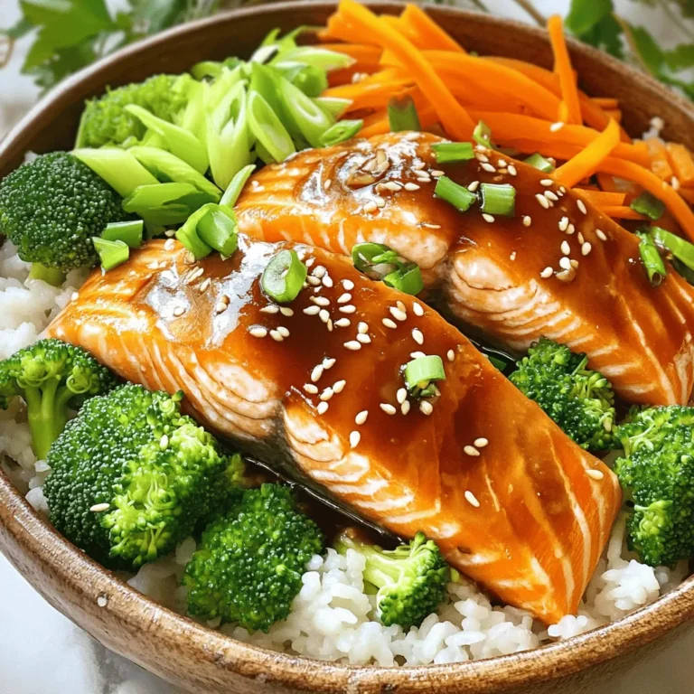 To make Teriyaki Salmon Rice Bowls, you need these key items: - 2 fillets of salmon - 1 cup sushi rice - 2 cups water - 1/4 cup soy sauce - 2 tablespoons honey - 1 tablespoon rice vinegar - 1 teaspoon grated ginger - 1 teaspoon sesame oil - 2 green onions, sliced - 1 cup steamed broccoli florets - 1 carrot, julienned - Sesame seeds for garnish These ingredients create a tasty, balanced meal with rich flavors. You can add fun extras to your rice bowls. Here are some ideas: - Avocado slices for creaminess - Seaweed strips for a salty crunch - Radish slices for a peppery bite - Chopped cilantro for freshness - Lime wedges for a zesty kick Feel free to mix and match to suit your taste! Each serving of Teriyaki Salmon Rice Bowl offers: - Calories: 450 - Protein: 28g - Carbohydrates: 55g - Fat: 15g - Fiber: 3g This meal is not only delicious but also packed with nutrients. Enjoy! Start by rinsing the sushi rice. Use cold water until it runs clear. This step helps remove excess starch. Next, combine the rinsed rice with 2 cups of water in a pot. Bring this mixture to a boil. Once boiling, cover the pot and reduce the heat to a simmer. Let it cook for 15 minutes. After that, remove it from heat but keep it covered. Let it steam for 10 more minutes. This will give you fluffy sushi rice. While the rice cooks, you can make the teriyaki sauce. In a small saucepan, mix 1/4 cup soy sauce, 2 tablespoons honey, 1 tablespoon rice vinegar, 1 teaspoon grated ginger, and 1 teaspoon sesame oil. Heat this over medium heat. Stir it well until the honey dissolves. Keep cooking until the sauce thickens a bit. This should take about 5 to 7 minutes. Once done, remove it from the heat and set it aside. Now, it's time to cook the salmon fillets. Preheat a skillet over medium-high heat. Season the salmon with salt and pepper. Place the salmon skin-side down in the skillet. Cook for about 4 to 5 minutes. Flip the salmon and brush it with the teriyaki sauce. Cook for another 3 to 4 minutes, or until it’s fully cooked. The salmon should be flaky and tender. To assemble, fluff the cooked sushi rice with a fork. Divide the rice into two serving bowls. Place the cooked salmon on top of the rice. Drizzle some extra teriyaki sauce over the salmon. Then, add steamed broccoli and julienned carrots around the salmon. Finally, garnish with sliced green onions and sprinkle sesame seeds on top. This adds a nice crunch and makes it look pretty. Enjoy your meal! To cook salmon just right, start with fresh fillets. The skin should be crisp and the inside moist. Season the salmon with salt and pepper for better taste. Place it skin-side down in a hot skillet. Cook for four to five minutes. Flip it gently and brush with teriyaki sauce. Cook for three to four more minutes. You want the salmon to flake easily with a fork. Rinse sushi rice well before cooking. This helps remove extra starch. Use a ratio of one cup rice to two cups water. Bring the pot to a boil, then cover and simmer. Let it cook for fifteen minutes. After that, let it steam for ten minutes off the heat. Fluff the rice gently with a fork for a perfect texture. For a richer teriyaki sauce, use low-sodium soy sauce. Honey adds sweetness, but you can use maple syrup if preferred. A splash of rice vinegar gives a nice tang. Fresh ginger adds depth to the flavor. You can also try adding garlic for an extra kick. Adjust the sauce to match your taste. {{image_2}} You can switch out salmon for other proteins. Chicken thighs or breasts work well. Just cook them until they are safe to eat. Tofu is a great plant-based choice. Press and cube it, then sauté until golden. Each option gives a unique flavor. You can mix in different veggies for more fun. Try bell peppers, snap peas, or bok choy. You can use whatever you have on hand. Toss them in with the broccoli and carrots. This adds color and texture. It also boosts nutrition in your meal. If you need a gluten-free meal, use tamari instead of soy sauce. This keeps the same great taste without gluten. For a low-carb option, swap sushi rice for cauliflower rice. Cauliflower rice cooks quickly and keeps it light. It’s a tasty twist that still feels hearty. To keep your teriyaki salmon rice bowls fresh, store leftovers in an airtight container. Make sure to cool them to room temperature before sealing. This helps prevent moisture build-up, which can make the rice soggy. You can store them in the fridge for up to three days. When it's time to enjoy your leftovers, take them out of the fridge. You can reheat them in the microwave or on the stove. If using the microwave, place the rice bowl in for about 1-2 minutes. Stir halfway to ensure even heating. On the stove, add a splash of water to the rice and heat on low. This keeps the rice from drying out. If you want to save your teriyaki salmon rice bowls for later, freezing is a great option. First, let the dish cool completely. Then, pack it in freezer-safe containers. Store them flat to save space. You can freeze them for up to one month. When you're ready to eat, thaw overnight in the fridge and reheat as mentioned above. This way, you have a tasty meal ready whenever you need it! Yes, you can use regular rice. However, sushi rice is stickier. This helps hold the bowl together. If you use regular rice, expect a different texture. You may want to cook it with less water to avoid mushiness. If you need a honey substitute, try maple syrup or agave nectar. You can also use brown sugar. Just mix it with a bit of water to help it dissolve. These options will give your sauce a nice sweetness. To spice up your teriyaki sauce, add red pepper flakes or sriracha. You can also mix in some fresh chili paste. Start with a small amount and taste as you go. This way, you can control the heat level. Yes, this recipe works great for meal prep. You can cook all the ingredients ahead of time. Just store them in separate containers. When you’re ready to eat, simply assemble your bowl. It’s a quick and tasty meal for busy days. You now know how to make delicious Teriyaki Salmon Rice Bowls. We covered the main ingredients, cooking steps, and even tips for perfect results. You learned about variations, storage options, and answers to common questions. Enjoy trying this recipe. It’s great for meal prep and can suit many diets. Customize it to your taste, and impress your family or friends! Happy cooking!