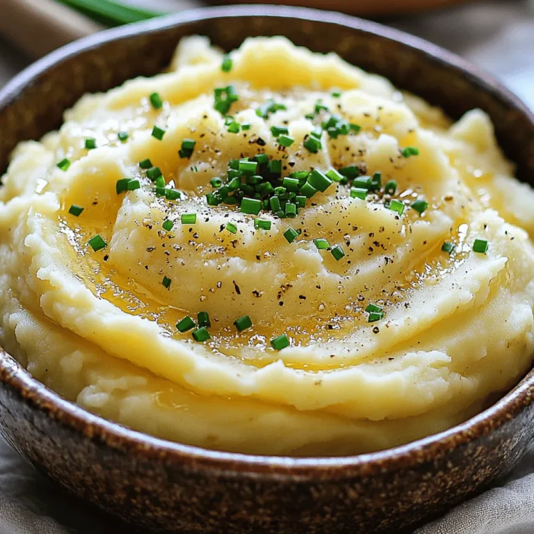 - 2 pounds Yukon Gold potatoes - 4 cloves garlic - 1 cup heavy cream - ½ cup unsalted butter - 1 cup freshly grated Parmesan cheese - Fresh chives for garnish - Salt and black pepper, to taste The heart of my Garlic Parmesan Mashed Potatoes lies in the essential ingredients. I love using Yukon Gold potatoes for their creamy texture. They mash beautifully and hold flavor well. You’ll need two pounds of these potatoes, peeled and quartered. Next, the garlic brings a punch of flavor. I use four cloves of minced garlic. This gives the dish its signature taste. Fresh garlic is best, as it adds a nice depth to the potatoes. Heavy cream is my secret to making these mashed potatoes rich and smooth. One cup is just right for that creamy goodness. For optional flavor boosts, I recommend unsalted butter and freshly grated Parmesan cheese. The butter adds richness, while the cheese melts in and gives a savory kick. I use half a cup of butter and a full cup of cheese. Finally, fresh chives make a great garnish. They add a pop of color and fresh taste. Don’t forget seasoning! Salt and black pepper are key to enhancing all the flavors. Adjust them to your taste. With these ingredients, you can create a side that is both comforting and gourmet. To start, take 2 pounds of Yukon Gold potatoes. Peel and quarter them. Place the potatoes in a large pot. Cover them with water and add a pinch of salt. Bring the water to a boil over medium-high heat. Once boiling, reduce the heat to a simmer. Cook the potatoes for about 15 to 20 minutes. You want them to be tender. To check for doneness, pierce a potato with a fork. If it goes in easily, they are ready. While the potatoes cook, let’s prepare the garlic. Take ½ cup of unsalted butter and melt it in a small saucepan over medium heat. After the butter melts, add 4 cloves of minced garlic. Sauté the garlic for about 2 minutes. You want it fragrant but not brown. Keep a close eye on it to avoid burning. Once the potatoes are tender, drain them in a colander. Return the potatoes to the pot. Grab a potato masher and mash the potatoes until they are smooth and creamy. This step is key for a great texture. Next, gradually mix in the garlic and butter mixture. Then, pour in 1 cup of heavy cream. Stir until everything is well combined and creamy. Now for the best part: adding the cheese! Fold in 1 cup of freshly grated Parmesan cheese. Mix it until the cheese melts into the potatoes. Taste your mashed potatoes and season with salt and black pepper to your liking. This final touch makes all the difference. To avoid lumpy mashed potatoes, start with Yukon Gold potatoes. These potatoes have a smooth texture. Boil them until they are fork-tender. Drain them well before mashing. This step helps remove excess water. For creaminess without over-mixing, mash the potatoes gently. Use a potato masher for best results. After mashing, slowly add the heavy cream and garlic butter. This method keeps the potatoes fluffy. You can try different cheeses for new flavors. Gruyère or mozzarella adds a rich taste. Mixing in herbs like rosemary or thyme can enhance the dish. Fresh herbs bring brightness and a lovely aroma to your potatoes. The best tools for boiling and mashing potatoes include a large pot and a potato masher. Choose a pot that holds enough water for the potatoes. A sturdy masher will help you achieve the right texture. For mixing, a wooden spoon or spatula works well. These tools help combine the ingredients smoothly. Remember to have a colander ready for draining the potatoes. {{image_2}} You can easily adjust this recipe to fit dietary needs. For a gluten-free option, you don’t need to change much. All the main ingredients are gluten-free. Just make sure your butter and cheese are pure and safe for gluten-free diets. If you want a dairy-free version, swap the heavy cream with almond milk or coconut cream. Use dairy-free butter and skip the cheese or use a dairy-free alternative. These changes still give you creamy mashed potatoes. For those watching carbs, you can use cauliflower instead of potatoes. Steam or boil the cauliflower until tender. Then mash it just like the potatoes. It offers a similar texture with fewer carbs. To make these mashed potatoes even tastier, consider adding roasted garlic. Roasting garlic makes it sweeter and less harsh. Just roast whole garlic cloves in the oven until soft, then mash them in with the potatoes. You can also mix in sour cream or cream cheese. This adds extra creaminess and tang. Start with a small amount, then adjust based on your taste. Each option gives your mashed potatoes a unique twist. Garlic Parmesan Mashed Potatoes pair well with many dishes. They complement roasted chicken, grilled steak, or baked fish beautifully. Add a side of green beans or a fresh salad to round out the meal. For a fun presentation, try serving them in individual ramekins or in a large bowl with a sprinkle of chives on top. You can even use a piping bag to create swirls for a fancy look. These little touches make your meal feel special and inviting. To keep your Garlic Parmesan Mashed Potatoes fresh, use airtight containers. Glass or plastic containers work well. Make sure to cool the potatoes to room temperature first. Store them in the fridge at 40°F or below. They can last for up to three days. Always remember to label the containers with the date. When you reheat mashed potatoes, you want them creamy again. The best way to do this is on the stove. Use low heat and stir often. If you're in a hurry, the microwave is fine too. Heat in short bursts of one to two minutes. Stir in between to avoid hot spots. Always check the temperature; it should reach 165°F before serving. You can freeze Garlic Parmesan Mashed Potatoes for later use. First, let them cool completely. Then, spoon them into freezer-safe bags or containers. Remove as much air as possible before sealing. Label the bags with the date. They can last about two months in the freezer. To thaw, place them in the fridge overnight. Reheat on the stove or in the microwave until warm. Yes, you can use other potatoes. Yukon Gold potatoes work well for their creamy texture. Russet potatoes are also great. They create a fluffier mash but can be a bit dry. Red potatoes hold their shape well but can be grainy. You can add many spices and herbs. Try fresh parsley or thyme for a herbal note. A pinch of paprika adds warmth. Sour cream gives a tangy twist. You can also mix in roasted garlic for a deeper flavor. You can prepare them in advance. Make the mashed potatoes and let them cool. Store them in an airtight container in the fridge. Reheat them gently on the stove or in the oven. Add a splash of cream to bring back creaminess. These mashed potatoes can last about three to four days in the fridge. Store them in an airtight container to keep them fresh. Always check for off smells or changes in texture before eating. To achieve creaminess, use high-fat dairy like heavy cream. Warm the cream before adding it to the potatoes. Avoid over-mixing, as this can make them gummy. Use a potato masher instead of a mixer for the best texture. For Garlic Parmesan Mashed Potatoes, start with 2 pounds of Yukon Gold potatoes. Boil them until tender, then mash them. Mix in sautéed garlic, butter, and heavy cream. Finally, fold in 1 cup of freshly grated Parmesan cheese. Season to taste and garnish with fresh chives. This recipe serves six and takes about 35 minutes. Garlic Parmesan mashed potatoes bring comfort and flavor to your table. We discussed the key ingredients, including Yukon Gold potatoes and garlic. Then, I shared simple steps to ensure perfect texture and taste. You can also explore flavor variations to match your meal. Don't forget to store any leftovers properly for later enjoyment. Now, you're ready to create this tasty side dish that pairs well with many options. Enjoy your cooking and the smiles it brings!
