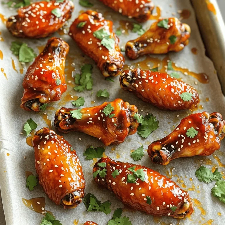 To make these spicy maple Sriracha wings, you need: - 2 pounds chicken wings - 1/4 cup pure maple syrup - 1/4 cup Sriracha sauce - 2 tablespoons soy sauce - 1 tablespoon apple cider vinegar These wings get their base flavor from the chicken and the sweet and spicy sauce. The maple syrup adds rich sweetness, while Sriracha packs a punch. Soy sauce gives depth, and apple cider vinegar ties it all together. For the perfect flavor, grab these seasonings: - 1 tablespoon garlic powder - 1 teaspoon smoked paprika - Salt and pepper to taste Garlic powder adds a savory taste. Smoked paprika brings a hint of smokiness. Salt and pepper are key to enhancing all the flavors. To finish your wings, you can use: - 1 tablespoon sesame seeds (for garnish) - Fresh cilantro, chopped (for garnish) These garnishes not only look great but also add fresh notes. The sesame seeds add a nice crunch, while cilantro offers brightness. First, set your oven to 425°F (220°C). This high heat helps make the wings crispy. Next, line a baking sheet with parchment paper. This makes cleanup easy. Now, grab your chicken wings. Pat them dry with paper towels. This step helps the skin crisp up nicely. Place the wings in a large bowl. Season them with salt, pepper, garlic powder, and smoked paprika. Toss everything together until wings are coated evenly. In a separate bowl, mix together the sauce ingredients. Start with 1/4 cup of pure maple syrup. Add 1/4 cup of Sriracha sauce for heat. Then, stir in 2 tablespoons of soy sauce. This adds a nice umami flavor. Next, include 1 tablespoon of apple cider vinegar for some tang. Whisk these together until smooth and well combined. Pour this flavorful mix over the seasoned wings. Toss the wings again to ensure every piece gets a good coating. Now, arrange the wings on your lined baking sheet. Make sure they sit in a single layer. This way, they cook evenly. Bake them in the preheated oven for 30 to 35 minutes. Flip the wings halfway through cooking time. This helps them crisp up on both sides. If you want extra crunch, turn on the broiler for 2 to 3 minutes at the end. Just keep a close eye to prevent burning. When done, take them out and let them rest for a few minutes. Top with sesame seeds and fresh cilantro for a colorful finish. To get wings that are crispy, start with dry wings. Pat them with paper towels. This step removes excess moisture. The less moisture, the crispier the skin. Bake them at 425°F. Flip the wings halfway through cooking. This helps them brown evenly. For an extra crunch, broil them for 2-3 minutes at the end. Keep a close watch to avoid burning. The magic of these wings lies in the mix of heat and sweet. You want to feel the kick from the Sriracha but also enjoy the sweetness from the maple syrup. If you like it spicier, add more Sriracha. If you prefer sweeter wings, increase the maple syrup. Taste the sauce before coating the wings. This lets you adjust it to your liking. One common mistake is overcrowding the baking sheet. Give the wings space to cook. If they are too close, they will steam instead of crisp. Another mistake is not flipping the wings. Flipping helps both sides get crispy. Finally, be careful with the broiling step. It's easy to burn the wings if you don't keep an eye on them. {{image_2}} You can mix it up with different sauces. Try honey garlic or buffalo sauce. If you love a smoky flavor, use chipotle sauce. For a tangy twist, barbecue sauce works well too. Each sauce gives the wings a new taste. Experimenting can lead to your favorite version. The air fryer is a great option. It makes the wings crispy with less oil. Preheat your air fryer to 400°F (200°C). Cook the wings for about 25 minutes, shaking halfway. Grilling is another fun method. It adds a nice char and smoky flavor. Grill them over medium heat for 20-25 minutes. You can change some ingredients if needed. Use honey instead of maple syrup for sweetness. Coconut aminos can replace soy sauce for a gluten-free option. For a milder spice, use sweet chili sauce instead of Sriracha. These swaps keep the wings tasty while fitting your needs. After you enjoy your spicy maple Sriracha wings, store any leftovers in a safe way. Let the wings cool down first. Then, place them in an airtight container. You can keep them in the fridge for up to three days. Make sure to seal the container tightly to keep out air. When you want to enjoy those tasty wings again, reheating is key. Preheat your oven to 350°F (175°C). Place the wings on a baking sheet lined with foil. Heat them for about 10-15 minutes. This will help them become crispy again. You can also use a microwave, but they might not be as crispy. If you have more wings than you can eat, freezing is a great option! Place the cooled wings in a freezer-safe bag. Remove as much air as possible before sealing. You can freeze them for up to three months. When you’re ready to eat, thaw them in the fridge overnight before reheating. Yes, you can make these wings ahead of time. Cook them fully and let them cool. Store the cooked wings in an airtight container in the fridge for up to three days. When you're ready to eat, reheat them in the oven. This keeps them crispy and tasty. These wings pair great with a few sides. Here are some ideas: - Fresh veggies like carrots and celery - Creamy ranch or blue cheese dip - A simple green salad - Crispy potato wedges or fries - Cold drinks like beer or iced tea These sides add balance and flavor to your meal. To adjust the heat level, change the amount of Sriracha sauce. If you want it milder, use less Sriracha. You can also add honey to sweeten without heat. For more heat, add a dash of cayenne pepper or more Sriracha. Taste as you go to find your perfect heat! You now know how to make Spicy Maple Sriracha Wings. We covered the main ingredients, seasonings, and garnishes. I shared step-by-step instructions for cooking and baking them. You learned tips for the best crispiness and how to balance flavors. Variations and storage methods were also discussed. These wings are not just tasty; they are fun to make. Enjoy your cooking and impress your friends with this recipe!