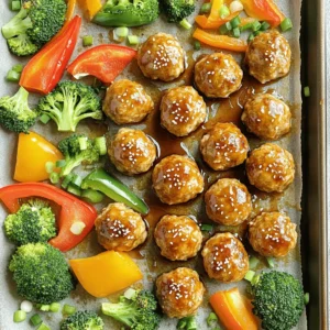 For these tasty meatballs, you need: - 1 lb ground chicken - 1/4 cup breadcrumbs - 1/4 cup grated Parmesan cheese - 1/4 cup scallions, finely chopped - 1 egg - 2 cloves garlic, minced - 1 tablespoon fresh ginger, minced - Salt and pepper to taste These ingredients create a juicy and savory base for your meatballs. Ground chicken keeps them light and tender. Breadcrumbs help bind everything together, while Parmesan adds a nice cheesy flavor. Scallions give a hint of freshness, and garlic and ginger bring warmth. Next, for the sauce, use: - 1/4 cup honey - 1/4 cup soy sauce (or tamari for gluten-free) - 1 tablespoon sesame oil The honey adds sweetness. Soy sauce brings umami depth. Sesame oil adds a nutty note, creating a balanced, rich sauce. Together, they form a great glaze that caramelizes beautifully in the oven. Finally, for the veggies and garnish, you need: - 1 cup mixed bell peppers, chopped - 1 cup broccoli florets - Sesame seeds for garnish Mixed bell peppers give a sweet crunch. Broccoli adds color and nutrition. Sesame seeds on top not only look nice but add a slight crunch, making the dish even more delicious. This combination of flavors and colors makes a feast for the eyes and the palate. First, gather your ingredients. You need ground chicken, breadcrumbs, and Parmesan cheese. Next, add finely chopped scallions, one egg, minced garlic, and fresh ginger. Season with salt and pepper. In a large bowl, mix everything well. Use your hands to combine the ingredients. This ensures each meatball has great flavor. Now, shape the mixture into meatballs. Aim for about one inch in diameter. This size helps them cook evenly. Place the meatballs on a lined baking sheet. Make sure they have space between them. This helps them brown nicely. Preheat your oven to 400°F (200°C). While it heats, prepare the sauce. Whisk together honey, soy sauce, and sesame oil in a small bowl. Drizzle half of this sauce over the meatballs. Add chopped bell peppers and broccoli florets around them on the baking sheet. Drizzle the rest of the sauce over the veggies. Bake the tray in the oven for 20-25 minutes. Check that the meatballs are cooked through and golden. For extra crispiness, broil for 2-3 minutes at the end. When done, sprinkle sesame seeds on top for a nice finish. Enjoy your meal! To make moist meatballs, start with ground chicken. It has a nice fat content. Next, add breadcrumbs for texture. They help keep the meatballs juicy. Don't skip the egg; it acts as a binder. Mix all the ingredients gently. Over-mixing can make them tough. When shaping, form them softly. This keeps them light and airy. To bake meatballs evenly, preheat your oven to 400°F (200°C). Line your baking sheet with parchment paper. This prevents sticking and makes cleanup easy. Place meatballs on the sheet with space between them. This helps hot air circulate. Add veggies around the meatballs for extra flavor. The mixed bell peppers and broccoli will cook well together. For a beautiful presentation, use a large platter. Arrange the meatballs and veggies artfully. Drizzle extra honey garlic sauce on top. Sprinkle sesame seeds over everything for crunch. You can also add fresh scallions for a pop of color. This makes your dish look as good as it tastes. Serve hot for the best experience. {{image_2}} You can easily make this dish gluten-free. Simply swap out the breadcrumbs. Use gluten-free breadcrumbs or crushed gluten-free crackers. For the soy sauce, choose tamari instead. This keeps the flavor while making it safe for those with gluten issues. If you want a different protein, ground turkey works great. It has a mild flavor and stays moist. You can also use ground pork or beef. Just be mindful of the cooking time. Each protein may require a slight adjustment. Feel free to change the veggies to your liking. Zucchini or snap peas add a nice crunch. Carrots or green beans also work well. You can mix and match based on what you have. This keeps the dish fresh and exciting every time you make it. To store leftovers, let the meatballs cool down to room temperature. Then, place them in an airtight container. You can store the meatballs and veggies together or separately. Keep them in the fridge for up to three days. If you want to store them longer, freeze the meatballs. Use freezer-safe bags or containers. They can last up to three months in the freezer. When you're ready to eat the leftovers, you can reheat them easily. If they are in the fridge, heat them in the oven at 350°F (175°C) for about 10-15 minutes. If you're in a hurry, you can use the microwave. Heat in 30-second intervals, checking often. For frozen meatballs, thaw them overnight in the fridge. Then, follow the same reheating steps. Meal prep is a great way to save time. You can make a big batch of meatballs ahead of time. Shape and bake the meatballs, then let them cool. Store them in meal prep containers with your choice of veggies. This way, you can grab a meal when you need it. Feel free to mix and match sides like rice or quinoa for variety. Yes, you can use frozen chicken. However, make sure to fully thaw it first. Thawing helps the chicken mix well with other ingredients. It also ensures even cooking. If you skip this step, the meatballs may not cook through properly. Always check that the chicken reaches an internal temperature of 165°F. To keep meatballs moist, use ground chicken with some fat. Adding breadcrumbs and Parmesan cheese helps too. The egg in the mix binds everything and adds moisture. Be careful not to overbake the meatballs. Check them around the 20-minute mark. If they feel firm, they are done. You can also drizzle some sauce on them before serving for extra moisture. You can easily change the sauce flavor. Try adding sriracha for heat or lime juice for tang. Use different types of honey, like wildflower honey, for a unique twist. You can also mix in some fresh herbs like cilantro or basil. Experiment with spices too. A pinch of red pepper flakes can add warmth and flavor. You now have a clear path to making delicious chicken meatballs. We covered key ingredients, from meat to seasonings, and even vegetables. The step-by-step process ensures you shape, bake, and broil them to perfection. Plus, the tips I shared will help keep your meatballs moist and tasty. Don’t forget the fun variations to match your needs or tastes! Whatever you choose, these meatballs are a great way to enjoy meals. I hope you feel inspired to try these recipes and tips soon. Happy cooking!