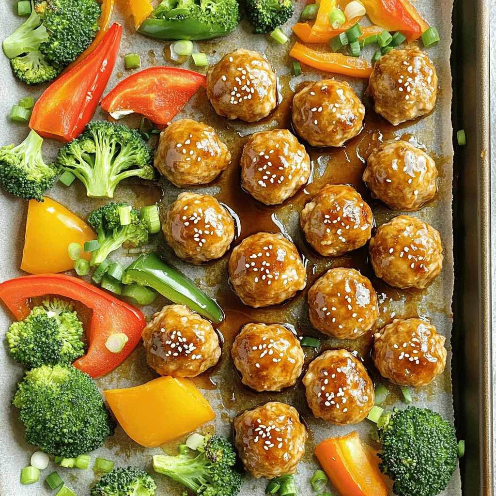 For these tasty meatballs, you need: - 1 lb ground chicken - 1/4 cup breadcrumbs - 1/4 cup grated Parmesan cheese - 1/4 cup scallions, finely chopped - 1 egg - 2 cloves garlic, minced - 1 tablespoon fresh ginger, minced - Salt and pepper to taste These ingredients create a juicy and savory base for your meatballs. Ground chicken keeps them light and tender. Breadcrumbs help bind everything together, while Parmesan adds a nice cheesy flavor. Scallions give a hint of freshness, and garlic and ginger bring warmth. Next, for the sauce, use: - 1/4 cup honey - 1/4 cup soy sauce (or tamari for gluten-free) - 1 tablespoon sesame oil The honey adds sweetness. Soy sauce brings umami depth. Sesame oil adds a nutty note, creating a balanced, rich sauce. Together, they form a great glaze that caramelizes beautifully in the oven. Finally, for the veggies and garnish, you need: - 1 cup mixed bell peppers, chopped - 1 cup broccoli florets - Sesame seeds for garnish Mixed bell peppers give a sweet crunch. Broccoli adds color and nutrition. Sesame seeds on top not only look nice but add a slight crunch, making the dish even more delicious. This combination of flavors and colors makes a feast for the eyes and the palate. First, gather your ingredients. You need ground chicken, breadcrumbs, and Parmesan cheese. Next, add finely chopped scallions, one egg, minced garlic, and fresh ginger. Season with salt and pepper. In a large bowl, mix everything well. Use your hands to combine the ingredients. This ensures each meatball has great flavor. Now, shape the mixture into meatballs. Aim for about one inch in diameter. This size helps them cook evenly. Place the meatballs on a lined baking sheet. Make sure they have space between them. This helps them brown nicely. Preheat your oven to 400°F (200°C). While it heats, prepare the sauce. Whisk together honey, soy sauce, and sesame oil in a small bowl. Drizzle half of this sauce over the meatballs. Add chopped bell peppers and broccoli florets around them on the baking sheet. Drizzle the rest of the sauce over the veggies. Bake the tray in the oven for 20-25 minutes. Check that the meatballs are cooked through and golden. For extra crispiness, broil for 2-3 minutes at the end. When done, sprinkle sesame seeds on top for a nice finish. Enjoy your meal! To make moist meatballs, start with ground chicken. It has a nice fat content. Next, add breadcrumbs for texture. They help keep the meatballs juicy. Don't skip the egg; it acts as a binder. Mix all the ingredients gently. Over-mixing can make them tough. When shaping, form them softly. This keeps them light and airy. To bake meatballs evenly, preheat your oven to 400°F (200°C). Line your baking sheet with parchment paper. This prevents sticking and makes cleanup easy. Place meatballs on the sheet with space between them. This helps hot air circulate. Add veggies around the meatballs for extra flavor. The mixed bell peppers and broccoli will cook well together. For a beautiful presentation, use a large platter. Arrange the meatballs and veggies artfully. Drizzle extra honey garlic sauce on top. Sprinkle sesame seeds over everything for crunch. You can also add fresh scallions for a pop of color. This makes your dish look as good as it tastes. Serve hot for the best experience. {{image_2}} You can easily make this dish gluten-free. Simply swap out the breadcrumbs. Use gluten-free breadcrumbs or crushed gluten-free crackers. For the soy sauce, choose tamari instead. This keeps the flavor while making it safe for those with gluten issues. If you want a different protein, ground turkey works great. It has a mild flavor and stays moist. You can also use ground pork or beef. Just be mindful of the cooking time. Each protein may require a slight adjustment. Feel free to change the veggies to your liking. Zucchini or snap peas add a nice crunch. Carrots or green beans also work well. You can mix and match based on what you have. This keeps the dish fresh and exciting every time you make it. To store leftovers, let the meatballs cool down to room temperature. Then, place them in an airtight container. You can store the meatballs and veggies together or separately. Keep them in the fridge for up to three days. If you want to store them longer, freeze the meatballs. Use freezer-safe bags or containers. They can last up to three months in the freezer. When you're ready to eat the leftovers, you can reheat them easily. If they are in the fridge, heat them in the oven at 350°F (175°C) for about 10-15 minutes. If you're in a hurry, you can use the microwave. Heat in 30-second intervals, checking often. For frozen meatballs, thaw them overnight in the fridge. Then, follow the same reheating steps. Meal prep is a great way to save time. You can make a big batch of meatballs ahead of time. Shape and bake the meatballs, then let them cool. Store them in meal prep containers with your choice of veggies. This way, you can grab a meal when you need it. Feel free to mix and match sides like rice or quinoa for variety. Yes, you can use frozen chicken. However, make sure to fully thaw it first. Thawing helps the chicken mix well with other ingredients. It also ensures even cooking. If you skip this step, the meatballs may not cook through properly. Always check that the chicken reaches an internal temperature of 165°F. To keep meatballs moist, use ground chicken with some fat. Adding breadcrumbs and Parmesan cheese helps too. The egg in the mix binds everything and adds moisture. Be careful not to overbake the meatballs. Check them around the 20-minute mark. If they feel firm, they are done. You can also drizzle some sauce on them before serving for extra moisture. You can easily change the sauce flavor. Try adding sriracha for heat or lime juice for tang. Use different types of honey, like wildflower honey, for a unique twist. You can also mix in some fresh herbs like cilantro or basil. Experiment with spices too. A pinch of red pepper flakes can add warmth and flavor. You now have a clear path to making delicious chicken meatballs. We covered key ingredients, from meat to seasonings, and even vegetables. The step-by-step process ensures you shape, bake, and broil them to perfection. Plus, the tips I shared will help keep your meatballs moist and tasty. Don’t forget the fun variations to match your needs or tastes! Whatever you choose, these meatballs are a great way to enjoy meals. I hope you feel inspired to try these recipes and tips soon. Happy cooking!