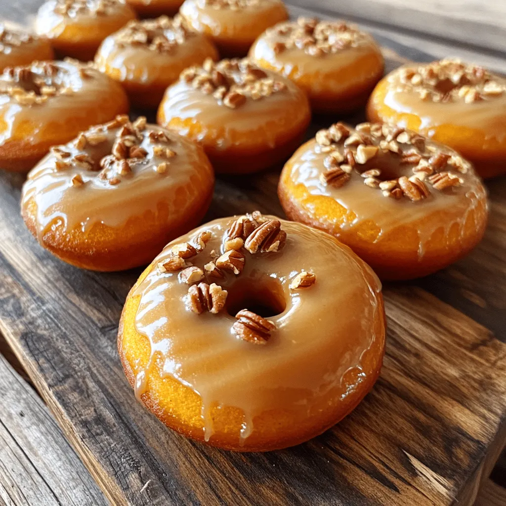 - 1 cup pumpkin puree - 2 cups all-purpose flour - 1/2 cup brown sugar - 1/2 cup granulated sugar - 2 teaspoons baking powder - 1/2 teaspoon baking soda - 1 teaspoon pumpkin pie spice - 1/2 teaspoon cinnamon - 1/2 teaspoon salt - 1/2 cup plain yogurt or sour cream - 2 large eggs - 1/4 cup melted coconut oil or unsalted butter - 1 teaspoon vanilla extract - Maple glaze (1 cup powdered sugar, 2 tablespoons maple syrup, 1-2 tablespoons milk) - Optional: Chopped pecans or walnuts for topping If you need to convert measurements, here are some quick tips: - 1 cup = 8 fluid ounces - 1/2 cup = 4 fluid ounces - 1 teaspoon = 5 milliliters - 1 tablespoon = 15 milliliters Use these conversions to keep your baking precise. You can make tasty swaps if you don't have certain ingredients: - Use applesauce instead of pumpkin puree for a different flavor. - Swap all-purpose flour with whole wheat flour for added nutrition. - If you lack yogurt, sour cream works well. - Coconut oil can be replaced with unsalted butter for a richer taste. - If you want a nut-free option, skip the pecans or walnuts on top. These substitutions can change the taste and texture, but they still yield great donuts! Start by gathering all your ingredients. You need pumpkin puree, brown sugar, flour, and more. Preheat your oven to 350°F (175°C). Grease your donut pan well so the donuts come out easily. This step is key to a great donut. In a large bowl, whisk together the pumpkin puree, brown sugar, and granulated sugar. Add plain yogurt, eggs, melted coconut oil, and vanilla extract. Mix until it is smooth and creamy. In another bowl, combine the flour, baking powder, baking soda, pumpkin pie spice, cinnamon, and salt. Stir well to mix the dry ingredients. Now, add the dry mix to the wet mix. Stir gently until just combined. Be careful not to overmix. This will help keep your donuts light and fluffy. Spoon or pipe the batter into each donut cavity. Fill them about two-thirds full. Bake in your preheated oven for 12-15 minutes. Check doneness by inserting a toothpick into a donut. If it comes out clean, they are ready. After baking, cool the donuts in the pan for 5 minutes. Then move them to a wire rack to cool completely. While your donuts cool, make the maple glaze. In a bowl, whisk together powdered sugar, maple syrup, and a bit of milk. Adjust the milk until you like the glaze's texture. Once cooled, dip the tops of the donuts in the glaze. If you like, add chopped pecans or walnuts on top for extra crunch. For soft donuts, use fresh pumpkin puree. It adds moisture and flavor. Mix the wet and dry ingredients gently. Overmixing can make the donuts dense. Fill the donut pan only two-thirds full. This helps them rise without spilling over. One common mistake is skipping the cooling step. Letting the donuts cool helps them set properly. Another mistake is not measuring ingredients accurately. Use a kitchen scale for best results. This ensures you have the right amounts for perfect donuts. Make your glaze while the donuts cool. Whisk powdered sugar with maple syrup and milk until smooth. Adjust the milk for thicker or thinner glaze. Dip the tops of the donuts in the glaze. Let the excess drip off before adding toppings like nuts. This keeps them from getting soggy. {{image_2}} You can make these donuts healthier with easy swaps. Use whole wheat flour instead of all-purpose flour. This adds fiber and nutrients. You can also replace brown sugar with coconut sugar. It has a lower glycemic index. For a lighter option, swap yogurt for Greek yogurt. This gives you more protein. Try using unsweetened applesauce in place of some oil. It keeps the donuts moist while cutting fat. Want to boost the flavor? Add chocolate chips to the batter. They melt perfectly and enhance the sweet taste. You can also mix in extra spices, like nutmeg or ginger. They add warmth to each bite. For a fun twist, toss in dried cranberries or raisins. These add a chewy texture and fruity notes. Get creative with toppings! Instead of the maple glaze, try a chocolate glaze. Melt dark chocolate and dip the tops of the donuts. For a nutty crunch, use chopped pecans or walnuts. You can also top with shredded coconut or a sprinkle of sea salt. For a fall touch, dust with powdered sugar and cinnamon. This gives a festive look and taste. To keep your maple pumpkin spice donuts fresh, store them in an airtight container. This will help prevent them from drying out. Place them at room temperature for up to three days. If you have extra donuts, you can store them in the fridge. Just remember to seal them well to keep them moist. Freezing is a great way to save leftover donuts. First, let them cool completely. Then, wrap each donut in plastic wrap. Place the wrapped donuts in a freezer-safe bag or container. This method helps keep them fresh for up to three months. When you're ready to enjoy one, just take it out and let it thaw at room temperature. Reheating your donuts brings back their fresh taste. For best results, use an oven. Preheat your oven to 350°F (175°C). Place the donuts on a baking sheet for about 5-7 minutes. You can also use a microwave. Heat them for about 10-15 seconds. Just be careful not to overheat them, or they might become tough. Enjoy your warm, tasty treats! Yes, you can use canned pumpkin. It saves time and gives good flavor. Look for pure pumpkin, not pumpkin pie filling. Canned pumpkin has a smooth texture that works well in the batter. If you use it, measure one cup just as you would with fresh pumpkin. To check if your donuts are baked, insert a toothpick into the center. If it comes out clean or with a few crumbs, they are done. Bake for 12-15 minutes at 350°F. Keep an eye on them to avoid overbaking. The edges should look firm and slightly golden. Absolutely! You can swap the all-purpose flour for a gluten-free blend. Look for one that works well in baking. Make sure it has a good mix of starches and flours for the best texture. You may need to adjust baking time slightly. If your donuts turn out dense, it may be due to overmixing or too much flour. Always mix until just combined. If you think you added too much flour, try spooning it into the measuring cup without packing it down. If the batter seems too thick, you can add a splash of milk or yogurt to lighten it up. In this post, we explored how to make perfect donuts. We covered ingredients, including substitutions and conversions. We provided step-by-step instructions for preparation and baking. You learned tips for texture and glazing, plus ways to avoid common mistakes. We even discussed healthier swaps and flavor additions. Lastly, we went over best storage practices and answered key FAQs. With these insights, you can create delicious donuts every time. Enjoy baking and sharing your treats!