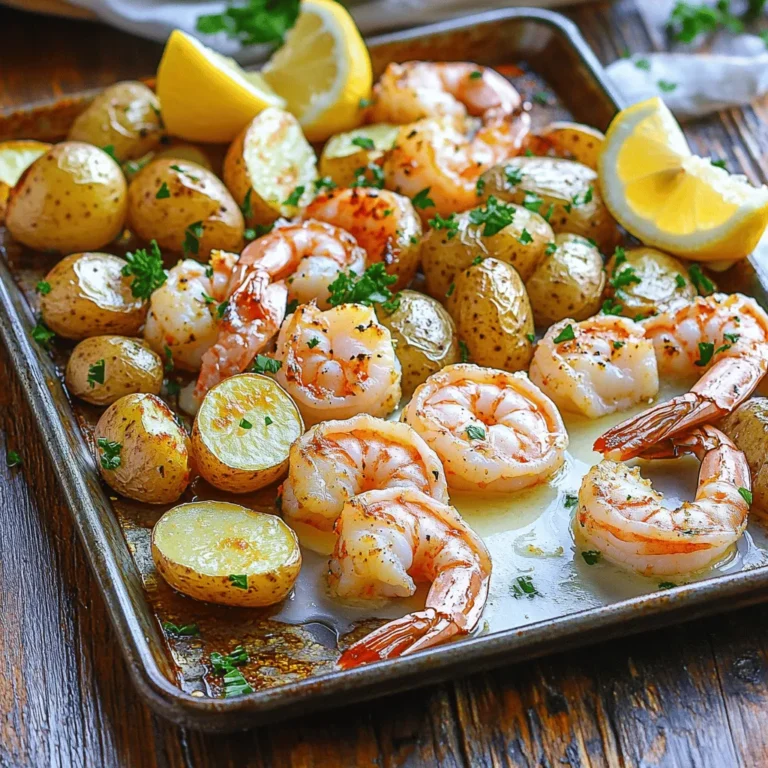 - 1 pound large shrimp, peeled and deveined - 1 pound baby potatoes, halved - 6 tablespoons unsalted butter, melted - 5 cloves garlic, minced - 1 lemon, juiced and zested The main ingredients form the base of this dish. Large shrimp give a sweet taste. Baby potatoes add heartiness and texture. Butter brings richness. Garlic adds a punch of flavor, while lemon brightens everything up. - 1 teaspoon smoked paprika - 1 teaspoon dried oregano - Salt and pepper to taste Seasonings are key to enhancing the dish. Smoked paprika gives a warm, smoky taste. Dried oregano adds a hint of earthiness. Salt and pepper balance the flavors and bring everything together. - 2 tablespoons fresh parsley, chopped (for garnish) - Lemon wedges (for serving) Garnishing adds a fresh touch. Chopped parsley makes the dish look vibrant. Lemon wedges offer a burst of extra flavor. They make each bite even more refreshing. - Preheat Oven: First, set your oven to 400°F (200°C). This heat helps cook everything evenly. - Preparing Potatoes: Grab 1 pound of baby potatoes. Cut them in half. This size helps them cook fast. - Mixing Ingredients: In a large bowl, mix the halved potatoes with 3 tablespoons of melted butter. Add 2 cloves of minced garlic, lemon juice, lemon zest, 1 teaspoon smoked paprika, 1 teaspoon dried oregano, salt, and pepper. - Coating Potatoes: Stir everything well. This step ensures each potato gets the tasty mix. - Initial Roasting of Potatoes: Spread the seasoned potatoes in one layer on a large sheet pan. Roast them in the oven for 20 minutes. This makes them tender and nice. - Adding Shrimp and Final Roasting: While the potatoes cook, toss 1 pound of shrimp with the remaining melted butter, garlic, salt, and pepper. After 20 minutes, take the pan out. Push the potatoes to one side. Pour the shrimp on the other side. Roast for another 8-10 minutes. The shrimp should turn pink and opaque. The potatoes will be soft. To get shrimp just right, follow these tips. First, cook shrimp for 8-10 minutes. The shrimp should turn pink and opaque when done. Watch closely, as shrimp cook fast. Overcooking makes shrimp tough and rubbery. To avoid overcooking, pull the shrimp out as soon as they change color. If you see them curling tightly, stop cooking right away. Shrimp should be firm but tender. You can boost flavors easily. Try adding a pinch of red pepper flakes for some heat. If you like a sweeter taste, mix in a bit of honey or brown sugar. For more depth, consider marinating the shrimp. Use lemon juice, olive oil, and fresh herbs to soak the shrimp for 30 minutes. This makes the shrimp even tastier. Using parchment paper helps with cleanup. It prevents sticking and makes serving easier. Lay it flat on the sheet pan before adding your food. Proper spacing is key, too. Give shrimp and potatoes room to cook evenly. If ingredients crowd each other, they won't brown nicely. Spread them out to achieve that perfect crisp. {{image_2}} Substituting Shrimp with Chicken You can swap shrimp for chicken easily. Use boneless, skinless chicken thighs or breasts. Cut the chicken into bite-sized pieces. Follow the recipe as you would with shrimp. Chicken takes a bit longer to cook, so roast it for 20-25 minutes. Ensure it reaches 165°F (75°C) for safety. Vegetarian Alternatives If you prefer a meat-free dish, try using tofu or chickpeas. Cut tofu into cubes and marinate it in the garlic butter mix. For chickpeas, use canned ones for ease. Drain and rinse them. Mix them with the same seasonings and toss them in the pan. Both options add protein while keeping it delicious. Incorporating Asparagus Asparagus brings a fresh crunch. Cut the asparagus into 2-inch pieces. Add it to the sheet pan alongside the potatoes. It cooks well at the same temperature and time. The bright green color adds both nutrition and visual appeal. Adding Bell Peppers Bell peppers add sweetness and color to the dish. Slice them into strips or chunks. Mix them with the potatoes before roasting. They will caramelize beautifully and enhance the flavors of the garlic butter. Using Different Seasonings Feel free to get creative with seasonings. Try adding chili flakes for heat or Italian herbs for a twist. You can also use garlic powder if you want a different garlic flavor. Mix and match to find your favorite blend. Experimenting with Citrus Citrus fruits can brighten the dish. Besides lemon, try lime or orange juice. Zest adds a lovely aroma, too. Just replace the lemon with your chosen citrus. This small change can make a big difference in taste. - How Long It Lasts in the Fridge You can store Garlic Butter Shrimp Potatoes in the fridge for up to three days. After that, the shrimp may lose flavor and texture. - Proper Containers Use an airtight container for best results. Glass or plastic containers work well. Make sure the lid seals tightly to keep air out. - Best Methods for Reheating The best way to reheat this dish is in the oven. Preheat the oven to 350°F (175°C). Place the shrimp and potatoes on a baking sheet. Heat for about 10 minutes or until warm. - Maintaining Texture and Flavor Cover the dish with foil while reheating. This keeps the shrimp moist and the potatoes tender. Avoid the microwave if you can, as it may make the shrimp rubbery. - Compatibility with Freezing You can freeze Garlic Butter Shrimp Potatoes for up to three months. However, the shrimp's texture may change after freezing. - Tips for Thawing To thaw, place the dish in the fridge overnight. You can also use a microwave on the defrost setting. Once thawed, reheat it in the oven to restore texture. Yes, you can use frozen shrimp. Just make sure to thaw them first. To thaw, place them in cold water for about 15 minutes. Cooking time may change a bit. If the shrimp are still icy, add a few more minutes to the cooking time. This helps them cook evenly. Always check for doneness before serving. This dish pairs well with several sides. Here are some tasty options: - Steamed broccoli - Mixed green salad - Garlic bread - Rice or quinoa - Grilled vegetables These sides add color and balance to your meal. They also help soak up the delicious garlic butter sauce. Look for a few signs to know when shrimp are ready: - The color changes to pink. - They become opaque. - The texture firms up. Cooked shrimp should curl slightly but not be tight. If they look like a “C” shape, they are perfect. Always check a few to be sure. Enjoy your meal! This recipe walks you through making Garlic Butter Shrimp and Potatoes. Start with fresh shrimp, baby potatoes, garlic, and seasonings. Pan-roast them to get great flavor and texture. I shared tips on cooking shrimp right, storing leftovers, and even mixing it up with other proteins and veggies. Enjoying this dish makes any meal special. Remember, cooking is all about exploring new flavors. Dive in and try different ideas to make it yours!