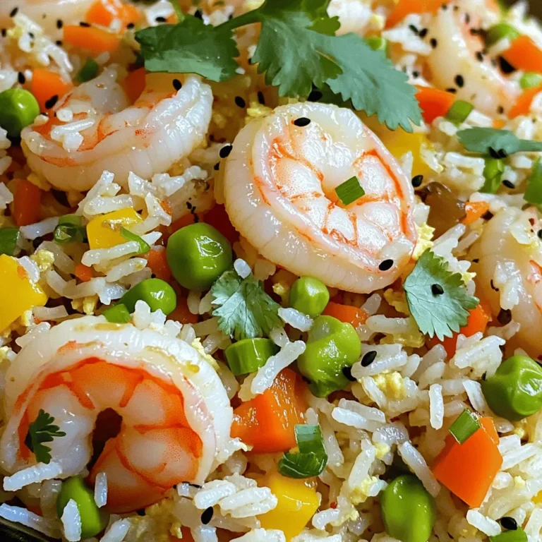 - 1 cup uncooked jasmine rice - 1 pound shrimp, peeled and deveined - 2 tablespoons vegetable oil - 4 cloves garlic, minced - 1 tablespoon fresh ginger, grated - 3 tablespoons soy sauce - 1 tablespoon sesame oil - 1 small onion, finely chopped - 1 carrot, diced - 1 bell pepper (any color), diced - 4 green onions, chopped - Fresh cilantro for garnish (optional) Gathering these ingredients sets you up for a great meal. Jasmine rice gives a lovely aroma and texture. Shrimp adds protein and a sweet, fresh taste. The vegetable oil helps cook everything perfectly. Garlic and ginger bring warmth and depth. Soy sauce adds that savory umami kick. Sesame oil offers a nutty finish, making it all come together. For veggies, the onion, carrot, and bell pepper add crunch and color. Green onions provide a fresh bite, while cilantro adds a hint of brightness, if you choose to use it. This mix makes your Garlic Ginger Shrimp Fried Rice not just tasty, but also a feast for the eyes. Each ingredient plays a key role in creating a balanced and delicious dish. To start, rinse 1 cup of jasmine rice under cold water. This step removes extra starch. Now, combine the rinsed rice with 2 cups of water in a pot. Bring this mix to a boil. Then, reduce the heat, cover, and simmer for 15-20 minutes. After cooking, fluff the rice with a fork. Let it cool down completely for best results. Next, heat 2 tablespoons of vegetable oil in a large skillet over medium-high heat. Add 4 cloves of minced garlic and 1 tablespoon of grated ginger. Sauté them for about 30 seconds until they smell amazing. Now, toss in 1 pound of peeled and deveined shrimp. Cook the shrimp for 2-3 minutes, until they turn a lovely pink color. Once done, remove the shrimp from the skillet and set aside. In the same skillet, add 1 small chopped onion, 1 diced carrot, and 1 diced bell pepper. Stir-fry these vegetables for 4-5 minutes. You want them to be tender but still bright in color. This will add great texture and flavor to your meal. Now, push the vegetables to one side of the skillet. Pour in 2 beaten eggs into the empty space. Scramble the eggs until they are fully cooked. Then, mix everything together. Next, add the cooled jasmine rice and the cooked shrimp back into the skillet. Pour in 3 tablespoons of soy sauce and 1 tablespoon of sesame oil. Stir-fry everything together for an additional 3-4 minutes. Season with salt and pepper to taste. Finally, garnish with chopped green onions and fresh cilantro if you like. Enjoy your meal! Using jasmine rice matters. It gives the dish a light and fragrant flavor. To cool rice, spread it on a tray after cooking. This step helps keep the grains separate and fluffy. Always devein your shrimp. This improves the taste and texture. For perfect shrimp, cook them until they turn pink and opaque. This usually takes 2-3 minutes. Do not overcook them; they can become rubbery. Adjust soy sauce based on your taste. Start with 3 tablespoons and add more if needed. For extra zing, try adding a pinch of red pepper flakes or a dash of lime juice. These spices can brighten up your fried rice. {{image_2}} You can switch the shrimp for chicken or tofu. Chicken adds a hearty feel. Tofu gives a great plant-based option for vegetarians. Both options cook quickly and absorb flavor well. You might also try other seafood like scallops or crab. Scallops are sweet and pair well with ginger. Crab adds a rich and special touch. Each protein option gives a new twist to your dish. Adding more veggies boosts nutrition and flavor. You can use peas, broccoli, or snap peas. They add color and crunch. Consider seasonal vegetables too. In summer, zucchini and corn shine bright. In winter, you can add kale or Brussels sprouts. Each season brings new tastes to your fried rice. Try using brown rice or cauliflower rice. Brown rice is whole grain and has more fiber. It takes longer to cook but is worth the wait. Cauliflower rice is a low-carb option. It cooks fast and has a mild taste. Both choices keep your dish healthy while changing the texture. To store leftover Garlic Ginger Shrimp Fried Rice, first let it cool. Place it in an airtight container. Make sure to seal it well to keep the flavors fresh. You can keep it in the fridge for up to four days. After that, it’s best to freeze it. To freeze your fried rice, let it cool completely. Then, scoop portions into freezer bags. Remove as much air as possible before sealing. Label the bags with the date. This way, you know how long it’s been. When you want to eat it, thaw it overnight in the fridge. For reheating, use the microwave or a skillet. Add a splash of water to keep it moist. You can prep parts of the dish ahead of time. Cook the rice a day before and store it in the fridge. Chop the vegetables and shrimp in advance too. This will save time on busy nights. When you’re ready to cook, just stir-fry everything together! This way, you can enjoy a tasty meal without stress. You can tell shrimp are done when they turn pink and curl slightly. The shrimp should feel firm to the touch. Overcooked shrimp become tough and rubbery. To avoid this, cook them for just 2-3 minutes. Remove them from heat as soon as they change color. Yes, you can make this dish ahead of time. It tastes great the next day. To keep the flavors fresh, store it in an airtight container in the fridge. When you reheat, add a splash of water to steam it. This helps keep the rice moist. You can serve Garlic Ginger Shrimp Fried Rice with a simple salad. A cucumber salad or a green salad works well. For dipping sauces, try soy sauce or sweet chili sauce. These options enhance the flavors and make your meal more exciting. Garlic Ginger Shrimp Fried Rice is a simple, tasty meal. We covered the key ingredients, like jasmine rice and shrimp, for great flavor. Following my step-by-step guide helps you cook the shrimp and stir-fry veggies easily. Try the tips for perfect rice and shrimp. Customize your dish with different proteins and veggies. Store leftovers properly to enjoy later. This meal is fun to make and share. Enjoy your tasty fried rice adventure!