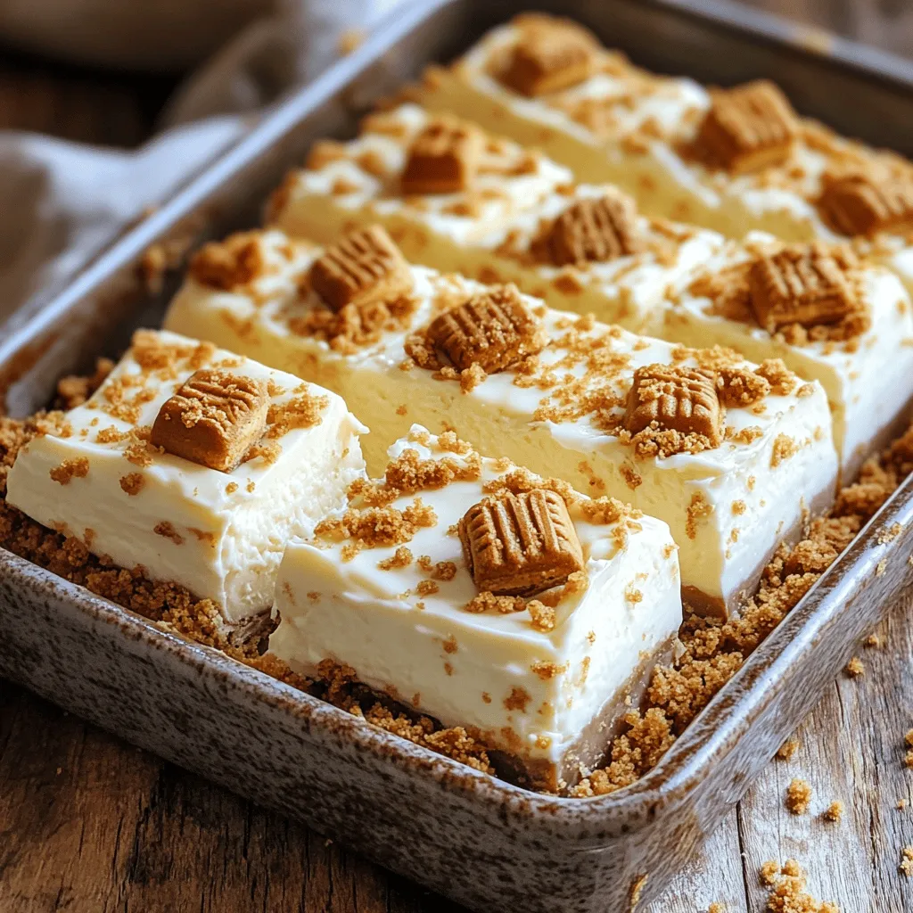 Here’s what you need to make No-Bake Lotus Biscoff Cheesecake Bars. Each ingredient plays a big role in the taste and texture of the bars. - 300g Lotus Biscoff biscuits, crushed - 150g unsalted butter, melted - 400g cream cheese, softened - 250g powdered sugar - 200ml heavy cream - 100g Lotus Biscoff spread - 1 teaspoon vanilla extract - A pinch of salt - Extra crushed Biscoff biscuits for topping The Lotus Biscoff biscuits create a crunchy base. The melted butter helps bind them together. Cream cheese adds creaminess, while powdered sugar sweetens the filling. Heavy cream makes it light and fluffy. Lotus Biscoff spread brings that delicious caramel flavor. Vanilla extract adds warmth, and a pinch of salt balances the sweetness. Finally, extra crushed biscuits give a nice touch on top. Make sure to gather these ingredients before you start. It makes the process smooth and easy. Enjoy the fun of creating this delightful treat! To start, you need to prepare the base for your cheesecake bars. First, take 300g of crushed Lotus Biscoff biscuits and place them in a mixing bowl. Next, add 150g of melted unsalted butter to the crumbs. Mix them together until all the crumbs are coated and it feels like wet sand. This step is key for a strong base. Now, take a lined 9x9 inch baking dish. Press the biscuit mix firmly into the bottom. Use the back of a measuring cup for an even layer. This creates a stable foundation for your cheesecake. Once done, place the dish in the fridge while you work on the filling. Next, it's time to make the cheesecake filling. In a separate bowl, beat 400g of softened cream cheese with 250g of powdered sugar. Mix until the blend is smooth and creamy. This is where the magic begins! In another bowl, whip 200ml of heavy cream until it forms stiff peaks. This means it should hold its shape when you lift the whisk. Then, gently fold the whipped cream into the cream cheese mixture. This keeps your filling light and airy, which is so important for a cheesecake. Now for the fun part! Stir in 100g of Lotus Biscoff spread, 1 teaspoon of vanilla extract, and a pinch of salt into the cream cheese mixture. Mix until everything is combined and fluffy. Pour this creamy filling over your chilled biscuit base. Smooth it out evenly with a spatula. Cover the dish with cling film or foil. Place it in the fridge for at least 4-6 hours, or even better, overnight. This chilling time helps the cheesecake set properly. Once set, lift the cheesecake bars out of the dish using the parchment paper. Cut them into squares or bars. For the final touch, sprinkle extra crushed Biscoff biscuits on top. Enjoy your no-bake Lotus Biscoff cheesecake bars! To achieve a smooth cheesecake filling, start with softened cream cheese. Cold cream cheese can make lumps. I suggest letting it sit out for about 30 minutes before mixing. Beat the cream cheese with powdered sugar until it's creamy and smooth. Whipping the heavy cream is also key. Beat it until you see stiff peaks. This lightens the filling and gives it a lovely texture. Gently fold the whipped cream into the cream cheese mixture. Use a spatula to keep it airy. Chilling time is very important. After assembling, cover the dish and refrigerate for at least 4-6 hours. Overnight is best. This allows the cheesecake to set well, making it easier to cut. For a lovely garnish, sprinkle extra crushed Biscoff biscuits on top. This adds crunch and looks great. You can also drizzle some melted Biscoff spread over the bars for an extra sweet touch. When serving, cut the bars into squares or rectangles. Use a sharp knife for clean edges. You can serve them plain or with a dollop of whipped cream on the side. Enjoying them with a cup of coffee or tea enhances the flavors. {{image_2}} You can make these cheesecake bars even more exciting! Adding different extracts can change the taste. Try almond extract for a nutty twist. A splash of lemon extract can give a fresh zing. You can also mix in flavors like chocolate. Melted chocolate or cocoa powder pairs well with the Biscoff flavor. For a fruity touch, consider adding pureed strawberries or raspberries. These flavors can brighten up the bars and surprise your taste buds! Switching up the base can create fun new textures. You can use other types of biscuits if you want. Digestive biscuits or graham crackers work great too. They add a different flavor while still being tasty. If you need a gluten-free option, look for gluten-free biscuits. This way, everyone can enjoy the treat! Just make sure to crush them well and mix with butter, just like the original recipe. To keep your No-Bake Lotus Biscoff Cheesecake Bars fresh, choose the right container. I recommend using an airtight container. This will help maintain the bars' creamy texture. Make sure to line the container with parchment paper to make removal easy later. Refrigerate the bars at a temperature below 40°F (4°C). They can stay fresh for about 5 to 7 days. Always cover them well to avoid absorbing odors from your fridge. Freezing is a great way to save leftover cheesecake bars. To freeze, cut the bars into squares first. Wrap each piece in plastic wrap, then place them in a freezer-safe bag. This prevents freezer burn and preserves flavor. When you want to enjoy a bar, simply take it out of the freezer. Place it in the fridge for a few hours to thaw. For best results, do not thaw them at room temperature. This keeps the texture smooth and creamy. These bars can last up to five days in the fridge. Make sure to store them in an airtight container. This helps keep them fresh and tasty. I enjoy making them ahead for gatherings. They always impress! Yes, you can use any cream cheese you prefer. Full-fat cream cheese gives the best flavor and texture. Low-fat cream cheese works, but it may alter the taste slightly. Just keep in mind that the bars may not be as rich. If you don't have Lotus Biscoff spread, try using cookie butter or another sweet spread. Nut butters can also work, but they change the flavor. For a different twist, consider using chocolate spread for a rich taste. You can swap to low-fat cream cheese and heavy cream. The bars will still taste good, but they might not be as creamy. Adjust the powdered sugar to balance the flavors. It’s a great way to enjoy dessert while being mindful of calories! This blog post guides you through making No-Bake Lotus Biscoff Cheesecake Bars. We covered the right ingredients, step-by-step instructions, and tips for the best texture. You learned decoration ideas and flavor variations, plus how to store and freeze your bars. Remember, the key to a great cheesecake lies in the chilling time and creamy texture. Enjoy exploring your creative side with flavors and decorations. Now, you have all the tools to make delicious treats that everyone will love.