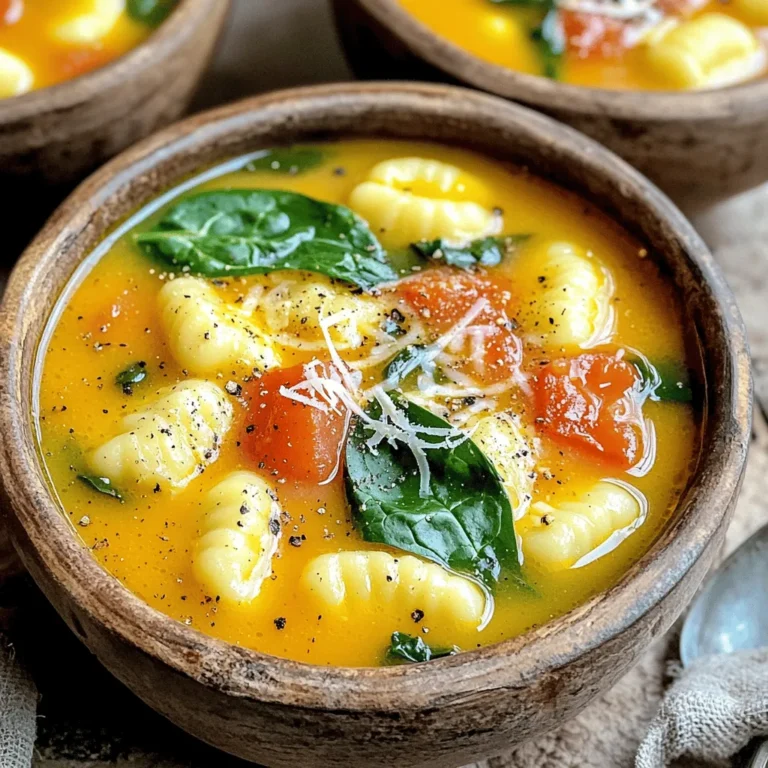 - 1 tablespoon olive oil - 1 medium onion, diced - 3 cloves garlic, minced - 2 medium carrots, diced - 2 celery stalks, diced - 4 cups vegetable broth - 1 can (14 oz) diced tomatoes, undrained - 1 teaspoon dried Italian herbs (basil, oregano, thyme) - 1 package (16 oz) gnocchi (store-bought) - 1 cup heavy cream - 2 cups fresh spinach, roughly chopped - Salt and pepper to taste This soup is simple yet full of flavor. The olive oil adds a nice base. Onions, garlic, carrots, and celery blend well and give a rich taste. Vegetable broth and diced tomatoes provide depth and a hint of sweetness. Gnocchi is the star here. It soaks up all those tasty flavors. The heavy cream makes the soup rich and creamy. Spinach adds a fresh touch, bringing color and nutrients. Always season with salt and pepper to taste. - 1 teaspoon red pepper flakes (optional, for heat) - Grated Parmesan cheese for serving Red pepper flakes can spice things up. They add a nice kick if you like heat. Grated Parmesan cheese is a great finishing touch. It gives extra flavor and makes your soup feel gourmet. First, heat 1 tablespoon of olive oil in a skillet over medium heat. Next, dice 1 medium onion, 2 medium carrots, and 2 celery stalks. Add these to the skillet. Sauté for about 5 minutes until the vegetables soften. Then, mince 3 cloves of garlic and add them to the skillet. Sauté for an extra 1-2 minutes until fragrant. This step builds a great base for your soup. After sautéing, transfer the vegetables to the slow cooker. Pour in 4 cups of vegetable broth and add 1 can of undrained diced tomatoes. Sprinkle in 1 teaspoon of dried Italian herbs and 1 teaspoon of red pepper flakes if you like heat. Stir everything well to combine the flavors. You can cook the soup on low for 6-7 hours or high for 3-4 hours. Choose what fits your schedule best. About 30 minutes before you plan to serve, add 1 package of gnocchi to the slow cooker. Let them cook until soft. Once they are tender, reduce the heat to low. Now, stir in 1 cup of heavy cream and 2 cups of roughly chopped spinach. Let this warm for 5-10 minutes. Taste the soup and season with salt and pepper as needed. This will make your soup creamy and rich. - First, taste the soup as it cooks. Adjust the salt and pepper to your liking. - Add more Italian herbs if you want a stronger flavor. - Just before serving, sprinkle grated Parmesan on top for a rich finish. - For a creamy texture, stir the heavy cream in slowly after cooking. - Keep the slow cooker on low when you add the cream. This helps it blend well. - Avoid overcooking the gnocchi. They should be soft but still hold their shape. - Ladle the soup into bowls and top with extra Parmesan cheese. - Add a few fresh spinach leaves for color and freshness. - Serve with crusty bread or a light salad for a complete meal. {{image_2}} To make this soup vegetarian, you can swap heavy cream for coconut milk. Coconut milk adds a rich texture without meat. You can also use cashew cream for a nutty flavor. Both options keep the soup creamy and satisfying. If you want to add protein, cooked chicken or sausage works great. Just shred cooked chicken and stir it in. For sausage, slice and brown it before adding to the pot. This change makes the soup heartier and fills you up. Using fresh herbs can brighten the soup. Basil or parsley adds a fresh taste. You can also throw in seasonal veggies like zucchini or bell peppers. These veggies add color and nutrients, making the soup even better. You can store leftovers of this soup in the fridge for up to three days. Make sure to place it in an airtight container. Cool the soup before sealing to maintain freshness. When you reheat, always check for any changes in texture or flavor. If you want to keep the soup longer, freezing is a great option. Use freezer-safe containers, leaving some space at the top for expansion. The soup can last for up to three months in the freezer. When ready to eat, move it to the fridge overnight to thaw. To reheat, use a pot on low heat. Stir often to keep the texture smooth. If the soup seems thick, add a splash of broth or water to loosen it. You can also microwave it in short bursts, stirring in between. Just make sure it heats evenly to keep that creamy goodness! Yes, you can use frozen gnocchi. Frozen gnocchi cooks well in this soup. Just add it directly to the slow cooker during the last 30 minutes of cooking. You do not need to thaw it first. This saves time and keeps the soup easy to make. If you don’t have vegetable broth, you can use chicken broth. This will add a richer flavor. Water with added seasonings can also work in a pinch. Just use herbs and spices to boost the taste. To make this soup dairy-free, replace heavy cream with coconut milk. Almond milk can also work, but it may change the flavor a bit. For cheese, use a dairy-free alternative or nutritional yeast. This keeps your soup creamy and adds flavor. This blog post outlined key ingredients and steps for making a delicious soup. We talked about essential items like olive oil, vegetables, and gnocchi. You learned how to sauté, combine, and cook everything in a slow cooker. I shared tips to perfect flavor and keep a creamy texture. Try variations with proteins or seasonal veggies for a twist. Store leftovers well, and reheat to enjoy later. Now, you have the tools to create a comforting meal that you can enjoy anytime.