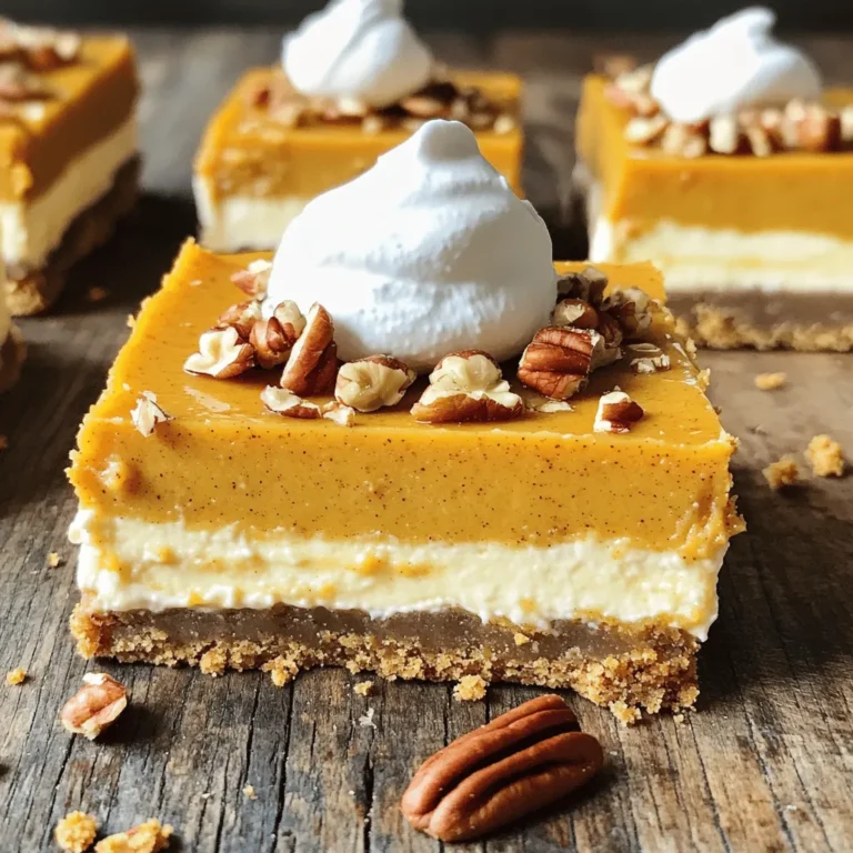 To make these pumpkin cheesecake bars, you will need a few key ingredients. Each one plays an important role in the flavor and texture of the bars. Here's a detailed list: - 1 ½ cups graham cracker crumbs: This forms the base of your bars. - ½ cup unsalted butter, melted: It helps bind the crumbs and adds richness. - 2 tablespoons brown sugar: This adds sweetness and a hint of molasses flavor. - 1 teaspoon ground cinnamon: This spice gives warmth and depth. - 1 (8 oz) package cream cheese, softened: This is the main ingredient for the filling. - ½ cup granulated sugar: This sweetens the cheesecake mixture. - 1 teaspoon vanilla extract: This adds a nice aroma and flavor. - 1 cup canned pumpkin puree: This is the star of the recipe, providing the pumpkin flavor. - 2 large eggs: These help set the filling and give it structure. - ½ teaspoon ground nutmeg: This adds a cozy, holiday taste. - ½ teaspoon ground ginger: This gives a slight zing. - 1 teaspoon cornstarch: This helps thicken the filling. - Whipped cream, for topping (optional): This adds a light, fluffy finish. - Chopped pecans or walnuts, for garnish (optional): These add crunch and flavor. Gather these ingredients to create a delicious treat that everyone will love. Each component contributes to the rich and creamy texture of the bars, making them a perfect dessert for any occasion. - Preheat your oven to 325°F (163°C). - Line an 8x8 inch baking pan with parchment paper. Leave some paper hanging over the sides. - In a bowl, combine 1 ½ cups of graham cracker crumbs, ½ cup of melted unsalted butter, 2 tablespoons of brown sugar, and 1 teaspoon of ground cinnamon. - Stir the mixture until it is well blended. - Press this mixture evenly into the bottom of the pan. Bake it for 10 minutes, then let it cool slightly. - In a clean bowl, beat 1 package of softened cream cheese with ½ cup of granulated sugar until smooth. - Mix in 1 teaspoon of vanilla extract and 1 cup of canned pumpkin puree. Blend everything until fully mixed. - Add 2 large eggs one at a time. Mix well after each egg. - Sprinkle in ½ teaspoon of ground nutmeg, ½ teaspoon of ground ginger, and 1 teaspoon of cornstarch. Stir until smooth and well combined. - Pour the pumpkin cheesecake filling over the cooled crust, spreading it out evenly. - Bake in the preheated oven for 30 to 35 minutes. The edges should set, and the center should be slightly jiggly. - Remove the pan from the oven and let it cool at room temperature for about an hour. - Refrigerate for at least 4 hours or overnight. This helps the bars set. - Once set, lift the bars out using the parchment overhang. Cut into squares or rectangles for serving. - Optionally, top each bar with whipped cream and sprinkle with chopped pecans or walnuts for extra crunch. Using fresh spices can make a big difference. Fresh spices have stronger flavors. They add more depth to your bars. If you have them, use whole spices and grind them yourself. This will enhance the taste. Adjusting sweetness can also change your bars. If you like it sweeter, add more sugar. If you prefer less sweetness, cut back. Always taste your filling before baking. This helps you get it just right. Testing doneness is key. Your bars should be set at the edges. The center should be slightly jiggly. A toothpick inserted should come out clean but not dry. This shows your bars are done. Cooling time is important as well. Let your bars cool at room temperature for one hour. Then, refrigerate them for at least four hours. This helps them set properly and makes them easier to cut. Topping options can make your bars even better. Whipped cream adds a light touch. Chopped pecans or walnuts give a nice crunch. You can also try a drizzle of caramel or chocolate. Serving with ice cream or coffee enhances the experience. Vanilla ice cream pairs well with the pumpkin flavor. A hot cup of coffee can balance the sweetness. Try different combinations to find your favorite! {{image_2}} For a twist on the classic crust, try a nut-based crust. You can use ground almonds or pecans mixed with melted butter. This adds a rich, nutty flavor that complements the pumpkin well. Another great option is a cookie crumb crust. You can use crushed gingersnap cookies or chocolate cookies. Just mix them with butter, press into the pan, and bake. This adds a fun and different taste to your cheesecake bars. Want to jazz up your pumpkin cheesecake bars? You can add chocolate swirls. Just melt some chocolate and swirl it into the pumpkin filling before baking. It creates a beautiful marbled effect. Maple syrup is another delicious add-in. Mixing in a few tablespoons will give your bars a sweet and cozy flavor. It pairs perfectly with pumpkin and spices. If you're looking for a vegan version, you can swap cream cheese for a plant-based cream cheese. Use flax eggs instead of regular eggs. Just mix one tablespoon of flaxseed meal with three tablespoons of water for each egg. For gluten-free adaptations, replace graham cracker crumbs with gluten-free crumbs. You can also use almond flour or crushed gluten-free cookies. This way, everyone can enjoy these tasty treats! To keep your pumpkin cheesecake bars fresh and tasty, use airtight containers. This keeps moisture out and prevents any odors from other foods. Always let the bars cool completely before storing. If you don’t, they may get soggy. Store the bars in the fridge if you plan to eat them within a week. They will stay good for about five days. For best taste, serve them cold straight from the fridge. You can freeze pumpkin cheesecake bars for longer storage. To freeze, first, cut the bars into pieces. Wrap each piece in plastic wrap, then place them in a freezer bag. Make sure to remove as much air as possible to prevent freezer burn. When you want to enjoy a bar, take it out and let it thaw in the fridge overnight. You can also thaw them at room temperature for about an hour. Serve them chilled or at room temperature. For a treat, top with whipped cream and nuts right before serving. Yes, you can make Pumpkin Cheesecake Bars ahead of time. I recommend chilling them for at least four hours. This time allows the flavors to blend and the texture to set perfectly. If you want to prepare them even earlier, you can make them the day before. Just store them in the fridge until you're ready to serve. To tell when your cheesecake bars are done, look for a few key signs. The edges should be set and the center should be slightly jiggly. This slight jiggle means the filling will firm up as it cools. If the bars puff up too much or crack, they may be overbaked. Trust your eyes and check them closely as they bake. Yes, you can substitute the cream cheese if you want a non-dairy option. Use a plant-based cream cheese for a similar texture. You can also try silken tofu blended until smooth. Both options work well in this recipe and keep the flavors rich. Just make sure to adjust the sweetness if needed. This article covered the key steps to make delicious pumpkin cheesecake bars. We discussed ingredients, preparation, and baking, plus tips for perfect flavor and texture. You learned about variations and storage options to fit your needs. Remember, you can customize this treat in many ways. Enjoy serving these bars at your next gathering, or keep them for yourself. Simple, fun, and tasty, these bars are a great addition to any dessert table. Happy baking!