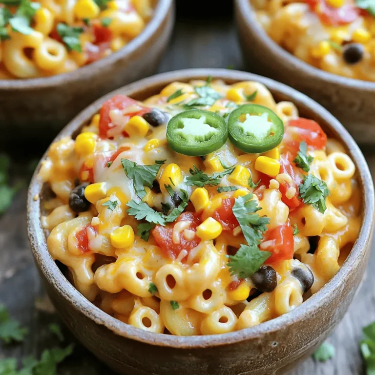- 2 cups elbow macaroni - 1 pound ground turkey or beef - 1 packet taco seasoning - 4 cups chicken or vegetable broth - 1 cup diced tomatoes with green chilies (canned) - 1 cup shredded cheddar cheese - 1 cup shredded Monterey Jack cheese - 1 cup cream cheese, cubed - 1/2 cup corn (frozen or canned) - 1/2 cup black beans, rinsed and drained - 1 tablespoon olive oil - Salt and pepper to taste - Fresh cilantro, chopped - Sliced jalapeños (for garnish, optional) - You can swap ground turkey for ground chicken or beef. - Use vegetable broth for a vegetarian option. - If you don’t have cream cheese, try sour cream or Greek yogurt. - For a different cheese flavor, mix in pepper jack or gouda. - You can replace black beans with pinto beans or chickpeas. - Use gluten-free pasta if you need a gluten-free dish. First, grab a large pot and heat up one tablespoon of olive oil over medium heat. Add one pound of ground turkey or beef to the pot. Cook it for about 5 to 7 minutes until it turns brown. Make sure to stir it often so it cooks evenly. If there is extra fat, drain it out. Next, sprinkle the taco seasoning packet over the meat. Mix it well for about two minutes. This allows the meat to soak up all the tasty flavors. Now it's time to add some liquid. Pour in four cups of chicken or vegetable broth. Then, add two cups of elbow macaroni. Bring this mixture to a boil. Once it’s boiling, reduce the heat to simmer and cover the pot. Let it cook for 8 to 10 minutes. Stir it occasionally to keep the pasta from sticking. You want the macaroni to be al dente when done. After that, stir in one cup of diced tomatoes with green chilies, half a cup of corn, and half a cup of rinsed black beans. Mix everything well so all the flavors blend together. Next, turn the heat to low. Add one cup of cubed cream cheese, one cup of shredded cheddar cheese, and one cup of Monterey Jack cheese to the pot. Stir until the cheese melts completely and the mixture becomes creamy. If it seems too thick, you can add a splash of water or broth. Finally, taste it and season with salt and pepper to your liking. Let it sit for a few minutes to thicken up before you serve. To boost the flavor, use fresh spices. Try adding cumin or paprika to the meat. You can also mix in some garlic powder for added depth. If you like heat, toss in chopped jalapeños while cooking the meat. You can adjust the taco seasoning too, based on your taste. More seasoning makes it spicier and more flavorful. Don’t forget to taste as you go! Creaminess is key in this dish. Use a good quality cream cheese. Make sure to cube it before adding it to the pot. This helps it melt faster. Stir well to combine all the cheeses. If the dish seems too thick, add a splash of broth until you reach your desired texture. You want it creamy but not runny. Presentation makes a big difference. Serve the mac and cheese in vibrant bowls. Top with fresh cilantro and sliced jalapeños for color. For an extra cheesy touch, sprinkle more cheese on top. You can even add a dollop of sour cream for a cool contrast. Keep it fun and colorful; it makes the dish more inviting! {{image_2}} You can make a tasty vegetarian version of this dish. Instead of meat, use 1 can of lentils or 1 cup of chopped mushrooms. Both options add great texture and flavor. Keep the taco seasoning to give it that spicy kick. Use vegetable broth for the base. The cheeses remain the same. Add more veggies like bell peppers or zucchini for extra color and nutrients. For a spicy taco mac and cheese, you can easily turn up the heat. Add 1 teaspoon of cayenne pepper or 1-2 teaspoons of hot sauce when cooking the meat. You can also mix in diced jalapeños with the other ingredients. This gives a nice kick without overpowering the dish. Garnish with extra sliced jalapeños for those who love spice. If you need a gluten-free option, switch the elbow macaroni for gluten-free pasta. Many brands offer great alternatives that work well in this recipe. Make sure to check the taco seasoning packet for gluten-free options. The rest of the ingredients are usually gluten-free, but always double-check. This way, everyone can enjoy this creamy taco mac and cheese! After enjoying your One-Pot Creamy Taco Mac and Cheese, store leftovers in an airtight container. This keeps the dish fresh. Let it cool to room temperature before sealing. In the fridge, it lasts about 3 to 5 days. If you want, you can also portion it into smaller containers for easy meals later. To reheat, place the mac and cheese in a pot over low heat. Stir it gently to warm it up evenly. You can add a splash of water or broth if it seems too thick. Stir until heated through, which takes about 5 to 10 minutes. You can also use the microwave for quick reheating. Just cover the bowl loosely and heat in 30-second intervals, stirring in between. If you want to freeze your creamy dish, do it before reheating. Place the cooled mac and cheese in a freezer-safe container. It can last in the freezer for up to 2 months. When you're ready to eat it, thaw it in the fridge overnight. Reheat as mentioned above, adding a little liquid if needed. Enjoy those tasty flavors again! Yes, you can swap ground turkey or beef for other meats. Chicken or pork also works well. For a leaner choice, try ground chicken. If you prefer a plant-based option, you can use lentils or a meat substitute. Just ensure you adjust the cooking time as needed. To spice things up, add sliced jalapeños while cooking. You can also mix in more taco seasoning or a dash of hot sauce. If you want extra heat, include diced green chilies or cayenne pepper. Taste as you go to find your perfect level of spice. This dish pairs well with a fresh salad or some crunchy tortilla chips. You can also serve it with guacamole or salsa for added flavor. For a nice contrast, consider a side of roasted vegetables or a simple corn salad. Enjoy your meal! This blog post covered all you need to make One-Pot Creamy Taco Mac and Cheese. We explored the ingredients, cooking steps, and tips for the best flavor. You can even try variations like a vegetarian option or gluten-free dish. Remember to store your leftovers properly for later enjoyment. By following these instructions, you can create a comforting meal everyone will love. Now, it's time for you to get cooking and enjoy every bite!