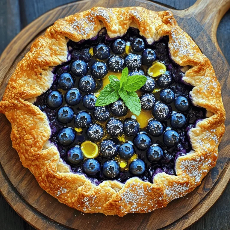 To make a Blueberry Lemon Ricotta Galette, you will need: - 1 ½ cups all-purpose flour - ½ teaspoon salt - 2 tablespoons granulated sugar - ½ cup unsalted butter, cold and cubed - 4-5 tablespoons ice water - 1 cup ricotta cheese - 1 tablespoon lemon zest - 2 tablespoons fresh lemon juice - 2 cups fresh blueberries - 2 tablespoons honey - 1 tablespoon cornstarch - 1 egg, beaten (for egg wash) - Extra sugar for sprinkling If you want to switch things up, here are some easy swaps: - Use whole wheat flour instead of all-purpose flour for a nuttier taste. - Try cream cheese instead of ricotta for a richer filling. - Replace honey with maple syrup for a different sweet flavor. - For a gluten-free option, use a gluten-free flour blend. Choosing the best blueberries is key for this recipe. Follow these tips: - Look for plump, firm berries with a deep blue color. - Avoid berries with green or red spots, as they may not be ripe. - Check for any signs of mold or squished berries in the container. - Smell the blueberries; they should have a sweet, fruity scent. - If possible, buy organic blueberries for better flavor and less pesticide. Now you're ready to gather your ingredients and dive into making this delightful galette! To start, gather your ingredients. You will need flour, salt, sugar, butter, and ice water. In a large bowl, whisk together 1 ½ cups of flour, ½ teaspoon of salt, and 2 tablespoons of sugar. Next, add ½ cup of cold, cubed butter. Use your fingers or a pastry cutter to mix until it looks like coarse crumbs. This step is key for a flaky crust. Gradually add 4 to 5 tablespoons of ice water, one tablespoon at a time. Mix it until the dough starts to come together. You might not need all the water. Once it forms a ball, shape it into a disk. Wrap it in plastic and chill it in the fridge for at least 30 minutes. Chilling helps the butter firm up, which gives the crust a great texture. While the dough chills, prepare the filling. In a bowl, mix 1 cup of ricotta cheese, 1 tablespoon of lemon zest, and 2 tablespoons of fresh lemon juice. Also, add 2 tablespoons of honey and 1 tablespoon of cornstarch. Stir until the mixture is smooth. Be gentle when you fold in 2 cups of fresh blueberries. This keeps them whole and adds a nice texture. Once the dough is ready, preheat your oven to 375°F (190°C). Roll out the chilled dough on a floured surface into a 12-inch circle. Move the dough to a baking sheet lined with parchment paper. Now, spoon the ricotta mixture into the center of the dough, leaving a 2-inch border all around. Carefully fold the edges of the dough over the filling. Pleat it as you go to create a nice look. Brush the outer edge with a beaten egg and sprinkle some sugar on top. This gives it a lovely golden color when baked. Bake the galette for 35 to 40 minutes. You want the crust to be golden brown and the filling bubbly. Once it’s done, let it cool slightly before slicing. Serve it warm or at room temperature for a delightful treat! To get that perfect crust, use cold butter. Cut it into small cubes. This helps create flaky layers. Make sure to mix until it looks like coarse crumbs. When adding ice water, do so slowly. Use just enough to make the dough hold together. Chill the dough for at least 30 minutes. This step makes the crust easier to roll out. One common mistake is overworking the dough. This can make it tough. Mix just until combined. Another mistake is not chilling the dough. If the dough is warm, the butter melts. This stops the crust from being flaky. Lastly, don’t skip the egg wash. It gives the crust a nice shine and golden color. For serving, place the galette on a wooden board. This gives it a rustic feel. Garnish with fresh mint leaves for color. A light dusting of powdered sugar adds a sweet touch. You can also serve it warm with a scoop of vanilla ice cream. This enhances the flavors of the blueberries and lemon. Enjoy this treat with family and friends! {{image_2}} You can easily adapt this recipe for various diets. For a gluten-free version, swap all-purpose flour with a gluten-free blend. If you want a dairy-free option, use almond or coconut ricotta. For those who avoid sugar, try using a sugar substitute like stevia or erythritol instead of granulated sugar and honey. You can play with flavors in this galette. Add a pinch of cinnamon or nutmeg to the ricotta filling for warmth. For a different fruit twist, mix in peaches or raspberries with the blueberries. You can also add a splash of vanilla extract to enhance the flavor profile. If you like tartness, increase the lemon juice slightly. Serving this galette can be fun and fancy! A scoop of vanilla ice cream on top adds creaminess. You might also drizzle some honey or maple syrup over the slices for extra sweetness. Whipped cream pairs well, too. For a fresh touch, garnish with mint leaves or a sprinkle of powdered sugar. Enjoy it warm or at room temperature for the best taste! To keep your leftover galette fresh, wrap it well. Use plastic wrap or foil to cover it. You can also place it in an airtight container. Store it in the fridge for up to three days. This keeps the crust from getting too soggy. When you want to enjoy your galette again, preheat your oven to 350°F (175°C). Place the galette on a baking sheet. Bake for about 10-15 minutes. This helps to warm it through and crisp the crust. You can also use a microwave, but it may make the crust soft. If you want to save the galette for later, freezing is a great option. First, let it cool completely. Wrap it tightly in plastic wrap, then foil. This double layer helps prevent freezer burn. You can freeze it for up to three months. When ready to eat, thaw it in the fridge overnight and reheat it in the oven. Yes, you can use frozen blueberries. They work well in this galette. Just remember to thaw them first. Drain any excess liquid to prevent a soggy filling. Frozen blueberries are often picked at peak ripeness, so they can taste just as good as fresh ones. The galette is done when the crust turns golden brown. Check the filling, too; it should be bubbly. You can also check the bottom crust for a nice color. If it looks too pale, give it a few more minutes in the oven. Yes, you can prepare the dough ahead of time. Wrap it tightly in plastic and store it in the fridge for up to three days. You can also freeze the dough for up to a month. Just remember to thaw it in the fridge overnight before using it. You learned how to make a delicious blueberry galette, from selecting fresh berries to baking. I shared tips for choosing the best ingredients and avoiding common mistakes. I also covered variations to fit different diets and tastes. Remember, the best part about making this galette is experimenting with flavors. Enjoy it warm with ice cream or keep it simple. Your friends and family will love this treat. Happy baking!