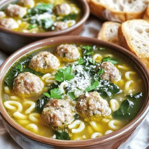 - 1 cup small pasta (like acini di pepe or orzo) - 8 cups chicken broth - 2 cups fresh spinach, roughly chopped - 1 medium carrot, diced - 1 medium onion, finely chopped - 2 cloves garlic, minced - 1 teaspoon dried oregano - 1 teaspoon dried thyme - 1 pound ground turkey or chicken - 1/2 cup grated Parmesan cheese - 1/4 cup fresh parsley, chopped - 1 egg, lightly beaten - Salt and pepper to taste - Olive oil for sautéing The main ingredients make this soup rich and tasty. The small pasta gives a nice bite. I often use acini di pepe or orzo. The chicken broth forms a warm base. Fresh spinach adds color and nutrients. Diced carrots and onions bring sweetness. Garlic adds a punch of flavor. Herbs like oregano and thyme deepen the taste. Ground turkey or chicken forms the meatballs, making it light. Parmesan cheese adds a savory kick. Fresh parsley brightens the dish. An egg makes delicate ribbons in the soup. Don't forget salt and pepper to taste! - Large pot - Mixing bowl - Cooking utensils You will need a large pot for simmering. A mixing bowl helps to form meatballs. Basic cooking utensils, like a spoon and knife, are essential too. - Extra Parmesan cheese - Fresh parsley - Crusty bread on the side Garnishes make your soup look pretty. A sprinkle of Parmesan cheese adds richness. Fresh parsley gives a pop of color. Crusty bread is perfect for dipping. Enjoy your meal with these tasty extras! - Sautéing the Vegetables Start by heating a drizzle of olive oil in a large pot over medium heat. Add the finely chopped onion, diced carrot, and minced garlic. Sauté these veggies for about five minutes. You want them soft but not brown. This step builds a tasty base for your soup. - Making the Meatballs In a mixing bowl, combine one pound of ground turkey or chicken with half a cup of grated Parmesan. Then, add a quarter cup of chopped parsley, one teaspoon of dried oregano, and one teaspoon of dried thyme. Season with salt and pepper. Mix well and form small meatballs, about one inch in size. - Adding Chicken Broth Once your vegetables are soft, pour in eight cups of chicken broth. Stir it all together and bring it to a gentle boil. This broth adds depth and flavor to the soup. - Dropping in the Meatballs Carefully drop the meatballs into the boiling broth. Let them cook for about ten to fifteen minutes. They should be cooked through and tender. This step makes your soup hearty and filling. - Cooking Pasta Separately While the meatballs cook, prepare one cup of small pasta, like acini di pepe or orzo, in a separate pot. Follow the package instructions for best results. Drain the pasta and set it aside. This keeps it from getting mushy in the soup. - Incorporating Spinach and Egg When the meatballs are ready, add the cooked pasta and two cups of roughly chopped spinach to the soup. Stir gently and let it simmer for another five minutes until the spinach wilts. Finally, stir in one lightly beaten egg slowly while stirring the soup. This creates delicate egg ribbons that add richness. Adjust the seasoning with salt and pepper to taste. - Choosing the Right Seasoning Use fresh herbs like parsley for a bright taste. Dried oregano and thyme add depth. Adjust these seasonings to suit your taste. - Broth Quality Tips A good broth makes the soup shine. Use homemade broth if you can. Store-bought works too, but choose low-sodium for better control over salt levels. - Meatball Size Recommendations Aim for meatballs about 1 inch wide. This size cooks evenly and fits nicely in the soup. If you want more meat per bite, go a bit bigger. - Cooking Time for Pasta Cook pasta separately. Follow package directions for al dente. This keeps the pasta from getting mushy in the soup. - Presentation Tips Serve the soup in deep bowls. Top with extra Parmesan and fresh parsley. This adds color and makes it look inviting. - Ideal Pairings Enjoy the soup with crusty bread. A simple green salad pairs well too. These sides balance the meal and enhance the dining experience. {{image_2}} For a vegetarian twist, you can swap the meat. Use a mix of beans or lentils. Try firm tofu for protein. This keeps the texture and heartiness. To maintain flavor, add more herbs. Use fresh basil and thyme. Vegetable broth adds depth. Include a splash of lemon juice for brightness. This keeps the soup lively and fresh. If you need gluten-free options, choose specific pasta. Rice pasta or quinoa pasta works well. They hold up nicely in soup. Ensure your broth is gluten-free, too. Check labels for hidden gluten. You want a clear, rich taste without any gluten. This keeps the soup safe and delicious. Want some heat? Add diced jalapeños or crushed red pepper. This gives your soup a nice kick. Another option is to use spicy sausage. Look for Italian-style sausage with heat. This adds flavor and richness. Just cook the sausage before adding to the broth. It makes the soup bold and exciting. - Best Practices for Refrigeration: After you enjoy your Italian wedding soup, let it cool down. Place it in an airtight container. Store it in the fridge. It stays good for up to three days. Keep the pasta separate if you can. This helps it stay firm. - Freezing Instructions: If you want to keep it longer, freeze the soup. Use a freezer-safe container. Leave some space at the top for expansion. It can last up to three months in the freezer. When you’re ready to eat, thaw it in the fridge overnight. - Microwave vs. Stovetop: You can reheat your soup in the microwave or on the stove. For the microwave, use a safe bowl. Heat it in short bursts. Stir it every minute. For the stovetop, use a pot. Heat it over medium until warm. - Maintaining Flavor and Texture: When reheating, add a splash of broth or water. This keeps the soup from getting too thick. Stir well to mix it. Taste and adjust the seasoning if needed. - How Long Does It Last?: Italian wedding soup lasts about three days in the fridge. In the freezer, it can last up to three months. - Signs of Spoilage: Look for changes in color or smell. If the soup smells sour or looks off, it’s best to discard it. Always trust your senses! Italian Wedding Soup has roots in Italy. Many say it comes from the southern part. The name comes from the Italian phrase "minestra maritata," meaning "married soup." This refers to the great taste of the meat and greens together. It’s a dish often served at weddings, hence the name. It shows how food brings people together. Yes, you can make this soup ahead of time. It tastes even better after sitting for a while. Just cook the meatballs and soup base. Store them in the fridge. When you are ready to eat, heat it up and add the pasta. This keeps the pasta from getting mushy. If you need a substitute for chicken broth, use vegetable broth. It adds depth without meat flavors. You can also try beef broth for a richer taste. Just remember, each broth changes the soup's final flavor a bit. To make the soup creamier, add heavy cream or half-and-half. Stir it in just before serving. You can also mix in some cream cheese while cooking. This adds a rich, smooth texture that many people love. Italian Wedding Soup is quite healthy. It includes lean meat, veggies, and broth. This soup is low in calories but high in protein. A serving has about 250 calories, 20 grams of protein, and 5 grams of fat. It also packs vitamins from spinach and carrots, making it a nutritious choice for any meal. You now have a complete guide to making a delightful Italian Wedding Soup. We covered key ingredients, cooking steps, and tips to enhance flavor. You saw variations for different diets and storage options to keep it fresh. Whether you choose the classic recipe or try a twist, this soup is both tasty and nourishing. Enjoy creating this dish and sharing it with family and friends. The warmth and flavors will surely please everyone!