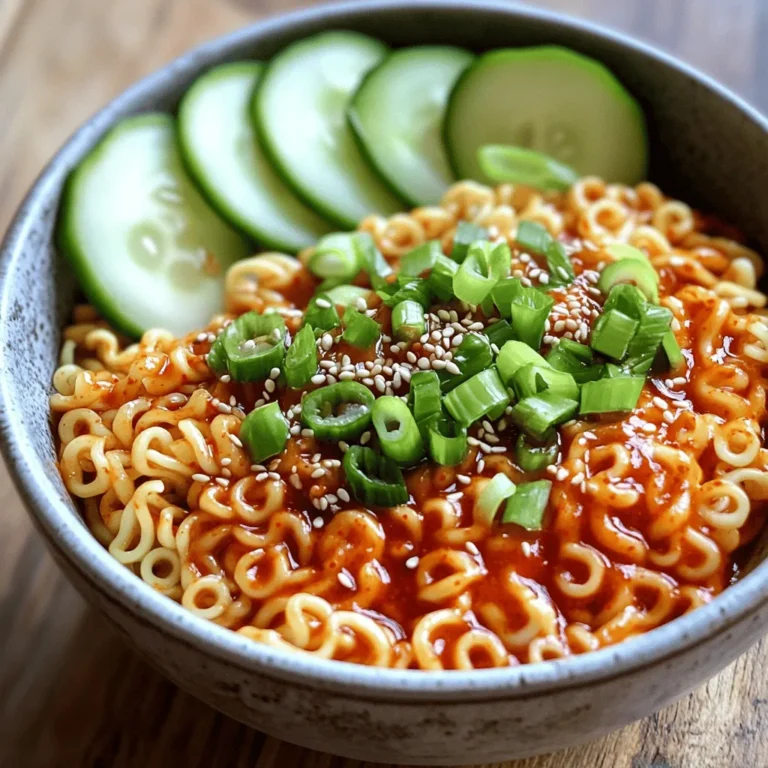 To make Minute Spicy Gochujang Noodles, gather these key items: - 200g instant noodles - 2 tablespoons gochujang (Korean chili paste) - 1 tablespoon soy sauce - 1 tablespoon sesame oil - 1 teaspoon honey or maple syrup - 1 green onion, thinly sliced - 1 clove garlic, minced - 1 teaspoon sesame seeds These ingredients come together to create a flavorful, spicy dish. The gochujang adds heat and depth. You can enhance your noodles with these toppings: - Sliced cucumbers - Sliced radishes These fresh options add crunch and balance to the spicy noodles. They also make the dish look bright and inviting. If you can’t find gochujang, try these options: - Sriracha sauce for heat - Red chili paste for a similar flavor While these substitutes change the taste slightly, they still give a nice kick. Gochujang is unique, but you can still enjoy delicious noodles without it. To start, grab your instant noodles. Boil water in a pot. Once it boils, add the noodles. Cook them for 3 to 4 minutes. Stir gently to keep them from sticking. When they are soft, drain the water. Set the noodles aside in a bowl. Next, take a large bowl. Add 2 tablespoons of gochujang to it. Then, pour in 1 tablespoon of soy sauce. Add 1 tablespoon of sesame oil too. For a touch of sweetness, mix in 1 teaspoon of honey or maple syrup. Stir everything until it becomes smooth. This is your spicy sauce. Now, it's time to mix. Add the minced garlic to your sauce. Stir it well for good flavor. Toss the cooked noodles into the bowl with the sauce. Make sure all the noodles get coated. This makes them tasty and spicy. For a nice touch, slice a green onion. Add it on top of the noodles. Sprinkle 1 teaspoon of sesame seeds for crunch. If you want some freshness, use sliced cucumbers or radishes. They make a great topping and add color. Enjoy your quick and spicy gochujang noodles! To make the best sauce, use fresh gochujang. This thick paste packs a punch. Mix it well with soy sauce and sesame oil. Honey or maple syrup adds a sweet touch. The balance between sweet and spicy is key. Taste your sauce as you mix. Adjust the flavors to fit your liking. If you want a richer taste, add more sesame oil. Cook your instant noodles for just 3-4 minutes. You want them soft but still firm. Drain them well to avoid extra water. If they stick together, rinse them lightly with cold water. This keeps the noodles separate and ready for the sauce. The right texture makes each bite enjoyable. Add sliced green onions and sesame seeds for crunch. These toppings boost both flavor and texture. If you like a fresh taste, top your noodles with cucumbers or radishes. They add a nice contrast to the spicy sauce. You can also try adding peanuts for extra crunch. Experiment with different toppings to find your favorite mix. {{image_2}} You can make Minute Spicy Gochujang Noodles heartier by adding protein. Here are some great choices: - Tofu: Cut firm tofu into cubes. Pan-fry until golden and add it to the noodles. - Chicken: Use cooked chicken breast, shredded or diced. Toss it in for extra flavor. - Shrimp: Sauté shrimp in a pan until pink. Add them to the noodles for a seafood twist. - Egg: Soft-boil or fry an egg. Place it on top for a rich, creamy finish. Adding protein makes the dish more filling and nutritious. It also enhances the overall taste. If you want a vegetarian meal, there are many options. Here are a few: - Mushrooms: Sauté sliced mushrooms for a meaty texture. They add depth to the dish. - Edamame: Add cooked edamame for protein and a pop of color. - Zucchini: Spiralize or slice zucchini and stir it in for extra veggies. - Chickpeas: Toss in canned chickpeas for a protein boost and great flavor. These swaps keep the dish satisfying while sticking to vegetarian diets. If you need a gluten-free meal, you can easily adjust the recipe. Here’s how: - Noodles: Use rice noodles or gluten-free instant noodles. They work well in this dish. - Soy Sauce: Choose gluten-free soy sauce or tamari to keep the flavor intact. - Gochujang: Check the label for gluten-free gochujang, as some brands add wheat. These changes help everyone enjoy Minute Spicy Gochujang Noodles without worry. To keep your Minute Spicy Gochujang Noodles fresh, store them in an airtight container. Make sure to let them cool before sealing. This prevents steam from forming, which can make your noodles soggy. They last in the fridge for about 2-3 days. If you plan to keep them longer, freezing is a better option. When you're ready to enjoy your leftovers, reheat them gently. You can use a microwave or a pan on low heat. If using a microwave, add a splash of water to keep them moist. Stir the noodles well while reheating. This ensures even warmth throughout. If using a pan, keep stirring for best results. To freeze your noodles, place them in a freezer-safe bag or container. Before sealing, remove as much air as possible. This helps prevent freezer burn. The noodles can be frozen for up to 2 months. When you're ready to eat, thaw them in the fridge overnight. Reheat them as mentioned above for the best taste. Gochujang is a Korean chili paste. It is thick and has a sweet, spicy flavor. The paste comes from fermented soybeans, red chili powder, and salt. It adds depth to many dishes. You can find it in Asian markets or online. Yes, you can use other types of noodles. While instant noodles are quick, you can try udon or soba noodles. Just cook them according to their package instructions. Adjust the cooking time if needed. The spice level is medium. Gochujang offers a nice kick without being overwhelming. If you like it hotter, add more gochujang. If you prefer less spice, use less. These noodles pair well with many sides. You can serve them with sliced cucumbers or radishes. Fresh veggies add crunch and coolness. You could also serve them with grilled chicken or tofu for protein. In this blog post, we explored the key ingredients for Minute Spicy Gochujang Noodles. You learned how to cook the noodles, mix the sauce, and serve them. We also discussed tips for perfecting the sauce and enhancing flavors. Variations included protein options and gluten-free choices. Don't forget to store leftovers properly for future meals. Now, you’re ready to create a tasty dish that excites your palate. Dive in, enjoy cooking, and share these delicious noodles with others.