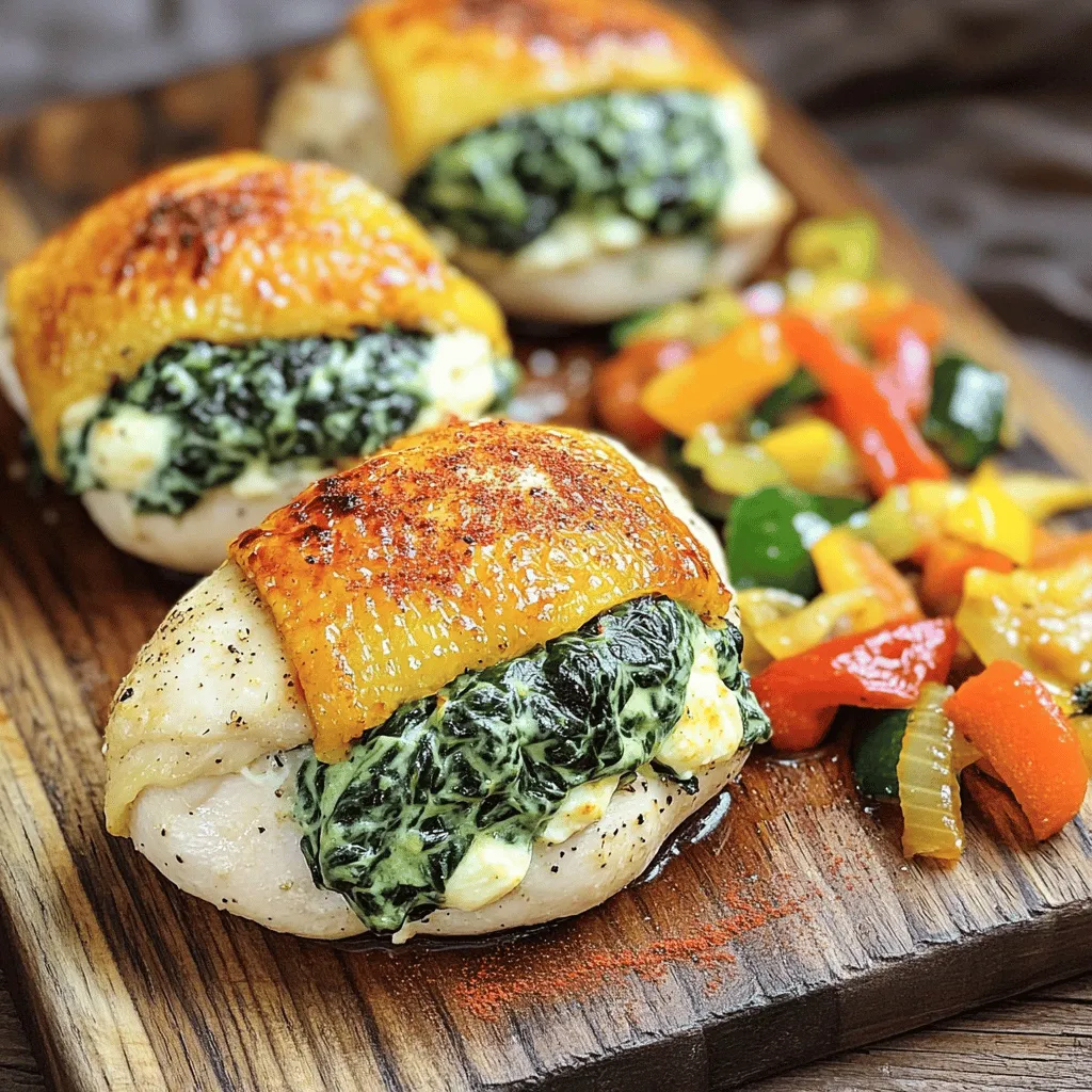 - 4 boneless, skinless chicken breasts - 2 cups fresh spinach, washed and chopped - 1 cup cream cheese, softened The main ingredients make this dish rich and tasty. Chicken breasts provide a lean protein. The fresh spinach adds color and nutrients. Cream cheese brings a creamy texture and flavor. - 1 cup shredded mozzarella cheese - 1/2 cup grated Parmesan cheese Using different cheeses can change the taste. Mozzarella melts well and adds stretch. Parmesan gives a sharp flavor that enhances the dish. Feel free to mix both for a unique taste. - 2 garlic cloves, minced - 1 teaspoon garlic powder - 1/2 teaspoon onion powder - Salt and pepper to taste - 1 teaspoon paprika (for garnish) Seasoning is key to great flavor. Fresh garlic and garlic powder boost taste. Onion powder adds a sweet note. Salt and pepper bring out all the flavors. Paprika adds a lovely color and slight heat. Adjust these to suit your taste. Preheat the oven Start by preheating your oven to 375°F (190°C). This step is key to cooking the chicken evenly. Prepare the filling In a large bowl, mix 1 cup of softened cream cheese, 2 cups of chopped spinach, and 1 cup of shredded mozzarella cheese. Add 1/2 cup of grated Parmesan cheese, 2 minced garlic cloves, 1 teaspoon of garlic powder, and 1/2 teaspoon of onion powder. Season with salt and pepper. Stir until everything is well blended. Stuff the chicken Take 4 boneless, skinless chicken breasts. Carefully cut a pocket into each one. Make sure to not cut all the way through. Use a spoon to fill each chicken pocket with your tasty spinach and cheese mix. Secure the chicken with toothpicks Grab some toothpicks to close the pockets. Insert them to keep the filling inside while cooking. This step ensures your filling stays put and makes for a neat presentation. Sear the chicken In a large oven-safe skillet, heat 1 tablespoon of olive oil over medium-high heat. Season the outside of the chicken with salt, pepper, and a sprinkle of paprika. Once the oil is hot, add the stuffed chicken. Sear each side for about 4-5 minutes until they look golden brown. Bake until cooked through Carefully transfer the skillet to your preheated oven. Bake for 20-25 minutes. Use a meat thermometer to check if the chicken is done. It should reach an internal temperature of 165°F (75°C). - Ensuring chicken is juicy: To keep your chicken juicy, do not overcook it. Use a meat thermometer. The chicken should reach 165°F (75°C). This helps it stay moist and tender. - Avoiding overstuffing: When stuffing the chicken, be careful not to overfill. If you pack in too much filling, it can spill out during cooking. A good rule is to fill the pocket generously, but not to the brim. - Consistency of the cheese mixture: Aim for a creamy and spreadable filling. If it is too thick, add a splash of milk or cream. This will help it blend well and stuff easily into the chicken. - Alternative ingredients: You can mix things up! Try adding ricotta cheese or feta for a different flavor. You can also use kale or Swiss chard in place of spinach for a fun twist. - Checking chicken doneness: Always check that your chicken is fully cooked. Use a meat thermometer in the thickest part of the breast. It should read 165°F (75°C) for safety. - Proper use of toothpicks: When you use toothpicks to seal the chicken, insert them at an angle. This helps hold the filling inside. Remember to remove them before serving! {{image_2}} You can change ingredients to fit your needs. For a dairy-free option, try using cashew cream. It gives a nice texture and flavor. You could also use vegan cheese instead of cream cheese and mozzarella. For the greens, spinach is great, but you can swap it for kale or Swiss chard. Both add a different taste and nutrition. Just remember to chop them finely. If you want to switch it up, try grilling the chicken instead of baking it. Grilling adds a smoky flavor that pairs well with the cheesy filling. Just be sure to keep the grill at medium heat. Another option is using a slow cooker. This method makes the chicken very tender. Just sear the chicken first, then place it in the slow cooker with the filling. Cook on low for 4 to 6 hours. To boost the flavor, add sun-dried tomatoes to the filling. They add a nice tangy taste that mixes well with the cheese. Chop them finely and mix them in with the other ingredients. You can also incorporate spices like Italian seasoning or red pepper flakes. These spices will give the dish a bit of heat and depth. Just adjust the amount to your taste. Storing leftovers is easy. After dinner, let the chicken cool. Place it in an airtight container. This keeps it fresh. You can store it in the fridge for up to three days. When you're ready to eat it again, reheat the chicken in the oven. Set the oven to 350°F (175°C). Heat for about 15 to 20 minutes. This way, the chicken stays moist and warm. You can also use a microwave for quick reheating. Just cover it with a damp paper towel. This helps keep it juicy. Freezing stuffed chicken is a great way to save it for later. First, let the chicken cool completely. Wrap each piece tightly in plastic wrap. Then, place the wrapped chicken in a freezer bag. Remove as much air as possible. This helps prevent freezer burn. You can freeze it for up to three months. When you want to eat it, take it out of the freezer a day before. Thaw it in the fridge overnight. To cook from frozen, bake it at 375°F (190°C) for about 40 to 50 minutes. Make sure it reaches an internal temperature of 165°F (75°C). Understanding how long it lasts is important. In the fridge, your creamy spinach stuffed chicken lasts about three days. In the freezer, it can stay good for up to three months. Use these tips to enjoy your leftovers safely. Always check for any off smells or changes in texture before eating. Can I use frozen spinach? Yes, you can use frozen spinach. Just thaw and drain it well. Excess water can make your filling too runny. I recommend squeezing out any extra liquid before mixing it into the cheese. What to serve with creamy spinach stuffed chicken? This dish pairs well with many sides. Try it with sautéed vegetables or a light salad. You can also serve it over rice or pasta for a hearty meal. Is this recipe gluten-free? Yes, this recipe is gluten-free. All the ingredients used, including the cheeses and the seasonings, do not contain gluten. Always check labels to be safe, especially for pre-packaged items. How to make it low-calorie? To lower the calories, use less cream cheese and cheese. You can also substitute with low-fat versions. Using chicken thighs instead of breasts can add flavor without many extra calories. My filling leaks out, what went wrong? If your filling leaks out, you might have cut the chicken too deep. Make sure to cut just enough to create a pocket. Also, use toothpicks to seal the chicken tightly. Why is my chicken dry? Dry chicken usually means it was overcooked. Use a meat thermometer to check the internal temperature. It should reach 165°F (75°C) but not more. Keeping an eye on cooking time helps too. In this post, we explored how to make creamy spinach stuffed chicken. We covered the main ingredients like chicken, spinach, and cream cheese. You learned about cheese options and the best seasonings to use. The step-by-step guide helped simplify preparation, stuffing, and cooking. Remember, using juicy chicken is key to success. Don’t forget the tips for variations and storage. With these insights, you can create a delicious meal for any occasion. Enjoy your cooking adventure!