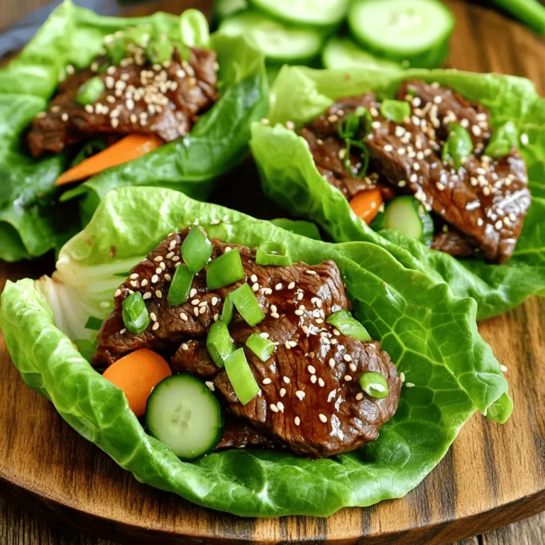 For these tasty wraps, you need fresh and simple items. Here’s what you will gather: - 1 lb flank steak, thinly sliced - 1 head of butter or romaine lettuce, leaves separated - Sliced cucumber - Sliced carrot The marinade gives the beef its amazing flavor. You will use: - 3 tablespoons soy sauce - 2 tablespoons brown sugar - 1 tablespoon sesame oil - 1 tablespoon gochujang (Korean chili paste) - 2 cloves garlic, minced - 1 teaspoon ginger, grated Mix these ingredients well to coat the beef. The sugar adds sweetness, while the gochujang brings heat. To make your wraps even better, you can add some fun toppings: - 1 tablespoon sesame seeds - 1 bunch green onions, chopped These garnishes give a nice crunch and extra flavor. Enjoy your wraps with these bright and fresh additions! To start, gather your ingredients for the marinade. You will need: - 3 tablespoons soy sauce - 2 tablespoons brown sugar - 1 tablespoon sesame oil - 1 tablespoon gochujang - 2 cloves garlic, minced - 1 teaspoon ginger, grated In a bowl, mix the soy sauce, brown sugar, sesame oil, gochujang, garlic, and ginger. Whisk these ingredients together until the brown sugar dissolves completely. This mix will add great flavor to the steak. Next, take your flank steak, which should be thinly sliced. Add the slices directly into the marinade. Make sure each piece is covered in the mix. Cover the bowl with plastic wrap or a lid. Place it in the fridge for at least 30 minutes. If you want even more flavor, let it marinate for up to 2 hours. Now, heat your grill or grill pan over medium-high heat. Take the marinated beef out of the fridge. Let any extra marinade drip off the meat. Place the beef slices on the grill. Cook for about 2-3 minutes on each side. Aim for a nice browning. Once done, remove the beef and sprinkle sesame seeds and chopped green onions on top for extra flavor and color. Now, you are ready to put together your wraps. Enjoy the fresh taste of your Korean BBQ beef lettuce wraps! Grilling the beef gives it a nice char. You can use a grill pan if you don't have an outdoor grill. Make sure the grill is hot before adding the beef. This helps the meat sear well. Sear each side for about 2-3 minutes. This keeps the beef juicy and tender. To boost flavors, marinate the flank steak longer. You can marinate it for up to 2 hours. This allows the soy sauce and gochujang to soak in deep. Adding sesame seeds after grilling adds a nutty crunch. Fresh green onions bring a fresh bite too. Serve these wraps warm for the best taste. Place grilled beef in the lettuce and add fresh veggies. Try sliced cucumber and carrot for crunch. You can also add kimchi for a spicy kick. These wraps are great for parties or family dinners. Enjoy them with rice or noodles for a complete meal. {{image_2}} You can switch out the flank steak for other proteins. Chicken thighs work great. They soak up flavors well. You can also use pork tenderloin or shrimp. Both are tasty and cook quickly. If you want a plant-based option, try tofu. Firm tofu absorbs the marinade well. Just press it to remove extra water before marinating. While butter lettuce is popular, you can use other types too. Romaine lettuce offers a nice crunch. Leafy greens like kale or collard greens can add a twist. Just make sure the leaves are large enough to hold your filling. Crisp lettuce helps keep the wrap fresh and light. Get creative with your sauces! Besides the marinade, try a spicy sesame sauce. Mix together sesame oil, soy sauce, and chili flakes for heat. A peanut sauce adds a nutty flavor that pairs well. You can also use a sweet soy glaze for a different taste. Each sauce can change the whole dish. Don’t be afraid to mix and match! After you enjoy your Korean BBQ beef, you may have leftovers. To store leftover beef, first let it cool down. Place it in an airtight container. Make sure to cover it well. Store the container in the fridge. It will keep fresh for up to three days. If you want to save it longer, consider freezing it. Lettuce wraps are best when fresh. If you have leftover wraps, store them separately. Keep the beef in one container and the lettuce in another. This way, the lettuce stays crisp. You can store the lettuce in a damp paper towel. Place it in a sealed bag in the fridge. This method helps keep the leaves fresh for about two days. To freeze the beef, place it in a freezer-safe bag. Remove as much air as possible before sealing. You can freeze it for up to three months. When you are ready to eat, thaw it in the fridge overnight. Avoid refreezing any beef that has been thawed. Enjoy your meal again by reheating the beef on the grill or in a pan. Yes, you can use other cuts. Ribeye and sirloin work well too. Just keep the meat thin. Thin slices cook quickly and stay tender. For best results, marinate for the same amount of time. This helps the flavors soak in. To add heat, use more gochujang. You can also try Korean red pepper flakes. Add them to the marinade for extra spice. For a kick, include sliced fresh chili peppers. Adjust the heat to your taste. Many side dishes pair well with these wraps. Try making kimchi for a classic touch. You can also serve rice or pickled vegetables. A fresh salad with a light dressing works great too. These sides balance the rich flavors of the beef. You learned about key ingredients for Korean BBQ beef lettuce wraps, from marinades to garnishes. I shared step-by-step instructions to marinate and grill flank steak. Plus, I provided tips for flavor, cooking methods, and serving ideas. I also covered delicious variations and storage tips for leftovers. In conclusion, these wraps are flexible and fun. Experiment with different proteins and toppings. Enjoy this dish with friends and family to make great memories around the table.