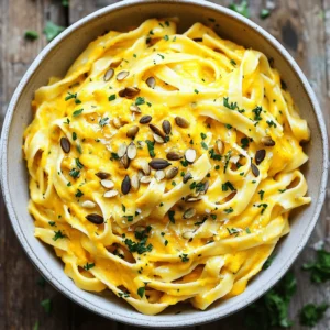 - Fettuccine pasta or alternative options: You can use any pasta you like. Fettuccine works best, but penne or spaghetti are great too. - Canned pumpkin puree: This adds creaminess and a lovely color. It gives a slight sweetness that balances with spices. - Plant-based milk selection: I use unsweetened almond milk, but you can try oat, soy, or coconut milk. Each adds a unique taste. - Nutritional yeast benefits: This ingredient brings a cheesy flavor without dairy. It also adds vitamins, especially B12, which is great for a vegan diet. - Olive oil and flavor contributions: Olive oil adds richness to the sauce. It helps sauté the garlic, bringing out its best flavor. - Garlic and other seasonings: Fresh garlic is key for a bold taste. Onion powder, garlic powder, and nutmeg round out the flavors. Don’t forget salt and pepper to season. Feel free to play with these ingredients. Each choice can change the taste and feel of your dish. Enjoy the process! Start by boiling water in a large pot. Add a pinch of salt for flavor. Cook the fettuccine pasta for 8-10 minutes, or until it's firm but not hard. Stir it often to keep it from sticking. Drain the pasta in a colander and save about a cup of the pasta water. This water will help your sauce later. In a medium saucepan, pour in two tablespoons of olive oil. Heat it on medium. Once hot, add three cloves of minced garlic and sauté for about one minute. Don’t let it burn! Next, grab a blender. Add one cup of canned pumpkin puree, one cup of almond milk, two tablespoons of nutritional yeast, one teaspoon of onion powder, one teaspoon of garlic powder, and half a teaspoon of nutmeg. Blend until the mix is smooth and creamy. Pour the pumpkin sauce into the pan with the sautéed garlic. Stir gently and heat for about five minutes. If the sauce is too thick, add some reserved pasta water until it looks just right. Now, add the cooked pasta into the sauce. Toss it well so each strand is coated with the creamy sauce. It should look delicious and inviting! Adding spices can boost the taste of your Vegan Pumpkin Alfredo Pasta. I like to use nutmeg for warmth. It adds a cozy flavor, perfect for fall. You can also try a pinch of cayenne for a little heat. When it comes to herbs, fresh parsley brightens the dish. It brings color and a fresh taste. Dried herbs work too, but fresh often gives a better flavor. If using dried herbs, use half the amount, as they are stronger. Sautéing garlic is key to a great sauce. Start with medium heat and add the minced garlic. Stir it for about a minute. You want it fragrant but not browned. Burnt garlic can ruin your sauce. For blending the sauce, ensure your blender is powerful. This helps create a smooth and creamy texture. If your sauce is thick, add a splash of reserved pasta water. This keeps it rich and easy to coat your pasta. One common mistake is overcooking the pasta. Aim for al dente, which means it should have a slight bite. This helps the pasta hold its shape when mixed with the sauce. Another mistake is making a chunky sauce. To avoid this, blend the sauce well until smooth. If you find lumps, blend it again. The goal is a silky sauce that hugs each piece of pasta. {{image_2}} You can make Vegan Pumpkin Alfredo Pasta work for your diet. If you need gluten-free options, use gluten-free pasta. Many brands offer great choices. Brown rice, chickpea, or quinoa pasta all work well. These options keep the dish tasty and light. For those avoiding dairy, look for dairy-free cheese. Many brands offer cream cheese or soft cheese made from nuts. You can also add more nutritional yeast for a cheesy flavor. Both options keep your dish creamy and delicious. Want more protein? Try adding beans or lentils. They blend well with the sauce and add nutrients. You can also add tofu or tempeh for extra texture. These protein sources make your meal heartier. Incorporating vegetables adds flavor and color. Spinach, kale, or roasted bell peppers are great choices. You can toss them into the sauce or mix them in with the pasta. Each veggie brings its own taste and health benefits. Add Italian seasonings for a classic twist. Try dried oregano, basil, or thyme. These herbs bring a warm flavor to the dish. You can also sprinkle red pepper flakes for a spicy kick. For a unique flair, think fusion. Add a dash of curry powder for an Indian twist. You can also use miso to bring a Japanese flavor. These small changes make your Vegan Pumpkin Alfredo Pasta stand out. To store leftover vegan pumpkin alfredo pasta, let it cool first. Place it in an airtight container. This helps keep it fresh and tasty. Store it in the fridge for up to three days. When you reheat the pasta, add a splash of almond milk. This will help it regain its creamy texture. Heat it gently in a pan over low heat. Stir often to avoid sticking. You can also use a microwave. Heat it in short intervals, stirring in between. If you want to save the pasta for longer, freezing is a great option. First, cool the pasta completely. Then, place it in a freezer-safe bag or container. Remove as much air as you can before sealing. This prevents freezer burn. You can freeze it for up to three months. When you’re ready to eat, take it out and thaw it overnight in the fridge. For reheating, warm it on the stove with a bit of almond milk. This will help keep it creamy and delicious. Yes, you can use fresh pumpkin. To prepare fresh pumpkin, choose a small sugar pumpkin. Cut it in half and remove the seeds. Roast the halves in the oven until soft, about 40 minutes at 400°F. Once cool, scoop out the flesh and mash it. Measure one cup for your recipe. This fresh pumpkin gives a bright taste and texture. If you don't have nutritional yeast, try using cashews or hemp seeds. Blend them into a fine powder for a nutty flavor. You can also use miso paste for a salty taste. Just remember to adjust the salt in your dish since miso is salty. Yes, this dish is kid-friendly! To make it more appealing, reduce the garlic and nutmeg. You can add a bit of maple syrup for sweetness. Kids often enjoy creamy sauces. The bright color of pumpkin also makes it fun. Vegan Pumpkin Alfredo Pasta lasts about 3 to 5 days in the fridge. Store it in an airtight container. Check for signs of spoilage, like an off smell or mold. If it smells fresh and looks good, it’s likely still safe to eat. You now have a complete guide to making vegan pumpkin Alfredo pasta. We discussed essential ingredients like fettuccine, pumpkin puree, and nutritional yeast. Then, I took you through each cooking step to ensure a delicious result. I shared tips to enhance flavor and avoid common mistakes. Remember, you can customize this dish to fit your taste and dietary needs. With these techniques and ideas, you can enjoy a tasty, comforting meal anytime. Happy cooking!