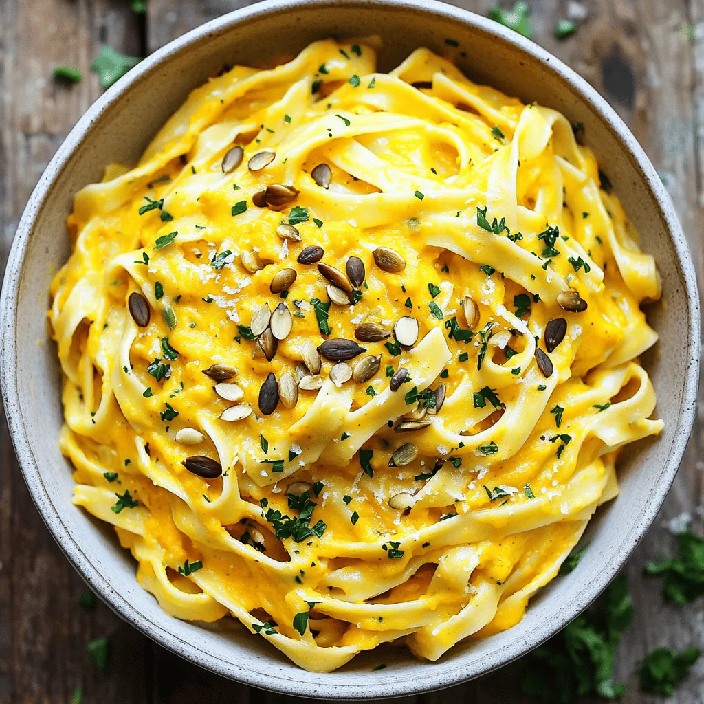 - Fettuccine pasta or alternative options: You can use any pasta you like. Fettuccine works best, but penne or spaghetti are great too. - Canned pumpkin puree: This adds creaminess and a lovely color. It gives a slight sweetness that balances with spices. - Plant-based milk selection: I use unsweetened almond milk, but you can try oat, soy, or coconut milk. Each adds a unique taste. - Nutritional yeast benefits: This ingredient brings a cheesy flavor without dairy. It also adds vitamins, especially B12, which is great for a vegan diet. - Olive oil and flavor contributions: Olive oil adds richness to the sauce. It helps sauté the garlic, bringing out its best flavor. - Garlic and other seasonings: Fresh garlic is key for a bold taste. Onion powder, garlic powder, and nutmeg round out the flavors. Don’t forget salt and pepper to season. Feel free to play with these ingredients. Each choice can change the taste and feel of your dish. Enjoy the process! Start by boiling water in a large pot. Add a pinch of salt for flavor. Cook the fettuccine pasta for 8-10 minutes, or until it's firm but not hard. Stir it often to keep it from sticking. Drain the pasta in a colander and save about a cup of the pasta water. This water will help your sauce later. In a medium saucepan, pour in two tablespoons of olive oil. Heat it on medium. Once hot, add three cloves of minced garlic and sauté for about one minute. Don’t let it burn! Next, grab a blender. Add one cup of canned pumpkin puree, one cup of almond milk, two tablespoons of nutritional yeast, one teaspoon of onion powder, one teaspoon of garlic powder, and half a teaspoon of nutmeg. Blend until the mix is smooth and creamy. Pour the pumpkin sauce into the pan with the sautéed garlic. Stir gently and heat for about five minutes. If the sauce is too thick, add some reserved pasta water until it looks just right. Now, add the cooked pasta into the sauce. Toss it well so each strand is coated with the creamy sauce. It should look delicious and inviting! Adding spices can boost the taste of your Vegan Pumpkin Alfredo Pasta. I like to use nutmeg for warmth. It adds a cozy flavor, perfect for fall. You can also try a pinch of cayenne for a little heat. When it comes to herbs, fresh parsley brightens the dish. It brings color and a fresh taste. Dried herbs work too, but fresh often gives a better flavor. If using dried herbs, use half the amount, as they are stronger. Sautéing garlic is key to a great sauce. Start with medium heat and add the minced garlic. Stir it for about a minute. You want it fragrant but not browned. Burnt garlic can ruin your sauce. For blending the sauce, ensure your blender is powerful. This helps create a smooth and creamy texture. If your sauce is thick, add a splash of reserved pasta water. This keeps it rich and easy to coat your pasta. One common mistake is overcooking the pasta. Aim for al dente, which means it should have a slight bite. This helps the pasta hold its shape when mixed with the sauce. Another mistake is making a chunky sauce. To avoid this, blend the sauce well until smooth. If you find lumps, blend it again. The goal is a silky sauce that hugs each piece of pasta. {{image_2}} You can make Vegan Pumpkin Alfredo Pasta work for your diet. If you need gluten-free options, use gluten-free pasta. Many brands offer great choices. Brown rice, chickpea, or quinoa pasta all work well. These options keep the dish tasty and light. For those avoiding dairy, look for dairy-free cheese. Many brands offer cream cheese or soft cheese made from nuts. You can also add more nutritional yeast for a cheesy flavor. Both options keep your dish creamy and delicious. Want more protein? Try adding beans or lentils. They blend well with the sauce and add nutrients. You can also add tofu or tempeh for extra texture. These protein sources make your meal heartier. Incorporating vegetables adds flavor and color. Spinach, kale, or roasted bell peppers are great choices. You can toss them into the sauce or mix them in with the pasta. Each veggie brings its own taste and health benefits. Add Italian seasonings for a classic twist. Try dried oregano, basil, or thyme. These herbs bring a warm flavor to the dish. You can also sprinkle red pepper flakes for a spicy kick. For a unique flair, think fusion. Add a dash of curry powder for an Indian twist. You can also use miso to bring a Japanese flavor. These small changes make your Vegan Pumpkin Alfredo Pasta stand out. To store leftover vegan pumpkin alfredo pasta, let it cool first. Place it in an airtight container. This helps keep it fresh and tasty. Store it in the fridge for up to three days. When you reheat the pasta, add a splash of almond milk. This will help it regain its creamy texture. Heat it gently in a pan over low heat. Stir often to avoid sticking. You can also use a microwave. Heat it in short intervals, stirring in between. If you want to save the pasta for longer, freezing is a great option. First, cool the pasta completely. Then, place it in a freezer-safe bag or container. Remove as much air as you can before sealing. This prevents freezer burn. You can freeze it for up to three months. When you’re ready to eat, take it out and thaw it overnight in the fridge. For reheating, warm it on the stove with a bit of almond milk. This will help keep it creamy and delicious. Yes, you can use fresh pumpkin. To prepare fresh pumpkin, choose a small sugar pumpkin. Cut it in half and remove the seeds. Roast the halves in the oven until soft, about 40 minutes at 400°F. Once cool, scoop out the flesh and mash it. Measure one cup for your recipe. This fresh pumpkin gives a bright taste and texture. If you don't have nutritional yeast, try using cashews or hemp seeds. Blend them into a fine powder for a nutty flavor. You can also use miso paste for a salty taste. Just remember to adjust the salt in your dish since miso is salty. Yes, this dish is kid-friendly! To make it more appealing, reduce the garlic and nutmeg. You can add a bit of maple syrup for sweetness. Kids often enjoy creamy sauces. The bright color of pumpkin also makes it fun. Vegan Pumpkin Alfredo Pasta lasts about 3 to 5 days in the fridge. Store it in an airtight container. Check for signs of spoilage, like an off smell or mold. If it smells fresh and looks good, it’s likely still safe to eat. You now have a complete guide to making vegan pumpkin Alfredo pasta. We discussed essential ingredients like fettuccine, pumpkin puree, and nutritional yeast. Then, I took you through each cooking step to ensure a delicious result. I shared tips to enhance flavor and avoid common mistakes. Remember, you can customize this dish to fit your taste and dietary needs. With these techniques and ideas, you can enjoy a tasty, comforting meal anytime. Happy cooking!