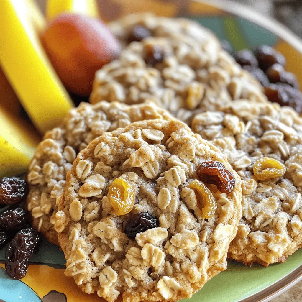 - 1 cup rolled oats - 1 cup whole wheat flour - 1/2 cup brown sugar, packed These main ingredients form the base of your oatmeal raisin cookies. The rolled oats give a hearty texture, while whole wheat flour adds fiber and a nutty taste. Brown sugar sweetens the cookies and keeps them moist. - 1/2 cup unsweetened applesauce - 1/4 cup honey or maple syrup - 1/2 cup raisins - 1/4 cup chopped walnuts (optional) The unsweetened applesauce replaces some fat and adds moisture. Honey or maple syrup provides natural sweetness. Raisins bring chewiness, while walnuts add a nice crunch if you choose to include them. - 1/2 teaspoon baking soda - 1/2 teaspoon cinnamon - 1/4 teaspoon salt - 1 teaspoon vanilla extract - 1/4 cup unsweetened almond milk (or any milk of choice) Baking soda helps the cookies rise, making them light. Cinnamon adds warmth and spice. Salt enhances all the flavors, while vanilla extract gives a lovely aroma. Almond milk or any milk option keeps the dough moist and binds everything together. Each ingredient plays a key role in making these oatmeal raisin cookies delightful and nourishing for breakfast. 1. Preheat your oven to 350°F (175°C). This ensures even baking. 2. Line a baking sheet with parchment paper for easy cleanup. 3. In a large mixing bowl, combine: - 1 cup rolled oats - 1 cup whole wheat flour - 1/2 teaspoon baking soda - 1/2 teaspoon cinnamon - 1/4 teaspoon salt Mix these dry ingredients well. This step is key for even flavor. 1. In a separate bowl, whisk together: - 1/2 cup brown sugar, packed - 1/2 cup unsweetened applesauce - 1/4 cup honey or maple syrup - 1 teaspoon vanilla extract - 1/4 cup unsweetened almond milk (or any milk of choice) Keep whisking until the mixture is smooth. This helps blend the flavors. 1. Gradually add the wet mixture to the dry ingredients. Stir until just combined. Don’t overmix. 2. Fold in: - 1/2 cup raisins - 1/4 cup chopped walnuts (optional) Make sure these add-ins are evenly distributed. 3. Scoop tablespoon-sized amounts of the dough onto the prepared baking sheet. Space them about 2 inches apart. 4. Flatten each cookie slightly with the back of a spoon. This helps them bake evenly. 5. Bake in the preheated oven for 12-15 minutes, or until the edges are lightly golden. Keep an eye on them! 6. Once done, remove from the oven and let cool on the baking sheet for 5 minutes. Then, transfer to a wire rack to cool completely. Enjoy the wonderful smell! To keep your oatmeal raisin breakfast cookies soft and chewy, follow these steps: - Use applesauce: This ingredient adds moisture, making cookies tender. - Do not over-bake: Take them out when edges are golden, but centers look soft. - Cool them properly: Let cookies cool on the sheet for a few minutes before moving. For measuring ingredients accurately, try these methods: - Use a kitchen scale: Weigh your flour for the best results. - Spoon and level: For dry ingredients, spoon the flour into the cup and level it off with a knife. Presentation is key to making breakfast special. Here are some tips: - Colorful plates: Arrange cookies on a bright plate to catch the eye. - Add fruit: Serve with fresh fruit like berries or bananas for a colorful touch. - Yogurt side: A small bowl of yogurt adds creaminess and pairs well with cookies. To enhance your meal, consider these pairing ideas: - Milk: A glass of almond milk or regular milk complements cookies well. - Coffee or tea: A warm drink rounds out the breakfast experience. Oatmeal and raisins pack great nutritional advantages. Here are some benefits: - Fiber: Oats are high in fiber, which helps digestion and keeps you full longer. - Antioxidants: Raisins offer antioxidants, promoting good health. Exploring whole grain benefits is essential for breakfast: - Energy boost: Whole grains provide lasting energy to kick-start your day. - Nutrient-rich: They contain vitamins and minerals that support overall health. {{image_2}} You can change the flavor of your oatmeal raisin cookies easily. One fun idea is to add chocolate chips. The mix of oats and chocolate makes a tasty treat. You could also add spices like nutmeg or ginger. These spices add warmth and depth to the cookies. Just a pinch can transform the flavor completely. If you follow a vegan diet, you can make a vegan version of these cookies. Use flaxseed mixed with water instead of eggs. This will help bind the ingredients together. For those who need gluten-free options, try using alternative flours. Almond flour or oat flour works well. These choices keep the cookies soft and tasty. You can also play with the texture of your cookies. If you like chewy cookies, bake them for less time. If you prefer crisp cookies, leave them in the oven a bit longer. Another fun idea is to use different types of nuts. You can swap walnuts for pecans or almonds. Each nut adds its own flavor and crunch to the cookies. To keep your oatmeal raisin breakfast cookies fresh, store them in an airtight container. This helps to lock in moisture and flavor. I recommend using a glass or plastic container with a tight lid. Place a piece of parchment paper between layers if you stack them. This prevents sticking and keeps them intact. You can freeze these cookies for later enjoyment. To freeze unbaked cookies, scoop the dough onto a baking sheet. Space them out well and freeze until firm. Transfer the frozen dough to a freezer bag. For baked cookies, let them cool completely first. Then, place them in a freezer-safe container. To thaw, simply take the cookies out and let them sit at room temperature for about 30 minutes. You can also warm baked cookies in the oven for a few minutes at 350°F (175°C) for that fresh-baked taste. These cookies last about a week at room temperature if stored properly. Look for signs of spoilage like hard texture or an off smell. If they feel dry or crumbly, that’s a sign they’ve gone stale. Keeping an eye on freshness helps you enjoy every bite. Can I make these cookies ahead of time? Yes, you can make these cookies ahead. They store well in an airtight container. Just let them cool completely before storing. You can also freeze the dough for up to three months. When ready to bake, just thaw it and bake as directed. What can I substitute for applesauce? You can use mashed banana or yogurt instead. Both options keep the cookies moist. If you use banana, it adds a slight flavor. Yogurt will keep the texture similar to applesauce. How can I make the cookies less sweet? To reduce sweetness, cut back on brown sugar. You could also skip the honey or maple syrup. Adding more oats can balance the sweetness too. What adjustments are needed for high altitude baking? At high altitudes, you may need to add more flour. Decrease sugar slightly, and add a bit more liquid. This helps the cookies rise well and bake evenly. Are oatmeal raisin cookies a healthy breakfast option? Yes, these cookies can be a healthy breakfast. They include oats, which provide fiber. The raisins add natural sweetness and some vitamins. How many calories are in one cookie? One cookie has about 100 calories. This may vary slightly based on size and added ingredients. They make a great, filling snack that won’t weigh you down. We covered a lot on making perfect oatmeal raisin cookies. We discussed the key ingredients and the step-by-step process. Tips for baking and serving help you create tasty treats. Variations let you personalize your cookies, while storage info keeps them fresh. Remember, these cookies can be a healthy breakfast choice when made right. Enjoy baking, and let your creativity shine in the kitchen!
