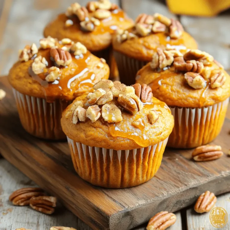 - 1 ½ cups all-purpose flour - 1 cup pumpkin puree (canned or homemade) - ½ cup maple syrup - ½ cup brown sugar - ½ cup vegetable oil - 2 large eggs - 1 teaspoon vanilla extract - 1 teaspoon baking powder - ½ teaspoon baking soda - ½ teaspoon cinnamon - ¼ teaspoon nutmeg - ¼ teaspoon salt - ¾ cup chopped pecans (plus extra for topping) You can use whole wheat flour instead of all-purpose flour. This adds fiber and flavor. For a lighter muffin, try using cake flour. If you want a lower sugar option, swap brown sugar with coconut sugar. You can also reduce maple syrup by half. It will still taste great! - Pumpkin Puree: This adds moisture and rich flavor. It gives muffins a warm, earthy taste. - Maple Syrup: This sweetener brings a unique flavor. It pairs perfectly with pumpkin and spices. - Pecans: They add crunch and nuttiness. Chopped pecans enhance texture and taste. - Baking Powder and Baking Soda: These are leavening agents. They help the muffins rise and become fluffy. - Spices: Cinnamon and nutmeg give warmth. They create that cozy, fall flavor we love. Feel free to play with these ingredients to make your muffins truly yours. Enjoy the process! First, gather all your ingredients. You need flour, pumpkin puree, maple syrup, brown sugar, vegetable oil, eggs, vanilla, and spices. Also, get your chopped pecans. Preheat your oven to 350°F (175°C). Line your muffin tin with liners or lightly grease it. In a big bowl, mix the pumpkin puree, maple syrup, brown sugar, vegetable oil, eggs, and vanilla. Whisk until smooth. In another bowl, combine flour, baking powder, baking soda, cinnamon, nutmeg, and salt. Now, slowly add the dry mix to the wet mix. Fold gently until just combined; don’t overmix. Next, stir in the chopped pecans, but keep a few for later. Divide the batter into the muffin cups, filling them about ¾ full. Sprinkle the reserved pecans on top. Bake for 20-25 minutes. Check if they are done by inserting a toothpick into the center. It should come out clean. To check if your muffins are ready, use a toothpick. Insert it into the center of a muffin. If it comes out clean, they are done. If not, bake for a few more minutes. Keep an eye on them. You want a golden top and a nice rise. Enjoy the smell as they bake! When you bake, small errors can lead to big issues. Here are some common mistakes to avoid: - Overmixing the batter: This makes the muffins tough. Mix just until combined. - Not measuring flour correctly: Too much flour can dry out your muffins. Use the spoon and level method. - Skipping the muffin liners: This can cause sticking. Always use liners or grease the pan well. - Not preheating the oven: Muffins need a hot oven to rise properly. Always preheat before baking. For perfect muffins, I follow these steps: - Use fresh ingredients: Check your baking powder and spices. Fresh ingredients give better flavor. - Room temperature eggs: They mix better with cold ingredients. Take them out ahead of time. - Fill muffin cups properly: Fill each cup about ¾ full. This helps them rise evenly. - Check with a toothpick: Insert it into the center. It should come out clean when done. Want to boost flavor? Try these ideas: - Add spices: A pinch of cloves or ginger gives warmth. - Mix in chocolate chips: They add sweetness and richness. - Fold in dried fruit: Raisins or cranberries can add a nice chew. - Top with a crumb topping: Mix butter, flour, and sugar for a crunchy finish. These tips will help you create the best Pumpkin Maple Pecan Muffins. Enjoy the process and the tasty results! {{image_2}} To make these muffins gluten-free, swap the all-purpose flour with a gluten-free blend. Look for one that has xanthan gum, as it helps with texture. You will notice a slight change in taste and texture, but they will still be delicious. You can make these muffins vegan by replacing the eggs. Use 1 tablespoon of ground flaxseed mixed with 2.5 tablespoons of water for each egg. Allow it to sit for about five minutes to thicken. You can also substitute the vegetable oil with applesauce for a lighter muffin. Feel free to mix in extra flavors! Chocolate chips can add sweetness. Try adding dried cranberries or raisins for a fruity twist. You can even add a sprinkle of pumpkin spice for more warmth. These add-ins bring new life to a classic muffin! To keep your pumpkin maple pecan muffins fresh, store them in an airtight container. Place parchment paper between layers to prevent sticking. Muffins will stay soft for about three days at room temperature. For longer storage, use the fridge. Just remember, the fridge can dry them out a bit. Freezing muffins is simple and quick. First, let them cool completely. Then, wrap each muffin tightly in plastic wrap or foil. Place the wrapped muffins in a freezer bag and remove as much air as possible. Label the bag with the date. Frozen muffins can last up to three months. When you're ready to enjoy a muffin, reheat it for the best taste. You can microwave it for about 20-30 seconds. If you prefer a crunchy top, pop it in the oven at 350°F (175°C) for about 5-10 minutes. This will bring back that fresh-baked goodness. Enjoy your muffin warm! Pumpkin muffins last about 3 to 5 days at room temperature. To keep them fresh, store them in an airtight container. If you want to keep them longer, place them in the fridge for up to a week. Yes, you can use fresh pumpkin. Just cook and puree it before adding it to the mix. Fresh pumpkin gives a nice flavor but may have more moisture. Adjust the other wet ingredients to balance the texture. You can use honey or agave syrup as a substitute for maple syrup. Both will sweeten well, but they may alter the flavor slightly. You can also use a mix of brown sugar and water if you want a thicker mix. These muffins can be healthy! They contain pumpkin, which is high in vitamins and fiber. The pecans add healthy fats and protein. However, they also have sugar and oil. Enjoy them in moderation as part of a balanced diet. We explored the ingredients and steps for tasty pumpkin maple pecan muffins. I shared tips to avoid mistakes and ensure perfect muffins. You learned about gluten-free and vegan options, along with storage tips to keep them fresh. Baking these muffins is fun and easy. Enjoy experimenting with flavors and creating your own version. Now it's time to bake, taste, and savor every bite!