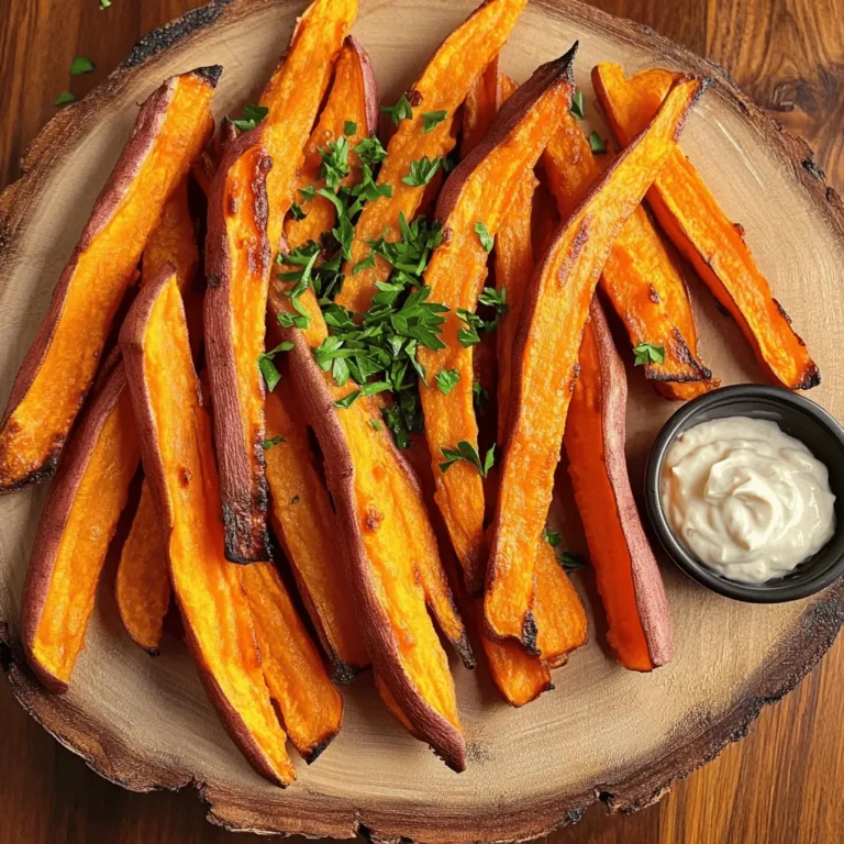 - 2 medium sweet potatoes, peeled and cut into thin fries - 2 tablespoons olive oil - 1 teaspoon garlic powder - 1 teaspoon paprika - 1/2 teaspoon cayenne pepper (optional for heat) - Salt and pepper to taste - Fresh parsley, chopped (for garnish) Sweet potatoes are the star of this dish. Choose medium-sized, firm sweet potatoes. Peel them and cut them into thin fries. The thinner they are, the crispier they will get. This is true magic in an air fryer. Next, we need some oil. Use olive oil for flavor and to help the fries crisp up. You’ll also need seasonings. Garlic powder adds depth, while paprika gives a nice color. If you like heat, cayenne pepper is a great option. Salt and pepper are must-haves for taste. Garnishing is fun! Fresh parsley adds a pop of color. It makes your fries look fancy. You can also serve your fries with a dip. Garlic aioli or spicy chipotle mayo works well to enhance the flavor. Peel the sweet potatoes using a sharp knife or a vegetable peeler. Cut the sweet potatoes into thin fries. Aim for uniformity in size to ensure even cooking. If some fries are thicker, they may not cook at the same rate. Keep them all around the same thickness for the best results. Put the cut fries in a large bowl. Pour two tablespoons of olive oil over them. Toss the fries to coat them evenly. This helps them crisp up nicely. In a small bowl, mix one teaspoon of garlic powder, one teaspoon of paprika, and half a teaspoon of cayenne pepper if you like heat. Add salt and pepper to taste. Sprinkle this mix over the fries. Toss again to ensure the fries are well-coated with the spices. Preheat your air fryer to 400°F (200°C) for about five minutes. This step is key for crispy fries. Once preheated, arrange the fries in a single layer in the basket. If you have too many fries, fry them in batches. Overcrowding can make them soggy. Air fry the sweet potato fries for 15 to 18 minutes. Shake the basket halfway through cooking. This helps them cook evenly. When they turn golden brown and crispy, they are ready to enjoy. Remove them carefully and place them on a serving plate. Finish by garnishing with chopped parsley for a fresh touch. To avoid soggy fries, start with dry sweet potatoes. After cutting, pat them with a towel. The moisture will make them soft instead of crispy. Use just enough oil to coat each fry. Too much oil can lead to a mushy texture. Shaking the basket while cooking is key. Halfway through, take a moment to shake the fries. This helps them cook evenly. It also allows hot air to reach all sides, making them crispy. Get creative with your spice blends. Try adding cumin for a warm flavor. You can use chili powder for extra heat. Mix in some dried herbs like oregano or thyme for a fresh twist. Customize the heat level to suit your taste. If you love spice, add more cayenne pepper. For a milder flavor, skip the heat altogether. The choice is yours! Pair sweet potato fries with tasty dips. Garlic aioli is a classic choice. You can also serve them with spicy chipotle mayo for a kick. Ketchup and ranch dressing work well, too. For plating, stack the fries in a cone or a small basket. This makes for a fun presentation. Sprinkle chopped parsley on top for a pop of color. Enjoy your crispy treat! {{image_2}} You can change up the flavors of sweet potato fries in many ways. Try adding herbs and spices to make them unique. Here are some ideas: - Rosemary: This herb adds a great aroma. - Cumin: It brings a warm, earthy taste. - Chili Powder: For a smoky kick, add this spice. You can also mix in other vegetables. Carrots or zucchini can work well. Cut them into thin strips and toss them with your sweet potatoes. This adds color and nutrition to your dish. If you want a lighter option, use alternative oils. Instead of olive oil, try avocado oil. It has a high smoke point and adds a nice flavor. You can also omit the oil entirely. The air fryer still makes crispy fries without it. Baking is another option. Baking sweet potato fries can be healthy, but it usually takes longer. Air frying cooks them faster and gives them that perfect crunch. Choose air frying for quicker, crispier results. To keep your sweet potato fries fresh, let them cool first. Then, place them in an airtight container. Store the container in the fridge. They stay good for about 2-3 days. When you want to eat them again, reheating is key. Heat your air fryer to 350°F (175°C). Place the fries in the basket and cook for about 5-7 minutes. This helps them regain their crispy texture. Avoid using the microwave, as it can make them soggy. You can freeze sweet potato fries for later use. Start by cutting and seasoning them as usual. Spread the fries in a single layer on a baking sheet. Make sure they do not touch each other. Freeze them for about 1-2 hours. After the fries are frozen, transfer them to a freezer bag. This keeps them from sticking together. Label the bag with the date. They can last for up to 3 months in the freezer. When you are ready to cook the frozen fries, no need to thaw them. Preheat your air fryer to 400°F (200°C). Cook them for about 18-20 minutes, shaking the basket halfway. This way, they will come out crispy and flavorful, just like fresh! Sweet potato fries usually take about 15 to 18 minutes to cook in an air fryer. You should set the temperature at 400°F (200°C). I recommend shaking the basket halfway through to help them cook evenly. This method gives you that perfect crispy texture. Yes, you can use frozen sweet potatoes for air fryer fries. They are great for a quick snack. However, they may not get as crispy as fresh ones. Frozen fries often have extra moisture. This can lead to a softer texture. If you choose frozen, skip the oil and spices since they are usually pre-seasoned. The best way to season sweet potato fries is simple. I use garlic powder, paprika, and a hint of cayenne for heat. Here’s my go-to mix: - 1 teaspoon garlic powder - 1 teaspoon paprika - 1/2 teaspoon cayenne pepper (optional) - Salt and pepper to taste You can also try adding herbs like rosemary or thyme. Feel free to mix and match your favorite spices. Just remember to toss the fries well in the seasoning. This helps each fry get coated for the best flavor. In this blog post, we explored how to make the perfect sweet potato fries. We covered ingredients, preparation, and detailed steps for air frying. You learned tips for crispiness and various seasoning ideas. Remember, the right cut and evenly spaced fries make a big difference. Try mixing spices or adding dips to enhance flavor. With practice, you can create tasty fries every time. Enjoy experimenting with different recipes and flavors to find your favorite!