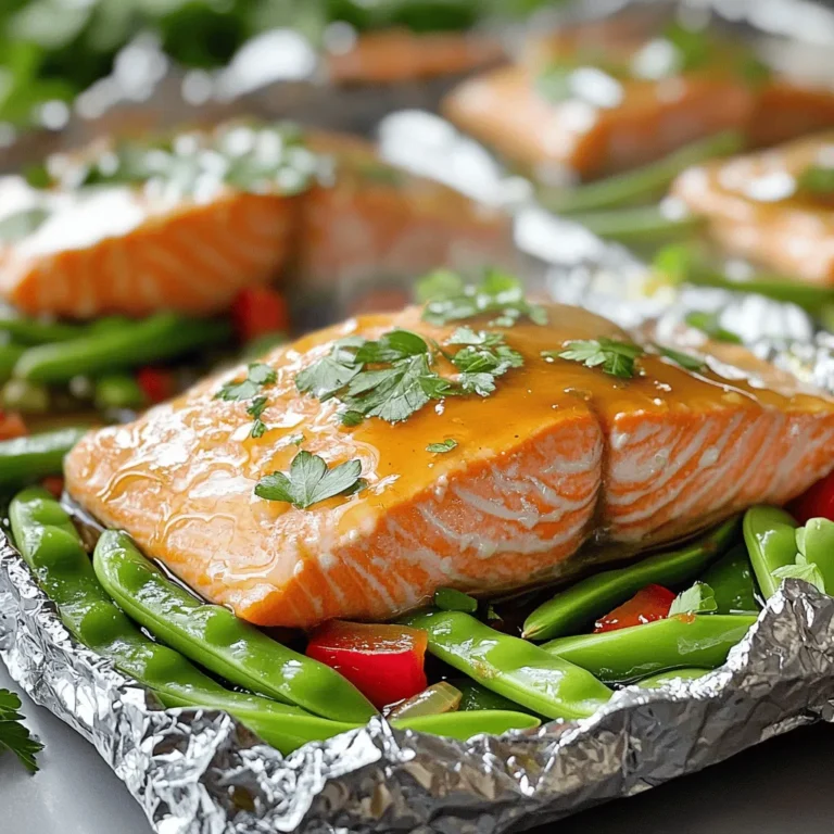 - 4 salmon fillets - 1/4 cup honey - 4 cloves garlic, minced - 2 tablespoons soy sauce - 2 tablespoons olive oil - 1 teaspoon fresh ginger, grated - 1 cup snow peas, trimmed - 1 red bell pepper, sliced - 1 tablespoon fresh lemon juice - Salt and pepper to taste - Fresh parsley, chopped (for garnish) The main ingredients for this dish are salmon fillets, honey, and garlic. Salmon gives a rich taste and healthy fats. Honey adds sweetness and helps with caramelization. Garlic gives a bold flavor that pairs well with salmon. For the additional ingredients, soy sauce brings a savory depth. Olive oil keeps everything moist while cooking. Fresh ginger adds warmth and a hint of spice. Snow peas and red bell pepper bring crunch and color. Lemon juice adds brightness and balances the sweetness. Don’t forget salt and pepper! They enhance all the flavors. Lastly, fresh parsley is a lovely touch for garnish. This mix of ingredients creates a vibrant, tasty meal. The sweet, savory sauce coats the salmon and veggies perfectly. You will love how simple this recipe is. It’s fun to make and even better to eat! 1. First, preheat your oven to 400°F (200°C). This helps the salmon cook evenly and get that perfect texture. 2. In a small bowl, whisk together the sauce ingredients. Mix the honey, minced garlic, soy sauce, olive oil, grated ginger, and lemon juice until smooth. This sauce adds a tasty glaze to your salmon. 1. Next, cut four large pieces of aluminum foil. Each piece should be about 12 inches long. This size will hold your salmon and veggies nicely. 2. Place one salmon fillet in the center of each foil piece. This step keeps the fish moist and flavorful. 3. Season the salmon fillets with salt and pepper. Then, drizzle the honey garlic sauce over each fillet, making sure to coat them well. A good coating makes all the difference in flavor! 1. Now, distribute the snow peas and sliced red bell pepper evenly around the salmon on each foil piece. These veggies add color and crunch. 2. Fold the sides of the foil over the salmon and vegetables, creating a tightly sealed packet. This keeps all the flavors inside while cooking. 3. Place the foil packs on a baking sheet and bake in the preheated oven for about 20-25 minutes. The salmon should cook through and flake easily with a fork when done. Carefully open the foil packs and watch out for steam! Transfer the tasty contents to plates and enjoy your delicious meal! - Ensure the salmon is fresh: Fresh salmon has a bright color and a clean smell. Look for firm fillets. If you can, buy from a trusted fish market. This will make your meal taste better. - Adjusting cook time based on fillet thickness: Thicker fillets take longer to cook. If your salmon is thick, add a few extra minutes in the oven. Check for doneness by seeing if it flakes easily with a fork. - Marinade preparation tips: The honey garlic sauce is key. Mix the honey, minced garlic, soy sauce, olive oil, ginger, and lemon juice well. Let it sit for a few minutes before using. This helps the flavors blend. - Best side dishes to complement: Serve with rice or quinoa for a full meal. A fresh salad adds a nice crunch. Roasted vegetables are also great to balance the flavors of the salmon. {{image_2}} You can switch up the veggies in your foil packs. Try using broccoli, asparagus, or zucchini. Each adds a unique flavor and texture. Seasonal options like carrots in fall or cherry tomatoes in summer work great too. Fresh veggies can brighten up your meal. You can boost the taste by adding spices and herbs. Consider mixing in some chili flakes for heat or fresh thyme for a fragrant touch. If you want to switch proteins, chicken or tofu are good substitutes. Just adjust the cooking time for thickness. These changes can make each meal exciting! To keep your honey garlic salmon fresh, follow these tips: - Refrigerating: Place leftovers in an airtight container. They stay good for up to three days. Keep the salmon and veggies together for the best taste. - Freezing: If you want to save some for later, wrap each foil pack tightly in plastic wrap. Then, place them in a freezer-safe bag. They can last up to two months. When ready to eat, thaw overnight in the fridge. To reheat your salmon packs properly, use these methods: - Best Methods: The oven works best. Preheat to 350°F (175°C). Place the foil pack on a baking sheet and heat for 15 minutes. You can also use a microwave, but it may make the salmon a bit dry. - Tips to Maintain Flavor and Texture: Add a splash of water or broth inside the pack before reheating. This helps keep the salmon moist and tasty. Always check that the salmon is heated through before eating. How long to cook salmon in foil? You cook salmon in foil for about 20 to 25 minutes. This time works well at 400°F (200°C). The salmon should flake easily with a fork when done. Cooking time may change based on the thickness of the fillets. Thicker fillets may need more time to cook through. Always check for doneness to avoid overcooking. Can I use frozen salmon fillets? Yes, you can use frozen salmon fillets. However, I suggest thawing them first for even cooking. If you use frozen salmon, add about 5 to 10 minutes to the cooking time. Make sure the salmon is cooked fully before serving. What to serve with Honey Garlic Salmon? Honey garlic salmon goes well with many sides. You might try rice, quinoa, or a fresh salad. Roasted vegetables also pair nicely for a complete meal. If you want a crunchy side, add some garlic bread. It soaks up any leftover sauce too! Is this recipe suitable for meal prep? Yes, this recipe is great for meal prep. You can make it ahead of time and store the packs in the fridge. Simply reheat them in the oven or a microwave when you're ready to eat. This makes busy weeknights much easier! In this post, we explored a simple honey garlic salmon recipe. You learned about key ingredients like fresh salmon, honey, and garlic. I provided easy steps for preparing and cooking salmon in foil packs. Plus, we covered tips for enhancing flavor and storing leftovers. This dish is not only tasty but also quick to make. You can customize it with different vegetables or proteins. Enjoy experimenting and sharing this healthy meal with family and friends!
