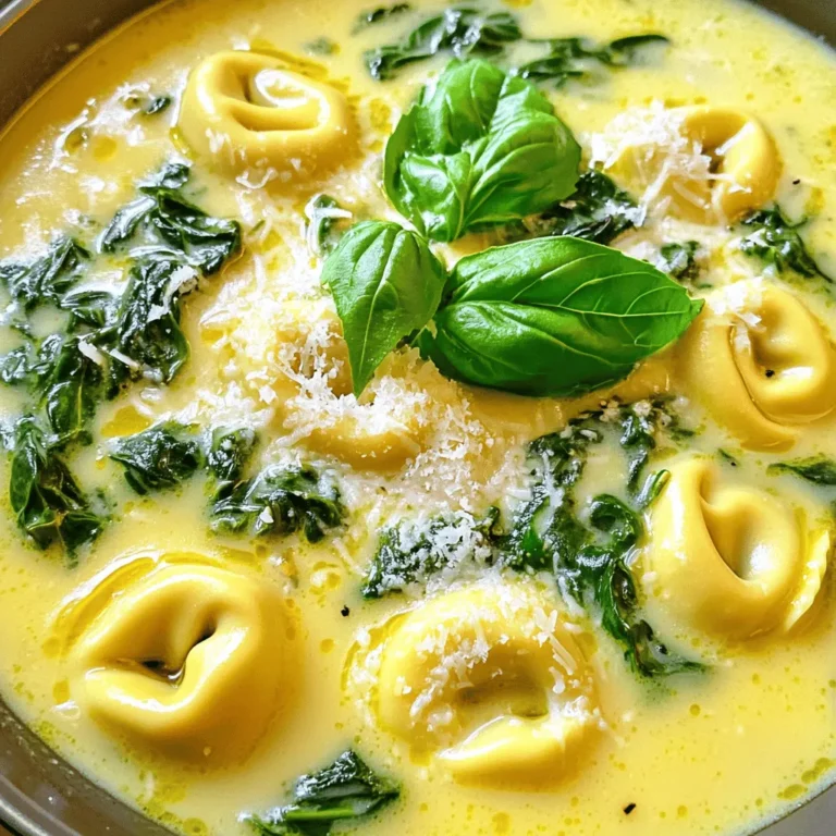 - 2 tablespoons olive oil - 1 medium onion, diced - 3 cloves garlic, minced - 4 cups vegetable broth - 1 cup heavy cream - 1 package (9 ounces) cheese tortellini - 4 cups fresh spinach, roughly chopped - 1 teaspoon dried Italian herbs - Salt and pepper to taste - Grated Parmesan cheese for serving - Fresh basil leaves for garnish When making Creamy Spinach Tortellini Soup, you need a few key ingredients. First, olive oil adds flavor and richness. Next, the onion and garlic create a great base. They bring sweetness and depth. For the soup's body, vegetable broth and heavy cream are vital. The broth gives a savory base, while the cream makes it rich and creamy. Cheese tortellini is the star of this dish. It adds a nice texture and flavor. Fresh spinach is essential for brightness. It adds color and nutrients. Dried Italian herbs give the soup its cozy, warm flavor. Finally, salt and pepper adjust the taste to your liking. Don't forget the garnishes! Grated Parmesan cheese adds a salty touch, while fresh basil leaves give a pop of freshness. Each ingredient plays a role in making this soup comforting and tasty. Sautéing the onions and garlic First, heat 2 tablespoons of olive oil in a large pot over medium heat. Add 1 medium diced onion. Sauté it for about 5 minutes until it looks soft and clear. Then, stir in 3 minced garlic cloves. Cook for 1 more minute. You want to smell that garlic! Adding vegetable broth and cream Next, pour in 4 cups of vegetable broth. Bring this mixture to a gentle simmer. After it starts to bubble, add 1 cup of heavy cream. Then, mix in 1 teaspoon of dried Italian herbs. Let this simmer for about 5 minutes. The cream makes it rich and tasty. Cooking the tortellini Now, add 1 package of cheese tortellini to the pot. Cook it according to the package instructions, usually around 3 to 5 minutes. Keep an eye on it; you want it to be tender but not mushy. Introducing spinach and seasonings Once the tortellini is done, fold in 4 cups of roughly chopped spinach. Let it wilt for about 2 minutes. Season the soup with salt and pepper to taste. This step adds depth to the flavor. Serving suggestions Serve your soup hot. Top it with grated Parmesan cheese for a nice finish. You can also add fresh basil leaves for a pop of color and flavor. Enjoy this creamy bowl of comfort! Choosing the right tortellini Pick fresh cheese tortellini for the best taste. Fresh pasta has a soft texture. It cooks faster and absorbs more flavor. If you use dried tortellini, adjust the cooking time. Follow package instructions for perfect results. Adding extra herbs and spices For more flavor, try adding fresh herbs like basil or thyme. A pinch of red pepper flakes adds a nice kick. You can also sprinkle some lemon zest for brightness. These small changes make a big difference in taste. How to avoid overcooking tortellini To prevent overcooking, keep an eye on the timer. Cook tortellini for just 3-5 minutes. When they float, they are usually done. Test one piece to check if it’s soft and tender. Perfecting the soup's texture For a creamy texture, mix the heavy cream slowly. Stir it in gently after the broth simmers. This helps keep the soup smooth. If you like a thicker soup, add a bit more cream or use less broth. {{image_2}} You can easily change the pasta in this soup. Use any small pasta you like. Bowtie or shells work great too. These options add unique shapes and textures. You can also try using whole wheat or chickpea pasta for added nutrition. For proteins, think about adding cooked chicken or turkey. Shrimp can also bring a nice twist. If you want more veggies, add mushrooms, zucchini, or carrots. They will enhance the flavor and make it heartier. If you need a gluten-free option, use gluten-free pasta. Many brands offer great choices that cook well. This way, you can enjoy the soup without worry. For a vegan version, swap out heavy cream for coconut milk or cashew cream. Choose vegan tortellini, or skip it altogether and add more veggies instead. You can make this soup fit your needs while keeping it delicious. To keep your creamy spinach tortellini soup fresh, put it in an airtight container. Let it cool first. This soup stays good in the fridge for about 3-4 days. If you want to save it for longer, freezing is a great option. Pour the cooled soup into freezer-safe bags. Lay the bags flat in the freezer. This way, they take up less space. You can freeze it for up to 3 months. When you’re ready to enjoy your soup again, there are a few great ways to reheat it. The best method is to use a pot on the stove. Pour the soup into the pot and heat it over medium heat. Stir it often to keep it from sticking. This also helps keep the flavors mixed well. You can also use a microwave if you are in a hurry. Place the soup in a microwave-safe bowl. Heat it in 30-second bursts, stirring in between. This ensures it heats evenly. No matter how you reheat it, always check that it’s hot all the way through before serving. Can I make this soup ahead of time? Yes, you can make this soup ahead of time. Just cook it and cool it down. Store it in the fridge for up to two days. When ready, reheat it on the stove. How long can I store leftovers? You can store leftovers in the fridge for about three days. Make sure to keep it in an airtight container. If you want to save it longer, freeze it for up to three months. Can I use frozen spinach instead of fresh? Absolutely! Frozen spinach works well in this soup. Just thaw it and drain any excess water. Add it at the same time you would add fresh spinach. This makes the soup easy and tasty. This blog post covers the key ingredients and steps to make creamy spinach tortellini soup. I shared tips for enhancing flavor and cooking techniques to achieve the perfect texture. You can also explore ingredient swaps and dietary options, ensuring everyone can enjoy this delicious dish. Remember, storing and reheating leftovers properly keeps the soup tasty. With these ideas, you can create a comforting soup that warms hearts and bellies. You now have all the tools to make a delightful meal anytime!
