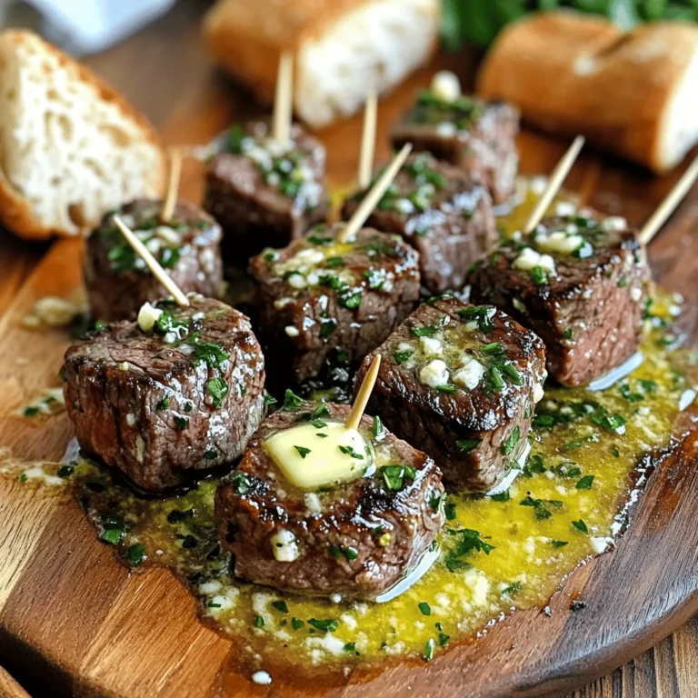 - 1 lb sirloin steak, cut into 1-inch cubes - 4 tablespoons unsalted butter - 4 cloves garlic, minced - 2 teaspoons fresh rosemary, chopped - 2 teaspoons fresh thyme, chopped - 1 teaspoon olive oil - Salt and pepper to taste - Fresh parsley, for garnish If you can't find sirloin steak, you can use tenderloin or ribeye. They work well too. If you want less fat, try using flank steak. For butter, you can swap in ghee or margarine. If you lack fresh herbs, use dried ones. Use one-third the amount since dried herbs are stronger. You could also use garlic powder instead of fresh garlic if needed. You will need a large skillet to cook the steak bites. A good-quality knife and cutting board will help you cut the steak. Use paper towels to pat the steak dry. A spoon will help baste the steak with the butter. Finally, grab a serving dish to present the steak bites beautifully. First, take your sirloin steak and cut it into 1-inch cubes. I like to pat the steak dry with paper towels. This step helps the steak sear better. Next, season the steak cubes generously with salt and pepper. Make sure to cover all sides. This seasoning will boost the flavor. Now it’s time to heat the pan. In a large skillet, add 1 teaspoon of olive oil over medium-high heat. Wait until the oil is hot. It should shimmer a bit. Then, add the seasoned steak bites in a single layer. Avoid overcrowding the pan for best results. Sear the steak for 2-3 minutes on one side. You want it to form a nice crust. Flip the steak and sear the other side for another 2-3 minutes. Adjust the time if you want it cooked more or less. Once your steak is at the right doneness, lower the heat to medium. Add 4 tablespoons of butter, 4 minced garlic cloves, 2 teaspoons of chopped rosemary, and 2 teaspoons of chopped thyme to the skillet. As the butter melts, use a spoon to baste the steak bites with the tasty mixture. Do this for about 2 minutes. This step adds richness and flavor. Cook for another minute until the garlic turns fragrant and lightly golden. Remove the skillet from heat. Now, transfer the steak bites to a serving dish. Drizzle the garlic herb butter from the skillet on top. Finish by garnishing with fresh parsley for a pop of color. To get the best steak bites, use sirloin. This cut cooks well and has good flavor. Make sure to pat the steak cubes dry. This helps them sear nicely. Season the cubes with salt and pepper. This adds taste right from the start. Heat your skillet on medium-high. This is key for a great sear. Add the steak cubes in a single layer. Don't crowd the pan, or they won't brown well. Cook for 2-3 minutes per side for medium-rare. Adjust the time if you like your steak more well-done. For extra flavor, add garlic and herbs right after cooking. Baste the steak bites with the melted butter to enhance the taste. If you have leftovers, cool them down first. Place them in an airtight container. This keeps them fresh for longer. You can store them in the fridge for up to three days. For longer storage, freeze them in a freezer-safe bag. Be sure to remove as much air as possible. This prevents freezer burn and keeps the flavor intact. Serve the steak bites on a wooden board for a rustic look. You can also use a white platter for a clean presentation. Drizzle the garlic herb butter over the top for added flavor. Garnish with fresh parsley for color. Pair these bites with toothpicks for easy serving. They also go great with crusty bread to soak up the butter. Consider serving a fresh salad or roasted veggies on the side for a complete meal. {{image_2}} You can use many cuts of steak for this recipe. Sirloin is great, but try ribeye for more fat and flavor. Tenderloin gives a soft bite, while flank steak works well if cut thin. Each cut brings its own taste and texture. Feel free to change the herbs! Try adding oregano or basil for a different twist. You can also use dried herbs if you don’t have fresh ones. A pinch of red pepper flakes adds a nice kick. Customize the flavor to fit your taste. You can cook these steak bites in different ways. Grilling adds a smoky flavor, perfect for summer. You can also use an air fryer for a quicker option. Sous vide gives you great control over the doneness. Each method changes the texture and taste, so experiment! To keep your leftover steak bites fresh, first let them cool. Place the steak bites in an airtight container. This helps keep moisture in and prevents the bites from drying out. Store the container in the fridge. Your steak bites will stay good for about 3 to 4 days. When you’re ready to enjoy your leftovers, reheat the steak bites for the best taste. Use a skillet over medium heat. Add a small amount of butter or oil to the pan. This will help keep the meat juicy. Heat the steak bites for about 3 to 4 minutes, flipping them halfway through. You can also reheat them in the microwave, but be careful not to overcook. If you want to save your steak bites for later, freezing is a great option. Place the cooled steak bites in a freezer-safe bag. Remove as much air as you can before sealing to avoid freezer burn. You can freeze them for up to 3 months. To thaw, place them in the fridge overnight before reheating. This keeps them tasty and safe. Yes, you can use frozen steak. Thaw it first in the fridge overnight. This keeps the meat juicy. After thawing, pat it dry. This helps achieve a nice crust when you cook it. You can store garlic herb butter steak bites for about 3 days. Keep them in an airtight container. This preserves their flavor and texture. Make sure they cool down before storing. Great sides include roasted vegetables or a fresh salad. Mashed potatoes also work well. They soak up the flavorful butter. Garlic bread is another tasty choice. It adds crunch and flavor to your meal. In this blog post, I covered the key ingredients and tools needed for cooking garlic herb butter steak bites. I explained each step, from preparation to finishing touches. Tips included getting the perfect cook and how to store leftovers. You can try different cuts or cooking methods to suit your taste. Enjoying this dish is easy, and the variations keep it fun. Remember to store and reheat properly for the best results. Now, you’re ready to impress at your next meal!