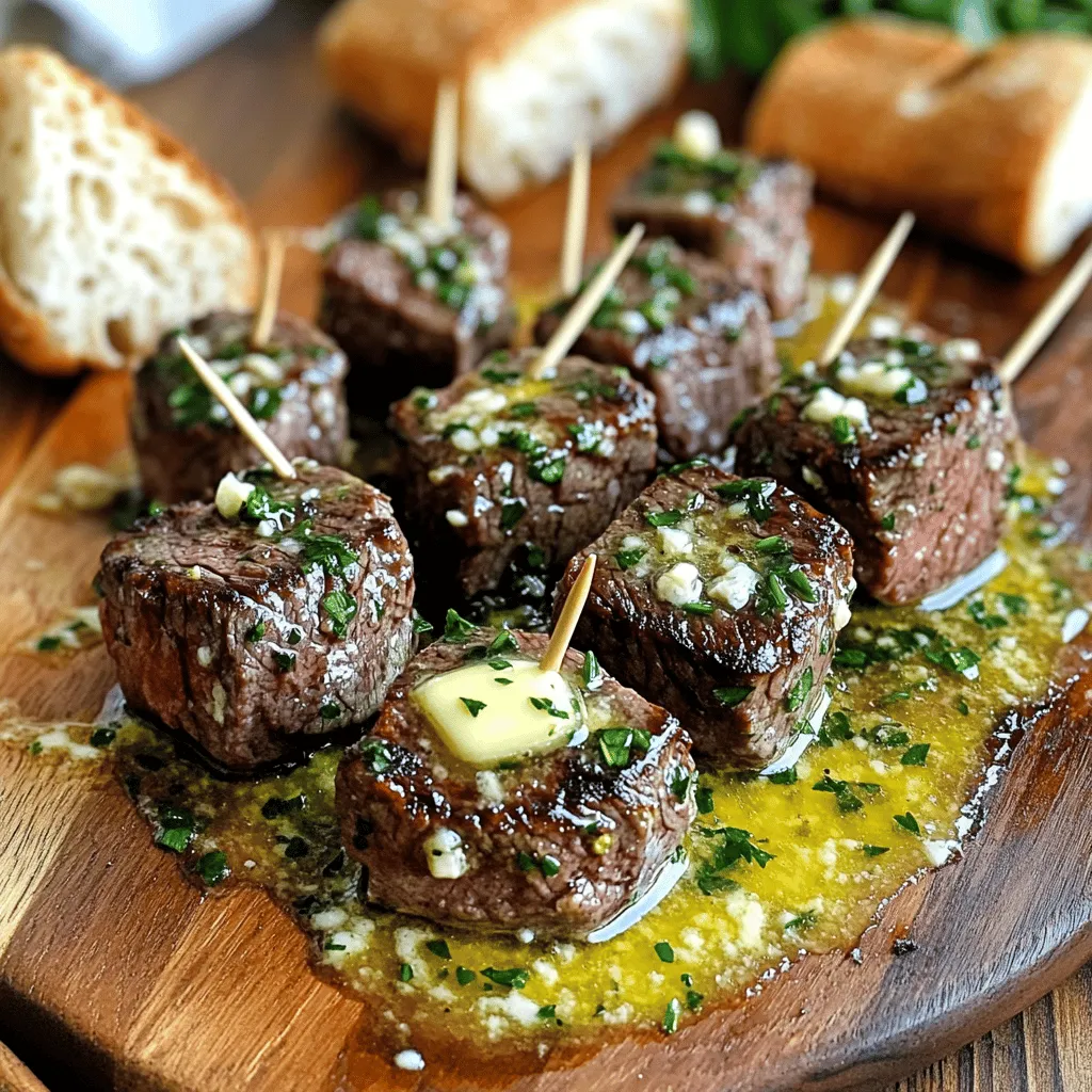 - 1 lb sirloin steak, cut into 1-inch cubes - 4 tablespoons unsalted butter - 4 cloves garlic, minced - 2 teaspoons fresh rosemary, chopped - 2 teaspoons fresh thyme, chopped - 1 teaspoon olive oil - Salt and pepper to taste - Fresh parsley, for garnish If you can't find sirloin steak, you can use tenderloin or ribeye. They work well too. If you want less fat, try using flank steak. For butter, you can swap in ghee or margarine. If you lack fresh herbs, use dried ones. Use one-third the amount since dried herbs are stronger. You could also use garlic powder instead of fresh garlic if needed. You will need a large skillet to cook the steak bites. A good-quality knife and cutting board will help you cut the steak. Use paper towels to pat the steak dry. A spoon will help baste the steak with the butter. Finally, grab a serving dish to present the steak bites beautifully. First, take your sirloin steak and cut it into 1-inch cubes. I like to pat the steak dry with paper towels. This step helps the steak sear better. Next, season the steak cubes generously with salt and pepper. Make sure to cover all sides. This seasoning will boost the flavor. Now it’s time to heat the pan. In a large skillet, add 1 teaspoon of olive oil over medium-high heat. Wait until the oil is hot. It should shimmer a bit. Then, add the seasoned steak bites in a single layer. Avoid overcrowding the pan for best results. Sear the steak for 2-3 minutes on one side. You want it to form a nice crust. Flip the steak and sear the other side for another 2-3 minutes. Adjust the time if you want it cooked more or less. Once your steak is at the right doneness, lower the heat to medium. Add 4 tablespoons of butter, 4 minced garlic cloves, 2 teaspoons of chopped rosemary, and 2 teaspoons of chopped thyme to the skillet. As the butter melts, use a spoon to baste the steak bites with the tasty mixture. Do this for about 2 minutes. This step adds richness and flavor. Cook for another minute until the garlic turns fragrant and lightly golden. Remove the skillet from heat. Now, transfer the steak bites to a serving dish. Drizzle the garlic herb butter from the skillet on top. Finish by garnishing with fresh parsley for a pop of color. To get the best steak bites, use sirloin. This cut cooks well and has good flavor. Make sure to pat the steak cubes dry. This helps them sear nicely. Season the cubes with salt and pepper. This adds taste right from the start. Heat your skillet on medium-high. This is key for a great sear. Add the steak cubes in a single layer. Don't crowd the pan, or they won't brown well. Cook for 2-3 minutes per side for medium-rare. Adjust the time if you like your steak more well-done. For extra flavor, add garlic and herbs right after cooking. Baste the steak bites with the melted butter to enhance the taste. If you have leftovers, cool them down first. Place them in an airtight container. This keeps them fresh for longer. You can store them in the fridge for up to three days. For longer storage, freeze them in a freezer-safe bag. Be sure to remove as much air as possible. This prevents freezer burn and keeps the flavor intact. Serve the steak bites on a wooden board for a rustic look. You can also use a white platter for a clean presentation. Drizzle the garlic herb butter over the top for added flavor. Garnish with fresh parsley for color. Pair these bites with toothpicks for easy serving. They also go great with crusty bread to soak up the butter. Consider serving a fresh salad or roasted veggies on the side for a complete meal. {{image_2}} You can use many cuts of steak for this recipe. Sirloin is great, but try ribeye for more fat and flavor. Tenderloin gives a soft bite, while flank steak works well if cut thin. Each cut brings its own taste and texture. Feel free to change the herbs! Try adding oregano or basil for a different twist. You can also use dried herbs if you don’t have fresh ones. A pinch of red pepper flakes adds a nice kick. Customize the flavor to fit your taste. You can cook these steak bites in different ways. Grilling adds a smoky flavor, perfect for summer. You can also use an air fryer for a quicker option. Sous vide gives you great control over the doneness. Each method changes the texture and taste, so experiment! To keep your leftover steak bites fresh, first let them cool. Place the steak bites in an airtight container. This helps keep moisture in and prevents the bites from drying out. Store the container in the fridge. Your steak bites will stay good for about 3 to 4 days. When you’re ready to enjoy your leftovers, reheat the steak bites for the best taste. Use a skillet over medium heat. Add a small amount of butter or oil to the pan. This will help keep the meat juicy. Heat the steak bites for about 3 to 4 minutes, flipping them halfway through. You can also reheat them in the microwave, but be careful not to overcook. If you want to save your steak bites for later, freezing is a great option. Place the cooled steak bites in a freezer-safe bag. Remove as much air as you can before sealing to avoid freezer burn. You can freeze them for up to 3 months. To thaw, place them in the fridge overnight before reheating. This keeps them tasty and safe. Yes, you can use frozen steak. Thaw it first in the fridge overnight. This keeps the meat juicy. After thawing, pat it dry. This helps achieve a nice crust when you cook it. You can store garlic herb butter steak bites for about 3 days. Keep them in an airtight container. This preserves their flavor and texture. Make sure they cool down before storing. Great sides include roasted vegetables or a fresh salad. Mashed potatoes also work well. They soak up the flavorful butter. Garlic bread is another tasty choice. It adds crunch and flavor to your meal. In this blog post, I covered the key ingredients and tools needed for cooking garlic herb butter steak bites. I explained each step, from preparation to finishing touches. Tips included getting the perfect cook and how to store leftovers. You can try different cuts or cooking methods to suit your taste. Enjoying this dish is easy, and the variations keep it fun. Remember to store and reheat properly for the best results. Now, you’re ready to impress at your next meal!