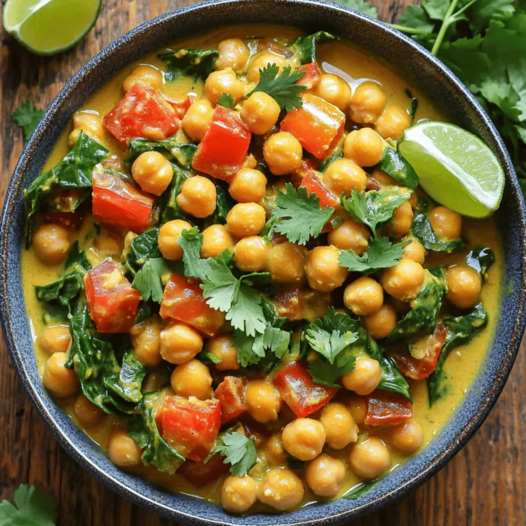 - 2 cans (15 oz each) chickpeas, drained and rinsed - 1 can (13.5 oz) coconut milk - 1 large onion, chopped - 3 cloves garlic, minced - 1 tablespoon ginger, grated - 2 tablespoons curry powder - 1 teaspoon ground cumin - 1 teaspoon turmeric - 1 teaspoon garam masala - 1 can (14.5 oz) diced tomatoes, undrained - 1 red bell pepper, chopped - 1 cup vegetable broth - 2 cups spinach leaves - Salt and pepper to taste - Fresh cilantro for garnish - Lime wedges for serving Gathering the right ingredients sets the stage for a fantastic dish. I love using canned chickpeas because they save time. They are ready to go and packed with protein. The coconut milk adds creaminess and a hint of sweetness. Chopping a large onion, mincing garlic, and grating ginger creates a wonderful base. These add depth and flavor to our curry. The blend of spices—curry powder, ground cumin, turmeric, and garam masala—is essential. This mix gives the dish its warm and vibrant taste. Don’t forget the diced tomatoes and red bell pepper. They bring color and texture. The vegetable broth helps combine all these flavors. Adding spinach leaves at the end adds a pop of green and nutrition. Finally, salt and pepper enhance the flavors. Garnishing with fresh cilantro and serving with lime wedges makes your dish even more special. This recipe is not just about ingredients; it’s about how they all come together to create a delightful meal. - In your slow cooker, add the chopped onion, minced garlic, grated ginger, and spices: curry powder, cumin, turmeric, and garam masala. - Stir these ingredients until they mix well. This will create a strong flavor base. - Next, add the drained chickpeas, diced tomatoes (with their juices), chopped red bell pepper, and coconut milk to the mix. - Pour in the vegetable broth and stir thoroughly. This step combines all the flavors and textures. - Cover the slow cooker and set it to cook on low for 6 hours or high for 3 hours. This slow cooking makes the veggies tender and melds the flavors. - In the last 15 minutes, stir in the spinach leaves until they wilt. This adds color and nutrition to your dish. - Finally, taste your curry and adjust the seasoning if needed. Serve warm and enjoy! You can adjust spices to fit your taste. If you like heat, add some red pepper flakes. For a milder flavor, reduce the curry powder. You can also add a splash of soy sauce for depth. Garnishes make a big difference too. Fresh cilantro adds a bright flavor. Lime wedges bring a zesty kick that wakes up the dish. Using a slow cooker is simple and fun. Make sure to layer ingredients properly. Start with onions and spices, and then add the rest. This helps the flavors mix well. Avoid opening the lid often. Each time you do, heat escapes, and cooking time increases. Keep an eye on your cooking time. If you set it on low, aim for six hours. For high, three hours works well. Check if veggies are tender before serving. If they are still hard, cook a bit longer. Adjust cooking time based on your slow cooker’s settings. Each one can vary slightly. {{image_2}} You can make this dish heartier by adding protein. Tofu is a great choice. Just cube firm tofu and add it at the start. It will soak up the flavors. If you prefer chicken, use boneless, skinless pieces. Cut them into chunks and stir them in with the chickpeas. Cooking Times: - For tofu, keep the cooking time the same. - For chicken, make sure to cook on high for about 4 hours or low for 6 hours. This ensures it is fully cooked and tender. You can easily make this dish gluten-free or vegan. To keep it vegan, just stick with chickpeas and coconut milk. If you want to avoid coconut milk, use almond milk or cashew cream. These will add a nice creaminess without the coconut flavor. Gluten-Free Options: - Always check labels for any pre-packaged ingredients. - Ensure your curry powder and vegetable broth are gluten-free. If you can't find chickpeas, you can use lentils instead. They will cook faster, so reduce the cooking time by about an hour. To keep your Slow Cooker Coconut Curry Chickpeas fresh, follow these tips: - Cool Down: Let the curry cool at room temperature for about 30 minutes. - Use Airtight Containers: Transfer the curry into clean, airtight containers. Glass or plastic containers work well. - Refrigerate: Store the containers in the fridge. Your curry will be good for 3 to 5 days. When you are ready to eat, reheat the curry on the stove or in the microwave. Stir it well to ensure even heating. If you want to save some for later, freezing is a great option: - Portion It Out: Divide the curry into smaller portions for easy thawing. - Use Freezer Bags or Containers: Place the portions in freezer bags or freezer-safe containers. Squeeze out as much air as possible before sealing. - Label: Write the date on the bag or container. This helps you track how long it has been frozen. To thaw, move the curry from the freezer to the fridge a day before. If you need it fast, you can thaw it in the microwave. Reheat it on the stove until hot before serving. Yes, you can. To cook on the stovetop, follow these steps: - Heat a large pot over medium heat. - Add the onion, garlic, ginger, and spices. Cook until the onion is soft. - Stir in the chickpeas, tomatoes, coconut milk, and broth. - Bring to a boil, then reduce the heat. Simmer for 20-30 minutes. - Add spinach in the last few minutes. Adjust seasoning before serving. This dish pairs well with several sides. Here are my favorites: - Cooked rice, which soaks up the curry's sauce. - Naan bread, perfect for dipping. - Quinoa, a nutty alternative to rice. - A light salad for freshness and crunch. Yes, you can use dried chickpeas. Here’s how to prepare them: - Soak 1 cup of dried chickpeas overnight in water. - Drain and rinse them. - Cook them in a pot of boiling water for 1-2 hours until tender. - Drain and use them just like canned chickpeas in this recipe. This recipe brings together simple ingredients like chickpeas, coconut milk, and spices to create a rich curry. You prepare it in the slow cooker, mixing everything for easy cooking. I shared tips for flavor and variations to fit your needs. You can store leftovers or freeze for later meals. Embrace this easy dish, making it your own with new tweaks or sides. Enjoy the warm and hearty taste!
