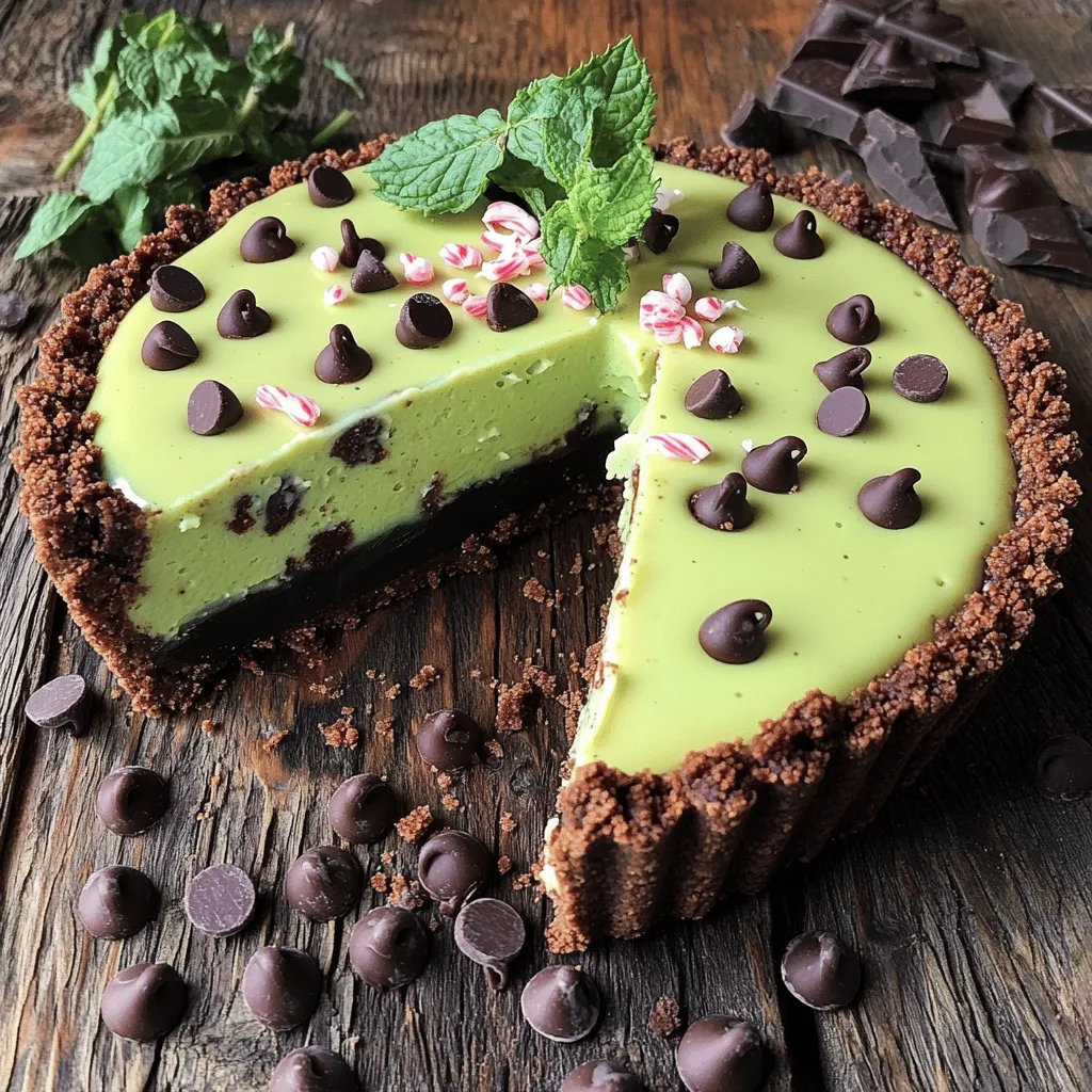 To create a delightful Mint Chocolate Grasshopper Pie, you need some key ingredients: - 1 pre-made chocolate cookie crust - 8 oz cream cheese, softened - 1 cup powdered sugar - 1 cup heavy whipping cream These ingredients form the base of your pie. The chocolate cookie crust gives a rich flavor and crunch. Cream cheese adds a creamy texture. Powdered sugar sweetens the mix, while heavy whipping cream makes it light and fluffy. To make your pie stand out, you will also need: - 1 teaspoon peppermint extract - 2 tablespoons green food coloring (adjust for desired color) - 1 cup mini chocolate chips - 1/4 cup crushed peppermint candies (for garnish) Peppermint extract gives the pie that fresh minty taste. Green food coloring adds a fun color, making it look festive. Mini chocolate chips provide little bursts of chocolate flavor. Crushed peppermint candies add a nice crunch on top. For decoration, grab some fresh mint leaves. They not only look pretty but also enhance the minty flavor. Placing these on top makes your pie even more inviting to eat. Now you have all the ingredients you need to whip up this cool treat! Start by beating the cream cheese in a large bowl. Use an electric mixer for a smooth and creamy texture. Once smooth, gradually add the powdered sugar. Mix until the sugar is fully combined. This step creates a sweet base for our pie. In a separate bowl, pour in the heavy cream. Whip it until stiff peaks form. This means the cream should hold its shape well. Next, gently fold the whipped cream into the cream cheese mixture. Be careful not to deflate the whipped cream. This keeps your pie light and fluffy. Now, it’s time to add flavor! Pour in one teaspoon of peppermint extract. This gives the pie its signature minty taste. Next, add the green food coloring. Mix until you get a nice, uniform shade. Adjust the color to your liking. Lastly, fold in the mini chocolate chips. They add a delightful crunch and chocolatey flavor. Pour your mint mixture into the pre-made chocolate cookie crust. Use a spatula to smooth the top. This helps make it look nice and even. Once you've smoothed it out, cover the pie with plastic wrap. Refrigerate for at least four hours. This allows the pie to set nicely. When ready, slice and enjoy this cool treat! To make a great Mint Chocolate Grasshopper Pie, you need a smooth filling. Here are some tips: - Best practices for whipping cream: Always start with cold heavy cream. Use a chilled bowl and beaters for best results. Whip until stiff peaks form. This gives your pie a light and fluffy texture. - Tips for folding without deflating: When you fold whipped cream into your cream cheese mixture, use a spatula. Gently lift and turn the mixture. This keeps the air in the cream. If you want to tweak the taste or color of your pie, here’s how: - How to modify peppermint intensity: Start with one teaspoon of peppermint extract. Taste the mixture. If you want more mint, add a little more. Go slow to avoid overpowering the pie. - Tips for achieving the desired shade of green: Use two tablespoons of green food coloring. Mix well and check the color. Add more if you like a brighter green. A beautiful pie makes it more fun to eat! Here are some ideas: - Creative serving ideas: Cut the pie into wedges. Place each piece on a plate. You can sprinkle chocolate chips around the edge for flair. - Using chocolate chips and peppermint for decoration: Top the pie with crushed peppermint candies. Add fresh mint leaves for a pop of color. This makes the pie look even more delicious. {{image_2}} You can change the crust easily. Instead of a chocolate cookie crust, try a graham cracker crust. This gives a nice twist to the pie. You can even use an almond flour crust for a gluten-free option. For a vegan or dairy-free pie, swap the cream cheese for a dairy-free cream cheese. Use coconut cream instead of heavy cream. Sweeten with a plant-based sugar like maple syrup. This keeps the creaminess and flavor while being kinder to dietary needs. Want to play with flavors? Add a splash of vanilla extract for extra depth. A bit of dark chocolate can also enhance the taste. You can change the mint and chocolate ratio too. If you love mint, add more peppermint extract. If you want a richer chocolate flavor, increase the mini chocolate chips. You can make your pie festive for holidays. For St. Patrick’s Day, keep the green color but add some gold sprinkles on top. For Christmas, mix in crushed gingerbread cookies for a spicy kick. You might even try adding cinnamon to the filling for a cozy twist. Explore these variations to make the Mint Chocolate Grasshopper Pie your own! Each change can lead to a new favorite treat. To keep your Mint Chocolate Grasshopper Pie fresh, store it in the fridge. Use plastic wrap to cover the pie tightly. This helps prevent it from drying out or picking up other flavors. The pie will last for about 3 to 5 days in the fridge. Make sure to check for any changes in texture or smell before serving leftovers. Yes, you can freeze Mint Chocolate Grasshopper Pie! To freeze, first wrap it tightly in plastic wrap, then cover it with aluminum foil. This will protect it from freezer burn. It can stay in the freezer for up to 2 months. When you’re ready to enjoy, move it to the fridge for a few hours to thaw. For best results, serve it chilled. If you want it a bit firmer, let it thaw for less time. How to make Mint Chocolate Grasshopper Pie? To make this pie, you need a few simple steps. First, beat softened cream cheese until smooth. Then, mix in powdered sugar. In a separate bowl, whip heavy cream until it forms stiff peaks. Fold this whipped cream into the cream cheese mixture. Next, add peppermint extract and green food coloring. Mix well. Finally, fold in mini chocolate chips. Pour this mix into a pre-made chocolate cookie crust, smooth it out, and chill for at least four hours. What can I use instead of a pre-made crust? If you want to skip the pre-made crust, you can make one from scratch. Crush chocolate cookies and mix them with melted butter. Press this mixture into a pie dish and chill until firm. You can also use graham crackers for a different flavor. Why is my pie not setting properly? If your pie isn't setting, it could be due to several reasons. First, make sure you whipped the cream to stiff peaks. If the cream isn’t whipped enough, it won’t hold its shape. Also, ensure the pie chilled long enough. Refrigerate it for at least four hours, or overnight for the best results. How can I enhance the mint flavor? To boost the mint flavor, add more peppermint extract. Start with an extra 1/4 teaspoon and taste as you go. You can also sprinkle crushed peppermint candies on top for an added minty crunch. What goes well with Mint Chocolate Grasshopper Pie? This pie pairs nicely with fresh fruit, like strawberries or raspberries. A scoop of vanilla ice cream can also add a creamy touch. For drinks, a peppermint tea or a rich hot chocolate can complement the pie well. Can this be made ahead of time? Yes, this pie is perfect for making ahead. You can prepare it a day or two in advance. Just keep it covered in the fridge until you’re ready to serve. This allows the flavors to meld beautifully, making it even more delicious! Making Mint Chocolate Grasshopper Pie is simple and fun. We covered the key ingredients, like cream cheese and peppermint extract. Step-by-step, you learned how to mix, assemble, and chill. Tips ensured perfect texture and flavor. Don’t forget the garnish for a lovely finish! Try your own twists on the recipe to make it your own. This pie can impress friends and family at any gathering. Enjoy your sweet creation!