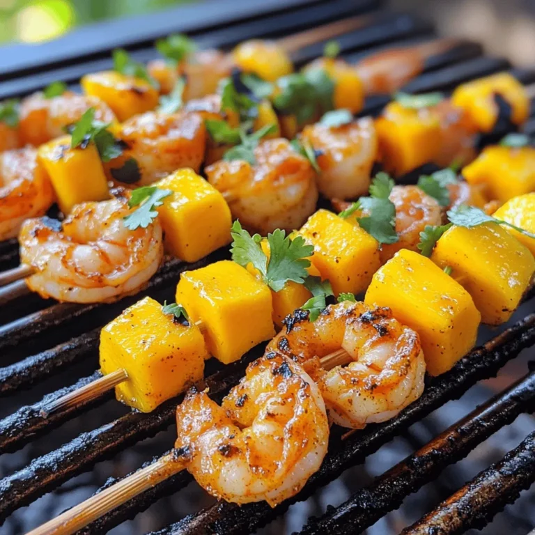 - 1 pound large shrimp, peeled and deveined - 1 ripe mango, cut into cubes - 2 tablespoons olive oil - 2 tablespoons honey - 1 tablespoon lime juice - 1 teaspoon chili powder - 1 teaspoon smoked paprika - 1/2 teaspoon cayenne pepper (adjust for spiciness) - Salt and pepper to taste - Fresh cilantro, chopped (for garnish) - Wooden skewers (soaked in water for 30 minutes) You can swap shrimp for chicken or tofu for a different taste. If mango is hard to find, try pineapple or peaches. Use agave syrup instead of honey for a vegan option. For more spice, add more cayenne or use a hot sauce. Olive oil can be replaced with avocado oil for a unique flavor. Using fresh, high-quality shrimp makes a big difference in taste. Look for shrimp that smell like the ocean, not fishy. A ripe mango adds sweetness and juiciness to the dish. Fresh herbs like cilantro brighten the flavors. Quality ingredients not only enhance taste but also make your meal healthier. Always choose fresh over processed! To start, grab a mixing bowl. Here, you will make the marinade for the shrimp. Whisk together: - 2 tablespoons olive oil - 2 tablespoons honey - 1 tablespoon lime juice - 1 teaspoon chili powder - 1 teaspoon smoked paprika - 1/2 teaspoon cayenne pepper - Salt and pepper to taste Mix these ingredients well. The olive oil adds richness, while honey gives a sweet touch. Lime juice brightens the flavors. The chili powder, smoked paprika, and cayenne add a spicy kick. Now, it is time to add the shrimp. Take 1 pound of large shrimp, peeled and deveined. Toss the shrimp in the marinade, ensuring they are well-coated. Cover the bowl and refrigerate for 15 to 30 minutes. This helps the shrimp absorb all those great flavors. While the shrimp marinates, soak your wooden skewers in water for 30 minutes. This prevents them from burning on the grill. Preheat your grill or grill pan to medium-high heat. Once the shrimp is ready, start assembling the skewers. Alternate between shrimp and mango cubes. Aim for 4-5 shrimp and 2-3 mango pieces per skewer. This adds sweetness to your dish. Place the skewers on the grill. Cook for about 2-3 minutes per side. You want the shrimp to turn pink and opaque. The mango should get a nice char. After grilling, remove the skewers and let them rest for a minute. Finally, garnish with freshly chopped cilantro for a burst of flavor. Enjoy your Spicy Mango Shrimp Skewers! Grilling shrimp skewers is fun and easy. First, preheat your grill to medium-high heat. This helps get a nice sear. Use soaked wooden skewers to prevent burning. Place the skewers on the grill and cook for 2-3 minutes per side. Watch closely! The shrimp should turn pink and opaque. The mango will get slightly charred, adding flavor. For a kick of heat, use cayenne pepper. You can adjust this spice to your taste. Start with half a teaspoon. If you like it hotter, add more. The chili powder and smoked paprika also add depth. These spices balance well with the sweet mango. Always taste your marinade. This lets you tweak the flavors before grilling. Letting the shrimp marinate makes a big difference. I suggest marinating for 15-30 minutes. This time helps the shrimp soak up all the flavors. If you marinate too long, the shrimp can become mushy. So, stick to the 30-minute mark at most. Enjoy the burst of flavor in every bite! {{image_2}} You can switch shrimp for chicken or tofu. Chicken thighs work great. Cut them into bite-sized pieces. Marinate them just like the shrimp. Tofu is a tasty choice for a vegan option. Use firm tofu and press it to remove water. Cut it into cubes and soak in the marinade. Mango is fantastic, but other fruits shine too. Pineapple adds a nice sweet and tangy flavor. Try peaches or bell peppers for a fresh twist. Even zucchini can work well for a veggie option. Mix and match fruits to find your favorite combo. Not everyone loves heat. If you want less spice, skip the cayenne pepper. You can also reduce the chili powder. For those who love spice, add more cayenne or a dash of hot sauce. Taste the marinade before adding the shrimp. Adjust it to suit your taste buds. To store leftover skewers, let them cool down first. Then, place them in an airtight container. You can also wrap them tightly in plastic wrap. Make sure to store them in the fridge. They will stay fresh for up to two days. If you want to keep them longer, freezing is a great option. To reheat the skewers, preheat your oven to 350°F (175°C). Place the skewers on a baking sheet. Cover them with foil to keep moisture in. Heat for about 10-15 minutes until warmed through. You can also use a microwave. Just heat them in 30-second intervals. Check to avoid overcooking. If you want to freeze the skewers, wrap each one in plastic wrap. Then, place them in a freezer bag. Try to remove as much air as you can. They can last in the freezer for up to three months. When you're ready to eat, thaw them in the fridge overnight before reheating. This keeps the flavor and texture nice. You should marinate the shrimp for about 15 to 30 minutes. This time lets the shrimp soak up the flavors from the marinade. If you marinate for too long, the shrimp can become mushy. So, keep it short and sweet! Yes, you can cook these skewers in the oven! Preheat your oven to 400°F. Place the skewers on a baking sheet lined with foil. Bake them for about 8 to 10 minutes. Make sure to flip them halfway through for even cooking. The shrimp should be pink and opaque when done. These skewers taste great with various sides. Here are some ideas: - Grilled corn on the cob - Fresh cucumber salad - Coconut rice - Quinoa salad - Mixed greens with citrus dressing Each of these sides complements the sweet and spicy flavors of the shrimp. Enjoy your meal! This article covered how to make tasty shrimp skewers. We looked at the best ingredients and substitutions for flavor. You learned step-by-step how to prepare the marinade, marinate the shrimp, and grill your skewers. I shared tips for grilling and spice levels, and options for protein swaps and fruit pairings. We also talked about storing leftovers and reheating them. Enjoy making your skewers! Quality ingredients make a big difference. Experiment with flavors and have fun.