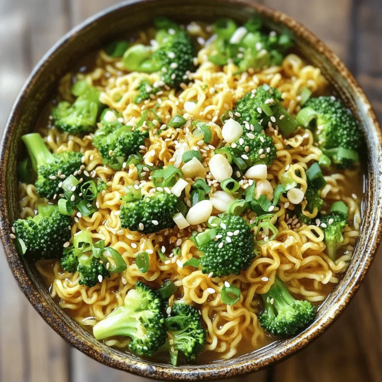 - 2 packs of instant ramen noodles - 1 cup broccoli florets - 3 cloves garlic, minced - 2 tablespoons soy sauce - 1 tablespoon sesame oil - 1 teaspoon chili paste - 1 tablespoon green onions, sliced - 1 teaspoon sesame seeds - Salt and pepper to taste For this Minute Spicy Garlic Broccoli Ramen, you will need a few simple ingredients. The instant ramen noodles provide a quick base for the dish. Broccoli brings color and nutrition. Garlic adds a bold flavor that makes this meal pop. Soy sauce gives the ramen a savory taste. Sesame oil adds a nice nutty aroma. If you like it spicy, chili paste is a must. Green onions add freshness, while sesame seeds give a nice crunch. Finally, you can adjust salt and pepper to your liking. Gather these items before you start cooking. Once you have them ready, you’re on your way to making a tasty meal in just minutes! - Step 1: Bring 4 cups of water to a boil. Use a medium pot for this. - Step 2: Blanch broccoli florets for 2-3 minutes. This makes them bright and tender. After blanching, remove the broccoli and set it aside. - Step 3: Add instant ramen noodles to the boiling water. Cook them according to the package instructions. This usually takes about 3-4 minutes. - Step 4: Drain the noodles and set them aside. Make sure to shake off any excess water. - Step 5: In a large pan, heat sesame oil over medium heat. Add minced garlic and sauté for about 30 seconds. The garlic should smell great, but don't let it burn. - Step 6: Now, mix all the ingredients together. Add the cooked ramen, blanched broccoli, soy sauce, and chili paste. Toss gently until everything is coated in sauce. Heat for one more minute. - Step 7: Taste the dish and adjust the seasoning with salt and pepper, if needed. This simple guide helps you create a tasty meal quickly. Enjoy your Minute Spicy Garlic Broccoli Ramen! Use instant ramen for quick meals. It cooks fast and tastes great. Other types take longer and may not fit your time. To boost broth flavor, add soy sauce and a splash of sesame oil. This gives a rich taste and makes your dish shine. For chili paste, start with one teaspoon. This adds a nice kick. If you want it spicier, add more. If you prefer less heat, use half the amount. You can also swap chili paste for mild flavors like sweet chili sauce or omit it for a milder dish. Sauté garlic on medium heat to avoid burning. It only takes about 30 seconds for a good aroma. If you don't have fresh garlic, garlic powder works too. Use half a teaspoon as a substitute. It still brings that lovely garlic taste to your ramen. {{image_2}} You can make your Minute Spicy Garlic Broccoli Ramen even better with protein. Here are some options: - Tofu: Firm tofu works great. Cut it into cubes and sauté until golden. This adds a nice texture and keeps it vegetarian. - Chicken: Cook sliced chicken breast in the pan after the garlic. This will give the dish a hearty feel. - Shrimp: For a seafood twist, add shrimp right after the garlic. Cook until they turn pink and tender. While broccoli shines in this dish, you can switch up the veggies: - Other vegetables: Try bell peppers, carrots, or snap peas. They add color and nutrients. - Seasonal options: Use asparagus in spring or zucchini in summer. Fresh veggies make your meal feel bright and lively. A great broth can boost the flavor of your ramen: - Adding broth instead of water: Swap water for vegetable or chicken broth. This gives the noodles a richer taste. - Using miso for umami flavor: Stir in a spoonful of miso paste while mixing the ingredients. This adds depth and a savory kick. To store leftovers, let the ramen cool down first. Then, place it in an airtight container. This keeps your meal fresh and tasty. I recommend eating leftovers within 3 days. After that, the quality may drop. Yes, you can freeze this dish. However, keep in mind that the texture may change. For best results, store the ramen and broccoli separately. Use freezer-safe bags or containers. When you're ready to eat, thaw overnight in the fridge. Reheat your ramen on the stove for the best texture. Add a splash of water to help it steam. Avoid using the microwave if you can. This helps prevent mushy noodles. Stir often while reheating to warm it evenly. It takes about 15 minutes to make Minute Spicy Garlic Broccoli Ramen. The prep time is only 5 minutes. You will spend the rest of the time cooking. This quick dish is great for busy days. You can enjoy it in no time! Yes, you can use fresh garlic. You will need to chop it finely. Fresh garlic gives a strong flavor. Make sure to adjust the amount to your taste. If you love garlic, use more! If you need a soy sauce substitute, here are a few options: - Gluten-free alternatives: You can use tamari or coconut aminos. Both are great for gluten-free diets. They give a similar taste. - Low-sodium options: Look for low-sodium soy sauce. It has less salt but keeps the flavor. You can also mix water with regular soy sauce to reduce the saltiness. You can easily make Minute Spicy Garlic Broccoli Ramen at home. We covered key ingredients, cooking steps, and useful tips. This simple dish allows you to adjust spice and protein based on your taste. Explore variations to keep it fresh and exciting. Remember to store leftovers properly for best results. The joy of cooking lies in experimentation, so don’t hesitate to try new things. Enjoy your tasty ramen creation!