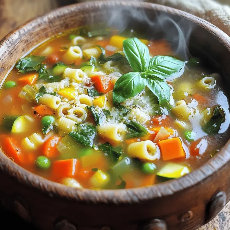 For a tasty veggie packed minestrone soup, you need fresh, wholesome ingredients. Here's what to gather: - 1 tablespoon olive oil - 1 medium onion, chopped - 2 cloves garlic, minced - 2 medium carrots, diced - 2 stalks celery, diced - 1 zucchini, diced - 1 bell pepper (red or yellow), chopped - 1 cup green beans, trimmed and cut into pieces - 1 cup spinach leaves, roughly chopped - 1 can (14 oz) diced tomatoes (with juice) - 4 cups vegetable broth - 1 can (15 oz) cannellini beans, rinsed and drained - 1 teaspoon dried oregano - 1 teaspoon dried basil - Salt and pepper to taste - 1 cup small pasta shapes (like ditalini or elbow) This soup is not just filling; it's colorful and packed with nutrients. Each ingredient adds its own flavor and health benefits. You can also garnish with fresh basil or sprinkle some grated parmesan cheese on top for an extra touch. Enjoy the vibrant colors and rich tastes as you prepare your soup! To start, heat one tablespoon of olive oil in a large pot over medium heat. Add the chopped onion and minced garlic. Sauté until the onion turns soft and clear, which takes about five minutes. This step helps build a strong base of flavor. Next, stir in the diced carrots and celery. Cook these for three to four minutes until they begin to soften. The key is to keep stirring to prevent sticking. Then, add the zucchini, bell pepper, and green beans. Cook these vegetables for another five minutes, stirring often. After that, pour in one can of diced tomatoes along with their juice and four cups of vegetable broth. Bring this mix to a boil. Once boiling, add the rinsed cannellini beans, dried oregano, dried basil, salt, and pepper. Lower the heat and let it simmer for about 15 minutes. This allows the flavors to meld together nicely. Now it's time to handle the pasta. Stir in one cup of small pasta shapes, such as ditalini or elbow macaroni. Let it cook for another 10 to 12 minutes, or until the pasta is just right, known as al dente. This means it should still have a little bite. Finally, add one cup of roughly chopped spinach leaves. Stir until the spinach wilts, which takes about two minutes. Taste and adjust the seasoning if needed. This is a great chance to add a bit more salt or pepper to suit your taste. For a finishing touch, serve the soup hot in bowls. You can garnish it with fresh basil for a pop of color. A sprinkle of grated parmesan cheese adds a nice richness too. If you want a rustic feel, drizzle a little more olive oil on top before serving. This simple step makes the soup look beautiful and taste even better. To make your veggie packed minestrone soup shine, use spices and herbs. I recommend dried oregano and dried basil. These herbs add warmth and a lovely aroma. You can also sprinkle in a pinch of red pepper flakes for a bit of heat. For depth of flavor, layer your ingredients. Sauté the onions and garlic first. This builds a tasty base. Then, add the carrots and celery, cooking until soft. Each vegetable adds its flavor, creating a rich broth. Time-saving tips help make cooking easy. Chop all your veggies before you start. This way, you keep the cooking flow steady. Use a sharp knife for faster cuts and safer handling. Common mistakes include overcooking the pasta. To avoid this, add the pasta in the last stages. Check it often to ensure it stays al dente. Another tip is to stir often to prevent sticking. This keeps your soup smooth and enjoyable. {{image_2}} You can change the veggies in this soup to fit your taste. Try adding sweet corn or peas for a pop of color and sweetness. You might like using kale instead of spinach for a heartier feel. If you want more crunch, add diced bell peppers or mushrooms. For protein, you can use chickpeas in place of cannellini beans. If you enjoy meat, add diced chicken or turkey. Cook the meat first, then follow the rest of the soup steps. If you follow a vegan diet, this soup is perfect as is! Just ensure your broth is vegetable-based. If you need gluten-free options, swap the pasta for rice or gluten-free pasta. For low-sodium options, use low-sodium broth and limit added salt. You can boost flavor with more herbs and spices instead. Your soup will still taste great without the extra salt! After making your veggie-packed minestrone soup, let it cool down. Store leftovers in an airtight container. Keep the soup in the fridge for up to five days. If you want to save it longer, freeze it. Divide the soup into portions before freezing. This helps with quick meals later. To freeze, use freezer-safe bags or containers. Label them with the date. The soup can last for up to three months in the freezer. When ready to eat, just take out a portion. When reheating, avoid boiling the soup again. This can change the texture. Instead, heat it gently on the stove over low heat. Stir often to help it warm evenly. You can also use the microwave. Heat in short bursts, stirring in between. To refresh leftover soup, add a splash of broth or water. This keeps it from being too thick. You can also toss in some fresh spinach or herbs. This adds a nice touch and brightens the flavor. Enjoy your warm, hearty soup! How long does minestrone soup last? Minestrone soup lasts about 3 to 5 days in the fridge. Store it in an airtight container. If you want it to last longer, freeze it. Can I make this soup in advance? Yes, you can make this soup a day or two ahead. It tastes even better after the flavors mix. Just store it in the fridge or freezer. What to serve with veggie-packed minestrone soup? Serve the soup with crusty bread or a green salad. These sides enhance the meal and add texture. Can I use frozen vegetables? Yes, frozen vegetables work well in minestrone soup. They save time and still add flavor and nutrition. Just add them at the same time as fresh ones. How do I thicken minestrone soup? To thicken the soup, mash some beans or add a bit of tomato paste. You can also let it simmer longer to reduce the liquid. This blog post covered creating a delicious veggie-packed minestrone soup. We explored the key ingredients, cooking steps, and some handy tips. You learned how to layer flavors, adjust seasonings, and customize the soup to your taste. Proper storage and reheating methods ensure you enjoy it later. With these insights, you can create your own tasty variations. Enjoy making a warm, healthy soup that’s easy for everyone!