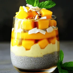 - 1 cup coconut milk (canned or carton) - 1/2 cup almond milk (or any milk of choice) - 1/4 cup chia seeds - 2 tablespoons honey or maple syrup (adjust for sweetness) - 1 ripe mango, diced - 1/2 teaspoon vanilla extract - Pinch of salt - Optional garnishes: Toasted coconut flakes, fresh mint leaves This recipe starts with coconut milk. You can use canned or carton coconut milk. Coconut milk gives a rich, creamy base. Next, we add almond milk or any milk you prefer. This helps lighten the pudding's texture. Chia seeds come next. They are tiny but mighty. They soak up liquid and create a nice gel-like pudding. Sweeten it up with honey or maple syrup. Adjust it to your taste for the perfect sweetness. For a fresh twist, use a ripe mango. Dice it into small pieces for easy layering. Add a splash of vanilla extract for warmth and flavor. A pinch of salt balances the sweetness and enhances all the flavors. Finally, you can garnish with toasted coconut flakes and fresh mint leaves. These add a lovely crunch and pop of color. Enjoy this tasty and healthy treat! - Combining the milk and sweetener Start by taking a mixing bowl. Pour in 1 cup of coconut milk and 1/2 cup of almond milk. Add 2 tablespoons of honey or maple syrup for sweetness. Whisk these together until smooth. - Adding chia seeds and vanilla Next, add 1/4 cup of chia seeds to the milk mixture. Also, include 1/2 teaspoon of vanilla extract and a pinch of salt. Stir well to make sure the chia seeds spread evenly. - Refrigeration for thickening Cover the bowl with plastic wrap or transfer the mix to a sealed container. Place it in the fridge for at least 4 hours. Chilling overnight works best. This time allows the chia seeds to swell and thicken the pudding. - Layering chia pudding in glasses Once chilled, stir the mixture again. If it’s too thick, add a splash of almond milk. Now, layer the chia pudding in serving glasses or bowls. - Topping with fresh mango Dice 1 ripe mango and place pieces on top of each layer. The mango adds color and flavor. - Garnishing for presentation For a special touch, sprinkle toasted coconut flakes and fresh mint leaves on top. This makes the dish look beautiful and tasty. Chilling time is key for great chia pudding. Always let it sit for at least 4 hours. For best results, chill it overnight. This allows the chia seeds to swell up and thicken the mixture. If you find your pudding too thick, add a splash of almond milk. Stir it in until you reach your preferred consistency. You can swap out honey or maple syrup for other sweeteners. Agave nectar or stevia works well. Fresh fruit also adds natural sweetness. Diced mango on top balances the flavor perfectly. Adjust sweetness to fit your taste by adding more fruit or sweetener. Creative serving ideas make your dish pop! Layer the pudding in clear glasses for a beautiful look. Top with diced mango for color and flavor. Garnish with toasted coconut flakes and fresh mint leaves. This adds a nice crunch and a fresh touch to your dish. {{image_2}} You can switch up the fruit in this recipe. Instead of mango, try berries or bananas. Berries add a nice tartness, while bananas give a creamy texture. Each fruit brings its own flavor and benefits. You can also use seasonal fruits. In summer, peaches or cherries are great. In winter, consider apples or pears. The options are endless! You can use different milks for this pudding. Almond milk works well, but you can try oat or soy milk too. Each type of milk has its own taste. Coconut milk adds a rich flavor, while almond milk is lighter. Consider your diet needs when choosing. Some might prefer nut-free options, especially if they have allergies. Each milk will change the pudding's taste and texture slightly. Want to spice things up? You can add cinnamon or nutmeg for warmth. Just a pinch is enough to make a big difference. If you like floral notes, add almond or coconut extract. These small changes create new flavor profiles. You can even mix flavors for a fun twist. Don't be afraid to experiment and find what you love! Store your mango coconut chia pudding in an airtight container. Glass jars work well. They help keep the pudding fresh and flavorful. You can also use plastic containers if you prefer. The pudding lasts about 5 days in the fridge. Make sure to check for any changes in smell or texture before eating. You can prepare this pudding a day or two in advance. This makes it a great option for meal prep. Just follow the recipe and store it in the fridge. If you want to freeze it, pour the pudding into ice cube trays. Once frozen, pop the cubes into a freezer bag. To thaw, leave them in the fridge overnight. You can blend the thawed pudding for a smooth texture. Enjoy your delicious treat anytime! Chia seeds are tiny but packed with nutrients. They are rich in fiber, protein, and omega-3 fatty acids. Each serving provides calcium, magnesium, and antioxidants. These nutrients help support heart health, digestion, and bone strength. Chia seeds can absorb water and expand, making you feel full longer. This helps with weight management and reduces cravings. Yes, you can easily swap some ingredients. If you have allergies, use nut milk instead of almond milk. If you don’t like coconut, try oat or soy milk. For sweetness, use agave syrup instead of honey or maple syrup. You can also replace mango with other fruits like strawberries or bananas. To make the recipe vegan, use maple syrup instead of honey. Maple syrup is a great plant-based sweetener. You can also try agave nectar or coconut sugar. These options ensure your pudding remains vegan-friendly while still being sweet and delicious. This blog post explored the tasty world of chia pudding. We covered key ingredients like coconut milk, chia seeds, and ripe mango. I shared step-by-step instructions for perfecting your pudding, tips for consistency, and fun variations to try. Chia pudding is easy to make and customize. You can use what you like and have on hand. Enjoy making this healthy treat, and don't hesitate to experiment with flavors and toppings! Get started on this delicious journey today.