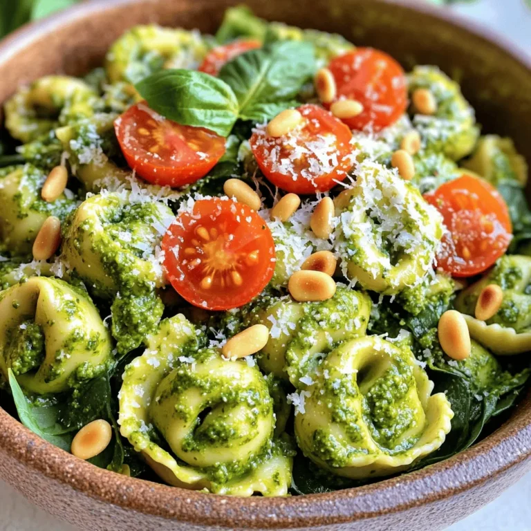 - 1 package (9 oz) refrigerated cheese tortellini - 1 cup fresh basil pesto - 1 cup heavy cream - 1 cup cherry tomatoes, halved - 1 cup baby spinach - 1/2 cup grated Parmesan cheese - 2 tablespoons olive oil - Salt and pepper to taste - Pine nuts for garnish You need a few simple ingredients to make creamy pesto tortellini. First, grab a package of refrigerated cheese tortellini. This pasta is soft and full of cheese. Next, you will need fresh basil pesto. It adds that bright, herby flavor. Heavy cream is also a must. It gives the sauce a rich and creamy texture. For some color and taste, add cherry tomatoes. Halve them to let their juice mix with the sauce. Baby spinach adds a nice green touch. It wilts down nicely in the pan. Lastly, sprinkle some grated Parmesan cheese for a salty kick. If you want to enhance the flavor, consider using olive oil. It helps sauté the tomatoes and spinach. Don't forget to add salt and pepper to brighten up all the flavors. If you like a crunchy texture, top it all with toasted pine nuts. These ingredients create a delightful dish that is easy to make and full of flavor. - Bring a large pot of salted water to a boil. - Add the cheese tortellini to the pot. - Cook until al dente, about 3 to 5 minutes. - Drain the tortellini and set aside. - Heat olive oil in a skillet over medium heat. - Add the halved cherry tomatoes. - Sauté for about 2 to 3 minutes until they soften. - Stir in the baby spinach and cook until it wilts, about 1 to 2 minutes. - Reduce the heat to low and stir in the heavy cream. - Warm the cream for about 2 minutes. - Add the basil pesto and grated Parmesan cheese. - Mix until everything is creamy and well combined. - Fold in the cooked tortellini gently. - Season with salt and pepper to taste. Now, you have a creamy and delicious dish ready to enjoy! - Make sure the tortellini cooks until al dente. This gives it a nice bite. - Heat the cream gently to stop it from curdling. Keep the temperature low. - Serve the tortellini in bowls for a nice look. - Top with more Parmesan cheese for flavor. - Add toasted pine nuts for a crunchy finish. - Place fresh basil leaves on top for color and freshness. - You can add garlic or onions for a richer taste. - Try different vegetables like bell peppers or zucchini to mix things up. {{image_2}} You can make your creamy pesto tortellini even better by adding protein. Grilled chicken gives it a nice bite. Shrimp brings a light taste that pairs well. If you love sausage, try that too for a hearty twist. For a vegetarian option, think about adding plant-based protein. Tofu or tempeh works well. You can also use chickpeas for a boost of protein. These choices make your meal filling and delicious. While basil pesto is great, you can try other sauces too. A sun-dried tomato pesto adds a rich, tangy flavor. Roasted red pepper pesto gives a sweet, smoky touch. If you want a lighter sauce, swap heavy cream for half-and-half. It still adds creaminess without all the fat. If you need gluten-free options, look for gluten-free tortellini. Many brands offer tasty choices that work well in this dish. For those avoiding dairy, there are cream substitutes made from nuts or soy. These options let everyone enjoy creamy pesto tortellini without worry. To keep your creamy pesto tortellini fresh, refrigerate it in an airtight container. It stays good for up to 3 days. When you’re ready to enjoy it again, you can reheat it on the stove or in the microwave. Just be careful not to overheat, as that can change the texture. If you want to save some tortellini for later, freezing is a great option. Freeze portions in airtight containers for up to 2 months. When you're ready to eat, thaw the tortellini in the fridge overnight. Reheat gently on the stove or in the microwave, stirring occasionally for even heating. For meal prep, I suggest making the sauce and tortellini separately. This method keeps them fresh and tasty. Mix them together right before serving to get the best flavor and texture. This way, your meal remains vibrant and delightful! You can make this dish vegan by swapping out dairy ingredients. Use a plant-based cream, like cashew or coconut cream, instead of heavy cream. For the cheese, choose a vegan Parmesan or nutritional yeast for a cheesy taste. Lastly, ensure your pesto is dairy-free or make your own using fresh basil, nuts, and olive oil. Yes, you can use store-bought pesto. It saves time and is very convenient. Many brands offer great flavors and quality. Just grab a jar, and you're good to go! You can pair this dish with a fresh salad or some warm garlic bread. A light green salad adds a nice crunch, while garlic bread brings warmth to your meal. Either choice makes for a complete and satisfying dinner! This creamy pesto tortellini dish is simple and tasty. You gather fresh ingredients, cook tortellini, and make the sauce with ease. I shared tips for cooking and storing leftovers, plus some fun variations. Feel free to add protein or change sauces based on your taste. This meal is perfect for busy days or a special occasion. Enjoy every bite of your creamy creation.