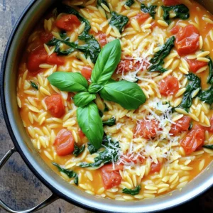 - 1 tablespoon olive oil - 1 medium onion, diced - 3 cloves garlic, minced - 1 can (14 oz) diced tomatoes (with juices) - 2 cups vegetable broth - 1 cup orzo pasta - 1 package (5.2 oz) Boursin cheese (garlic & fine herbs flavor) - 1 cup fresh spinach, chopped - 1 teaspoon dried Italian herbs (basil, oregano, thyme) - Salt and pepper, to taste - Fresh basil leaves, for garnish - Grated Parmesan cheese, for serving (optional) To start, gather all your ingredients. You want everything close by for easy cooking. First, the olive oil brings richness to the dish. The onion adds sweetness and depth. Garlic gives it a nice punch of flavor. Canned tomatoes add acidity and warmth. Vegetable broth helps the orzo cook and adds a savory base. Orzo pasta is the star here, soaking up all the goodness. Boursin cheese is what makes this dish creamy and flavorful. Fresh spinach adds color and nutrition. Italian herbs give it a nice aroma. Finally, salt and pepper are key for taste. Fresh basil leaves look great and add freshness. Parmesan cheese is optional but adds a lovely finish. With all these ingredients, you can create a comforting and tasty meal in one pot. - Sautéing the onion: Start by heating olive oil in a large pot over medium heat. Add the diced onion and sauté for about 5 minutes. You want it to turn translucent, which means it's ready for the next step. - Adding garlic for flavor: Next, stir in the minced garlic. Cook it for 1 to 2 minutes. You will notice a lovely aroma filling your kitchen. This step adds depth to the dish. - Incorporating diced tomatoes: Now, add the can of diced tomatoes with their juices. This brings a nice color and flavor. Pour in the vegetable broth and bring everything to a gentle simmer. - Simmering the broth and tomatoes: Once your mixture simmers, it’s time for the orzo. Add it along with the dried Italian herbs. Stir well to combine. - Cooking orzo to al dente: Let the orzo cook for about 8 to 10 minutes. Stir occasionally to keep it from sticking. You want the orzo to be al dente, which means it should still have a slight bite. - Melting in Boursin cheese: After the orzo is ready, reduce the heat to low. Add the Boursin cheese and stir until it melts completely. This adds a creamy, rich flavor that ties the dish together. - Adding spinach: Fold in the chopped fresh spinach. Cook for another 2 minutes. The spinach will wilt and add a nice color to your dish. - Seasoning to taste: Now, season with salt and pepper to your liking. If you want a thinner consistency, add a splash more vegetable broth. - Serving suggestions: Serve hot and garnish with fresh basil leaves. If you like, sprinkle some grated Parmesan cheese on top. This enhances the flavor and makes the dish look beautiful. - Sautéing onions and garlic: Start with medium heat. Add olive oil and diced onions. Cook for about five minutes. Wait until they turn soft and clear. Then, add minced garlic. Cook for one to two minutes. This brings out the sweet flavor of garlic. - Ensuring perfect orzo texture: Use plenty of broth for cooking orzo. Stir occasionally to keep it from sticking. Cook until al dente, which means firm to the bite. Overcooking will make it mushy. If you want a creamier dish, add a splash of broth at the end. - Alternative cheeses to use: If Boursin is not available, use cream cheese or goat cheese. Both options give a creamy texture. They will change the flavor a bit, but still taste great. - Vegetable broth variations: You can use homemade broth or low-sodium store-bought options. For added flavor, try mushroom broth. This gives a rich taste that pairs well with the dish. - Garnishing with fresh basil: Add fresh basil leaves on top before serving. This adds a pop of color and a fresh taste. Chiffonade the leaves for a fancy touch. - Serving options for versatility: Serve in shallow bowls for a casual feel. Pair it with a side salad or garlic bread. You can also add grilled chicken or shrimp for extra protein. {{image_2}} You can easily change this dish by adding protein. Chicken works well, especially when grilled or sautéed. Shrimp also adds a nice touch, cooking quickly in the pot. You can even use canned chickpeas for a plant-based boost. For more nutrition, think about adding vegetables. Chopped bell peppers or zucchini mix nicely and add color. You can also toss in frozen peas or corn for sweetness. They cook fast and brighten the dish. If you like a little heat, try adding red pepper flakes. Just a pinch can really wake up the flavors! You can also use different herb blends. Fresh thyme or dill can give a new taste. Experimenting with spices can add depth too. Try smoked paprika for a warm flavor. You can also add lemon zest for a fresh, zesty kick. Each twist makes the dish uniquely yours! To keep your One-Pot Creamy Boursin Tomato Orzo fresh, store leftovers in an airtight container. Let the dish cool down before sealing it. Place it in the fridge if you plan to eat it within three days. For longer storage, freeze it in a freezer-safe container. Just remember to leave some space at the top for expansion as it freezes. When you reheat, you want to keep that creamy texture. Heat it on the stove over low heat. Add a splash of vegetable broth or water to help it regain creaminess. Stir it often until warmed through. If you're in a hurry, you can use the microwave. Just cover the bowl and heat in short bursts, stirring in between. In the fridge, your orzo will last about three to four days. If you freeze it, it can stay good for up to three months. However, for the best taste and texture, enjoy it sooner rather than later. This dish tastes great fresh, so make sure to savor it! Can I make this dish vegetarian? Yes, this dish is already vegetarian! It uses vegetable broth and no meat. You can enjoy it as is. How do I adjust the recipe for more servings? To serve more people, simply double the ingredients. This will keep the flavors balanced. Cook time may remain the same, but check the orzo for doneness. What can I do if I don't have Boursin cheese? If you lack Boursin, use cream cheese mixed with garlic and herbs. It will give you a similar creamy touch and flavor. What to do if the orzo is too mushy? If your orzo turns mushy, reduce the cooking time next time. Ensure you keep an eye on it while it simmers. Tips for balancing flavors if too salty To fix salty flavors, add more vegetable broth or some chopped tomatoes. This will dilute the salt and add flavor. What side dishes pair well? Pair this orzo dish with a simple green salad or garlic bread. These sides add freshness and crunch. Drinks that complement the meal A light white wine, like Sauvignon Blanc, works well. You can also serve sparkling water with lemon for a refreshing touch. This blog post explored making a delicious orzo dish, outlining key ingredients, cooking steps, and helpful tips. You learned how to sauté onions, cook orzo, and add tasty Boursin cheese. I shared variations and storage tips to ensure your meal stays fresh. In closing, this dish is versatile and easy to adapt. It works well for any occasion. So, gather your ingredients and start cooking! Enjoy a tasty meal that friends and family will love.