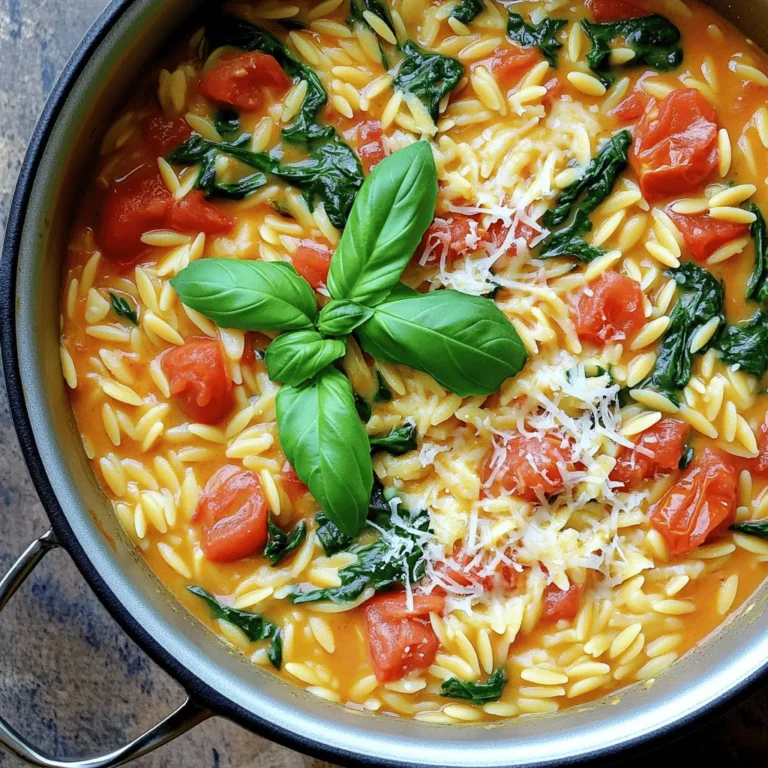 - 1 tablespoon olive oil - 1 medium onion, diced - 3 cloves garlic, minced - 1 can (14 oz) diced tomatoes (with juices) - 2 cups vegetable broth - 1 cup orzo pasta - 1 package (5.2 oz) Boursin cheese (garlic & fine herbs flavor) - 1 cup fresh spinach, chopped - 1 teaspoon dried Italian herbs (basil, oregano, thyme) - Salt and pepper, to taste - Fresh basil leaves, for garnish - Grated Parmesan cheese, for serving (optional) To start, gather all your ingredients. You want everything close by for easy cooking. First, the olive oil brings richness to the dish. The onion adds sweetness and depth. Garlic gives it a nice punch of flavor. Canned tomatoes add acidity and warmth. Vegetable broth helps the orzo cook and adds a savory base. Orzo pasta is the star here, soaking up all the goodness. Boursin cheese is what makes this dish creamy and flavorful. Fresh spinach adds color and nutrition. Italian herbs give it a nice aroma. Finally, salt and pepper are key for taste. Fresh basil leaves look great and add freshness. Parmesan cheese is optional but adds a lovely finish. With all these ingredients, you can create a comforting and tasty meal in one pot. - Sautéing the onion: Start by heating olive oil in a large pot over medium heat. Add the diced onion and sauté for about 5 minutes. You want it to turn translucent, which means it's ready for the next step. - Adding garlic for flavor: Next, stir in the minced garlic. Cook it for 1 to 2 minutes. You will notice a lovely aroma filling your kitchen. This step adds depth to the dish. - Incorporating diced tomatoes: Now, add the can of diced tomatoes with their juices. This brings a nice color and flavor. Pour in the vegetable broth and bring everything to a gentle simmer. - Simmering the broth and tomatoes: Once your mixture simmers, it’s time for the orzo. Add it along with the dried Italian herbs. Stir well to combine. - Cooking orzo to al dente: Let the orzo cook for about 8 to 10 minutes. Stir occasionally to keep it from sticking. You want the orzo to be al dente, which means it should still have a slight bite. - Melting in Boursin cheese: After the orzo is ready, reduce the heat to low. Add the Boursin cheese and stir until it melts completely. This adds a creamy, rich flavor that ties the dish together. - Adding spinach: Fold in the chopped fresh spinach. Cook for another 2 minutes. The spinach will wilt and add a nice color to your dish. - Seasoning to taste: Now, season with salt and pepper to your liking. If you want a thinner consistency, add a splash more vegetable broth. - Serving suggestions: Serve hot and garnish with fresh basil leaves. If you like, sprinkle some grated Parmesan cheese on top. This enhances the flavor and makes the dish look beautiful. - Sautéing onions and garlic: Start with medium heat. Add olive oil and diced onions. Cook for about five minutes. Wait until they turn soft and clear. Then, add minced garlic. Cook for one to two minutes. This brings out the sweet flavor of garlic. - Ensuring perfect orzo texture: Use plenty of broth for cooking orzo. Stir occasionally to keep it from sticking. Cook until al dente, which means firm to the bite. Overcooking will make it mushy. If you want a creamier dish, add a splash of broth at the end. - Alternative cheeses to use: If Boursin is not available, use cream cheese or goat cheese. Both options give a creamy texture. They will change the flavor a bit, but still taste great. - Vegetable broth variations: You can use homemade broth or low-sodium store-bought options. For added flavor, try mushroom broth. This gives a rich taste that pairs well with the dish. - Garnishing with fresh basil: Add fresh basil leaves on top before serving. This adds a pop of color and a fresh taste. Chiffonade the leaves for a fancy touch. - Serving options for versatility: Serve in shallow bowls for a casual feel. Pair it with a side salad or garlic bread. You can also add grilled chicken or shrimp for extra protein. {{image_2}} You can easily change this dish by adding protein. Chicken works well, especially when grilled or sautéed. Shrimp also adds a nice touch, cooking quickly in the pot. You can even use canned chickpeas for a plant-based boost. For more nutrition, think about adding vegetables. Chopped bell peppers or zucchini mix nicely and add color. You can also toss in frozen peas or corn for sweetness. They cook fast and brighten the dish. If you like a little heat, try adding red pepper flakes. Just a pinch can really wake up the flavors! You can also use different herb blends. Fresh thyme or dill can give a new taste. Experimenting with spices can add depth too. Try smoked paprika for a warm flavor. You can also add lemon zest for a fresh, zesty kick. Each twist makes the dish uniquely yours! To keep your One-Pot Creamy Boursin Tomato Orzo fresh, store leftovers in an airtight container. Let the dish cool down before sealing it. Place it in the fridge if you plan to eat it within three days. For longer storage, freeze it in a freezer-safe container. Just remember to leave some space at the top for expansion as it freezes. When you reheat, you want to keep that creamy texture. Heat it on the stove over low heat. Add a splash of vegetable broth or water to help it regain creaminess. Stir it often until warmed through. If you're in a hurry, you can use the microwave. Just cover the bowl and heat in short bursts, stirring in between. In the fridge, your orzo will last about three to four days. If you freeze it, it can stay good for up to three months. However, for the best taste and texture, enjoy it sooner rather than later. This dish tastes great fresh, so make sure to savor it! Can I make this dish vegetarian? Yes, this dish is already vegetarian! It uses vegetable broth and no meat. You can enjoy it as is. How do I adjust the recipe for more servings? To serve more people, simply double the ingredients. This will keep the flavors balanced. Cook time may remain the same, but check the orzo for doneness. What can I do if I don't have Boursin cheese? If you lack Boursin, use cream cheese mixed with garlic and herbs. It will give you a similar creamy touch and flavor. What to do if the orzo is too mushy? If your orzo turns mushy, reduce the cooking time next time. Ensure you keep an eye on it while it simmers. Tips for balancing flavors if too salty To fix salty flavors, add more vegetable broth or some chopped tomatoes. This will dilute the salt and add flavor. What side dishes pair well? Pair this orzo dish with a simple green salad or garlic bread. These sides add freshness and crunch. Drinks that complement the meal A light white wine, like Sauvignon Blanc, works well. You can also serve sparkling water with lemon for a refreshing touch. This blog post explored making a delicious orzo dish, outlining key ingredients, cooking steps, and helpful tips. You learned how to sauté onions, cook orzo, and add tasty Boursin cheese. I shared variations and storage tips to ensure your meal stays fresh. In closing, this dish is versatile and easy to adapt. It works well for any occasion. So, gather your ingredients and start cooking! Enjoy a tasty meal that friends and family will love.