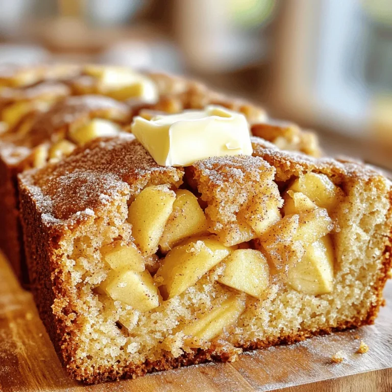 - 2 cups all-purpose flour - 1 teaspoon baking powder - 1/2 teaspoon baking soda - 1/2 teaspoon salt - 1 teaspoon ground cinnamon When making this bread, start with the dry ingredients. Whisk together the flour, baking powder, baking soda, salt, and ground cinnamon. This mix is key. It helps the bread rise and gives it taste. - 1/2 cup unsalted butter, softened - 1 cup granulated sugar - 2 large eggs - 1 teaspoon vanilla extract - 3/4 cup buttermilk (or 3/4 cup milk + 1 tablespoon lemon juice) Next, gather your wet ingredients. Cream the butter and sugar until they are light and fluffy. Then, add the eggs one by one. Mix in the vanilla. Finally, add the buttermilk slowly. The wet mix brings moisture and richness to the bread. - 2 medium apples, peeled, cored, and diced (preferably Granny Smith or Honeycrisp) - 1/4 cup brown sugar - 1 teaspoon ground cinnamon (for topping) - 2 tablespoons granulated sugar (for topping) - Optional: Chopped walnuts or pecans for extra crunch For added flavor, fold in diced apples. I love using Granny Smith or Honeycrisp. They add a sweet and tart crunch. Mix the brown sugar, cinnamon, and granulated sugar for the topping. This blend will create a sweet crust. If you like nuts, add walnuts or pecans for texture and taste. Set your oven to 350°F (175°C). This helps the bread bake evenly. Grease a 9x5-inch loaf pan or line it with parchment paper for easy removal later. In a medium bowl, whisk together the following dry ingredients: - 2 cups all-purpose flour - 1 teaspoon baking powder - 1/2 teaspoon baking soda - 1/2 teaspoon salt - 1 teaspoon ground cinnamon Mix them well and set this bowl aside. This mixture helps the bread rise and gives it flavor. In a large bowl, beat together: - 1/2 cup unsalted butter, softened - 1 cup granulated sugar Use an electric mixer for 2-3 minutes. You want a creamy and light mixture. This step adds air and makes the bread fluffy. Add 2 large eggs, one at a time. Mix well after each egg. Then, add 1 teaspoon vanilla extract. This adds sweetness and aroma to your batter. Gradually mix the dry ingredients into the butter mixture. Alternate with 3/4 cup buttermilk. Start and end with the flour mixture. Mix until just combined. Be careful not to overmix; this keeps the bread tender. Gently fold in: - 2 medium apples, peeled, cored, and diced If you like, add chopped walnuts or pecans for a nice crunch. This adds flavor and texture to the bread. In a small bowl, mix together: - 1/4 cup brown sugar - 1 teaspoon ground cinnamon - 2 tablespoons granulated sugar This topping gives the bread a sweet, crunchy crust. Pour half of the batter into the loaf pan. Sprinkle half of the cinnamon sugar mixture on top. Add the rest of the batter and finish with the remaining topping. Use a knife to gently swirl the topping into the batter. This creates a pretty marbled look. Place the loaf in your preheated oven. Bake for 60-70 minutes. To check for doneness, insert a toothpick into the center. It should come out clean. If the top browns too fast, loosely cover it with aluminum foil. After baking, let the bread cool in the pan for about 10 minutes. Then, transfer it to a wire rack to cool completely. Slice it while warm. You can add a dollop of butter on top for extra flavor. Enjoy your delicious bread! Mixing is key to getting that soft, airy bread. Start by creaming the butter and sugar well. This adds air and lightness. When you mix in the dry ingredients, do it slowly. Alternate with the buttermilk. Always end with the flour mixture. This helps keep the texture light. Be careful not to overmix. If you mix too much, the bread can become dense. Just mix until you see no dry flour. The apples you pick matter for this recipe. I suggest using Granny Smith or Honeycrisp apples. These types add a nice tartness. They hold their shape well during baking. Avoid soft apples like Red Delicious. They can turn mushy and change the bread's texture. Fresh, firm apples give the best flavor and bite. You can add more flavor to your bread! Try mixing in a pinch of nutmeg or ginger. These spices pair well with cinnamon. If you want a nutty crunch, add chopped walnuts or pecans. They bring great texture and taste. For a fun twist, consider adding raisins or dried cranberries. They add sweetness and a pop of color. {{image_2}} You can make this bread gluten-free! Use a good gluten-free flour blend. Look for one with xanthan gum. This helps mimic the texture of regular flour. You can also try almond flour or coconut flour. Just mix these with a bit of tapioca flour for best results. If you want a vegan version, swap out the eggs. Use flax eggs instead. To make one flax egg, mix 1 tablespoon of ground flaxseed with 2.5 tablespoons of water. Let it sit for 5 minutes to thicken. For milk, you can use almond, soy, or oat milk. These will work great in the recipe. Want to add more flavor? You can mix in dried fruits like raisins or cranberries. Chocolate chips are another fun option! They add a sweet touch. You can also stir in spices like nutmeg or ginger for a warm twist. Don’t be afraid to get creative! To store your leftover cinnamon sugar apple bread, you have two main options: refrigeration and room temperature. For room temperature, wrap the bread tightly in plastic wrap or foil. This keeps it moist. Place it in a cool, dry spot. It can last for about 2-3 days this way. If you prefer refrigeration, place the wrapped bread in the fridge. This option keeps it fresh longer but may dry it out. To enjoy its best flavor, let it sit at room temperature for 30 minutes before serving. Freezing is a great way to keep your bread fresh. First, let the bread cool completely. Then, wrap it tightly in plastic wrap. Make sure it's airtight. For extra protection, place the wrapped bread in a freezer bag. Label it with the date. When you want to eat it, simply take the bread out of the freezer. Unwrap it and place it in the fridge overnight to thaw. If you need it fast, you can use the microwave in short bursts. Just be careful not to overheat it. When stored at room temperature, your bread stays fresh for about 2-3 days. If you refrigerate it, it can last up to a week. In the freezer, it can stay fresh for about 2-3 months. Remember to check for any signs of spoilage before enjoying your bread. Store it well, and savor each bite! Yes, you can! While Granny Smith and Honeycrisp are great choices, you have other options. Fuji apples add sweetness, while Jonagold offers a nice balance of flavor. Use any firm apple that holds up well in baking. Just make sure to peel, core, and dice them before adding to the batter. To check if the bread is done, insert a toothpick into the center. If it comes out clean, your bread is ready. If there is wet batter on the toothpick, it needs more time. The bread should be golden brown on top. If it browns too fast, cover it loosely with foil. Absolutely! You can prepare the batter a day in advance. Just store it in the fridge. Bake it fresh when you’re ready. If you have leftover bread, cool it down, wrap it well, and store it. You can reheat slices in a toaster or oven for a warm treat. This bread pairs well with many things! Serve it warm with butter for a tasty snack. You can also enjoy it with cream cheese or a scoop of vanilla ice cream. For a drink, try it with hot cider or coffee for a cozy breakfast or dessert. You can now bake the perfect Bakery-Style Cinnamon Sugar Apple Bread. We covered all the steps you need, from mixing dry and wet ingredients to tips for flawless results. Remember, choosing the right apples and avoiding overmixing are key. You can also explore variations like gluten-free or vegan options. Don't forget to store leftovers properly to enjoy your bread longer. With these tips, you’ll create a delicious treat everyone loves. Enjoy your baking adventure!