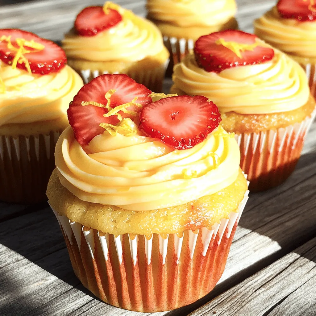 To make these tasty cupcakes, gather the following ingredients: - 1 ½ cups all-purpose flour - 1 teaspoon baking powder - ½ teaspoon baking soda - ¼ teaspoon salt - ½ cup unsalted butter, softened - 1 cup granulated sugar - 2 large eggs - 1 teaspoon vanilla extract - ½ cup buttermilk - Zest of 1 lemon - 2 tablespoons fresh lemon juice - 1 cup fresh strawberries, pureed You can swap some ingredients if needed. For a gluten-free option, use a gluten-free flour blend. If you don’t have buttermilk, mix ½ cup of milk with 1 teaspoon of lemon juice and let it sit for 5 minutes. You can also replace the unsalted butter with coconut oil for a dairy-free treat. If you want a bolder lemon flavor, add more lemon zest or juice. For this recipe, you will need: - A muffin tin - Cupcake liners - Mixing bowls - A whisk - An electric mixer - A spatula - A measuring cup and spoons - A wire rack for cooling These tools help make the baking process smooth and easy. Start by preheating your oven to 350°F (175°C). Line a muffin tin with cupcake liners. In a large bowl, whisk together 1 ½ cups all-purpose flour, 1 teaspoon baking powder, ½ teaspoon baking soda, and ¼ teaspoon salt. This will be your dry mix. In another bowl, cream ½ cup softened unsalted butter and 1 cup granulated sugar together. Beat them until the mixture feels light and fluffy. This step takes about 3-4 minutes. Next, add 2 large eggs one at a time. Stir well after each egg. Mix in 1 teaspoon vanilla extract, the zest of 1 lemon, and 2 tablespoons fresh lemon juice. Now, alternate adding the dry mix and ½ cup buttermilk into the wet mixture. Start and end with the dry mix. Stir until everything is just combined and smooth. Gently fold in 1 cup pureed strawberries. Make sure the strawberries are evenly mixed throughout the batter. Once your batter is ready, fill each cupcake liner about 2/3 full. This helps the cupcakes rise without overflowing. Place the muffin tin in your preheated oven. Bake for 18-20 minutes. You can check if the cupcakes are done by inserting a toothpick into the center. If it comes out clean, they are ready. After baking, take the cupcakes out of the oven. Let them cool in the pan for 10 minutes. This helps them set. Then, transfer them to a wire rack. Let them cool completely before adding any frosting. Once cool, you can top each cupcake with a fluffy lemon frosting. For a fun touch, add a slice of fresh strawberry or a sprinkle of lemon zest on top. To make your strawberry lemonade cupcakes shine, use fresh ingredients. Fresh strawberries give a great taste. The lemon zest adds a bright note. When mixing, do not overmix your batter. This keeps the cupcakes light and fluffy. Taste your batter before baking. Adjust the sweetness if needed. You can add a pinch of salt to enhance the flavors. Decorating these cupcakes is fun! After they cool, top them with a fluffy lemon frosting. You can make it by mixing butter, powdered sugar, and lemon juice. For a colorful touch, add a slice of fresh strawberry on top. A sprinkle of lemon zest can also brighten up the look. Use vibrant cupcake liners to match the sunny theme. Watch out for common baking errors. First, measure your ingredients accurately. Too much flour can make cupcakes dense. Always preheat your oven. This helps the cupcakes rise well. Avoid opening the oven door too soon. This can cause them to sink. Lastly, let the cupcakes cool fully before frosting. This prevents the frosting from melting. {{image_2}} You can switch up the frosting to make your cupcakes even more tasty. Cream cheese frosting adds a nice tang to balance the sweet lemon. To make it, mix together 8 oz of cream cheese, ½ cup of butter, and 4 cups of powdered sugar. Add a splash of vanilla for flavor. Another option is lemon frosting. Just use lemon juice and zest to give it a zesty kick. This helps enhance the lemon flavor in the cupcakes. Feel free to experiment with different flavors in your cupcakes. Adding shredded coconut creates a tropical twist. Mix in about ½ cup of unsweetened coconut with the strawberries for a fun texture. You can also try lime juice and zest instead of lemon. This will give your cupcakes a fresh, zesty taste. Mixing lime with strawberries can make a delicious combo. If you want smaller treats, mini cupcakes are a great choice. Just use the same batter but fill the liners halfway. Bake them for about 12-15 minutes. You can also bake the batter as a cake. Pour the batter into a greased round cake pan. Bake for 25-30 minutes. A single layer cake is easy to frost and serve at parties. Store your strawberry lemonade cupcakes in an airtight container. This keeps them fresh. Place a paper towel at the bottom of the container. It helps absorb extra moisture. If you layer cupcakes, add more paper towels between each layer. This prevents them from sticking together. Keep the container in a cool, dry place. Avoid direct sunlight for best results. Freezing cupcakes is simple. Allow the cupcakes to cool completely. Wrap each cupcake in plastic wrap tightly. Then, place them in a freezer-safe bag or container. Remove as much air as possible. Label the bag with the date. You can freeze them for up to three months. When ready to eat, thaw them in the fridge overnight. These cupcakes stay fresh for about three days at room temperature. If you store them in the fridge, they last about a week. Always check for any signs of mold before eating. If you notice any, discard the cupcake. For the best taste, eat them within the first few days. Enjoy the bright flavors of strawberry and lemon in every bite! Yes, you can use frozen strawberries. Just thaw and drain them first. This helps keep the batter from being too wet. Frozen strawberries may not be as sweet as fresh ones. You might want to add a bit more sugar if you use them. To make these cupcakes dairy-free, swap the butter for a dairy-free alternative. You can use coconut oil or a plant-based butter. For buttermilk, mix almond milk with a splash of lemon juice. This will mimic the tangy taste of buttermilk. If you don't have buttermilk, you can make your own. Mix ½ cup of regular milk with 1 tablespoon of vinegar or lemon juice. Let it sit for about five minutes. This will give you a similar tangy flavor. The cupcakes are done when a toothpick comes out clean from the center. They should also spring back when touched lightly. If they look golden brown, that’s a good sign too! Yes, you can make these cupcakes ahead of time. Bake them and let them cool completely. Store them in an airtight container at room temperature for up to three days. You can frost them just before serving for the best taste. You learned how to make tasty strawberry lemonade cupcakes. We covered the key ingredients, substitutions, and tools you need. I shared step-by-step baking instructions and cooling tips. You now have tricks for great flavor and decoration ideas. We explored fun variations and how to store these treats well. With these tips and insights, you can bake with confidence. Enjoy your baking journey!