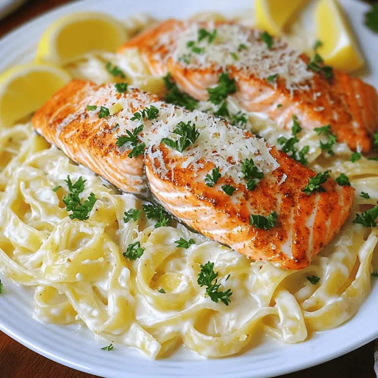 For this Cajun Salmon Alfredo, you'll need a few key ingredients. Here's the list: - 2 salmon fillets (about 6 oz each) - 1 tablespoon Cajun seasoning - 2 tablespoons olive oil - Salt and pepper to taste - 8 oz fettuccine pasta - 1 cup heavy cream - 1 cup freshly grated Parmesan cheese - 2 cloves garlic, minced - 1 tablespoon butter - 1/4 cup chopped parsley (for garnish) - Lemon wedges (for serving) Each ingredient plays a big role in making this dish full of flavor. The salmon brings a rich taste, while the Cajun seasoning adds a spicy kick. Olive oil helps crisp the fish and keeps it moist. Fettuccine serves as the perfect base, soaking up that creamy sauce. The heavy cream and Parmesan cheese create a rich, smooth texture, while garlic adds depth. Butter enhances the sauce's flavor, and parsley makes it look nice. Finally, lemon wedges add brightness and freshness. Gathering these ingredients ensures you have everything you need to whip up this delicious meal. With these in hand, you're ready to dive into cooking! - Coating with seasoning Start by rubbing the salmon fillets with olive oil. Then, sprinkle Cajun seasoning, salt, and pepper on both sides. Make sure each fillet is covered well. This adds flavor that shines through when cooked. - Cooking the salmon in the skillet Heat a skillet over medium-high heat. Place the salmon fillets skin-side down in the hot skillet. Cook for about 4-5 minutes. Carefully flip the fillets and cook for another 4-5 minutes or until they are flaky. Once done, remove them from the skillet and set them aside. - Boiling the fettuccine In a large pot, bring salted water to a boil. Add the fettuccine pasta to the boiling water. Cook it according to the package instructions until it is al dente. This usually takes around 8-10 minutes. - Draining and reserving pasta water After cooking, drain the pasta in a colander. Remember to save about a cup of the pasta water before you drain it. This water will help make your sauce creamy. - Melting butter and sautéing garlic Use the same skillet where you cooked the salmon. Melt butter over medium heat. Add minced garlic and sauté for about 30 seconds. You want the garlic to become fragrant, not burned. - Adding cream and cheese Pour in the heavy cream, stirring it gently. Bring the cream to a simmer. Gradually whisk in the grated Parmesan cheese until it becomes creamy and smooth. Season with salt and pepper to your liking. - Tossing fettuccine with sauce Add the drained fettuccine to the Alfredo sauce in the skillet. Toss the pasta in the sauce, making sure it is well coated. Use the reserved pasta water a little at a time to reach your desired sauce consistency. - Flaking salmon into the dish Flake the cooked salmon into large chunks. Gently fold these chunks into the pasta. Be careful not to break the salmon too much, as you want to keep that nice texture in the dish. - Cooking time tips: Cook the salmon for 4-5 minutes on each side. This keeps it juicy and tender. If you want it more cooked, add another minute. - Ensuring flaky texture: Let the salmon rest for a minute after cooking. This helps the fish stay flaky when you flake it into the pasta. - Adjusting the creaminess: If you like a creamier sauce, add more heavy cream. For a thicker sauce, use less pasta water. - Optional spice additions: You can add a pinch of cayenne pepper or red pepper flakes for extra heat. This adds a nice kick to the sauce. - Garnishing ideas: Top your dish with chopped parsley and lemon wedges. This adds color and brightness. - Pairing with sides or wines: Try serving with a side salad or garlic bread. For wine, a crisp white like Sauvignon Blanc works well. {{image_2}} You can switch things up with other proteins. Shrimp Alfredo is a great choice. Cook shrimp just like the salmon. Toss them in Cajun seasoning, then sauté until they turn pink. This dish tastes amazing with shrimp. Chicken Alfredo is another option. Use boneless chicken breasts. Season them and cook until they are golden and juicy. Slice the chicken and toss it with fettuccine and sauce. It’s a classic twist. If you want a dairy-free version, there are easy swaps. For heavy cream, use coconut milk or cashew cream. These keep the sauce rich and creamy. You can also try oat milk, which works well too. For cheese, use nutritional yeast or a dairy-free cheese. These alternatives add a nice flavor to the dish. You won’t miss the dairy at all. You can change the pasta to fit your needs. Whole wheat pasta is a healthy swap. It adds more fiber and has a nutty flavor. Gluten-free pasta is great for those with allergies. It cooks quickly and tastes good too. Try different pasta shapes like penne or rigatoni. They hold the sauce well and make the dish fun. Experiment with what you like best! To keep your Cajun Salmon Alfredo fresh, store it in the fridge. Use an airtight container. It lasts for up to three days. Make sure to cool it down first. If you want to save it longer, freeze it. Place the dish in a freezer-safe bag. It can last up to three months in the freezer. Reheat leftovers gently to keep them tasty. The best way is in a skillet. Heat it over low heat. Stir often to avoid sticking. You can also use the microwave. Place it in a bowl and cover it. Heat in short bursts, stirring in between. Avoid overcooking, as it can dry out the salmon. If it seems dry, add a splash of cream or water to help. You can use half-and-half or whole milk. If you want a dairy-free option, try coconut milk. These choices will change the flavor slightly but still work well in the sauce. For a thicker sauce, add a bit of flour or cornstarch to the mix. To add heat, use more Cajun seasoning. You can also add red pepper flakes or diced jalapeños. If you like it really spicy, try a splash of hot sauce in the cream sauce. Just remember to taste as you go! Yes, you can prepare the sauce and cook the salmon in advance. Store them separately in the fridge. When ready to eat, reheat the sauce gently. Cook the pasta fresh for the best texture. Some great sides include garlic bread or a fresh green salad. Roasted vegetables or steamed asparagus also work well. For a heartier meal, serve with rice or quinoa. This blog post covered how to make Cajun Salmon Alfredo step by step. We discussed essential ingredients like salmon, fettuccine, and Parmesan. I laid out clear instructions for preparing the salmon, cooking pasta, and making the sauce. Plus, I shared tips for perfecting your dish and exploring variations. Remember, you can switch proteins or pasta types to suit your taste. Whether you store leftovers or reheat them, enjoy this tasty meal that never disappoints. Now, grab your ingredients and start cooking!