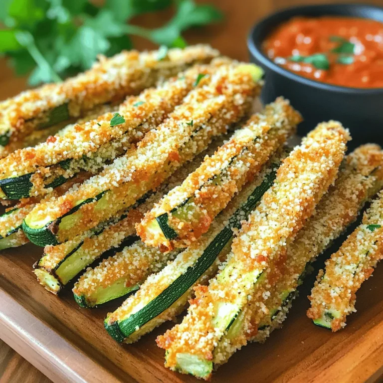 - 2 medium zucchinis - 1/2 cup grated Parmesan cheese - 1 cup breadcrumbs (preferably panko) - 2 large eggs - 1 teaspoon garlic powder - 1 teaspoon Italian seasoning - Salt and pepper to taste - Cooking spray or olive oil for misting To make Air Fryer Parmesan Zucchini Fries, you need just a few ingredients. Zucchini is the star here. Pick two medium zucchinis. They should be firm and fresh. Next, grab half a cup of grated Parmesan cheese. This adds a rich flavor. For crunch, I recommend using panko breadcrumbs. You will want one cup. These breadcrumbs give the fries a great texture. You will also need two large eggs for coating. They help the cheese and breadcrumbs stick well. Seasoning is key. You will need one teaspoon each of garlic powder and Italian seasoning. Don’t forget salt and pepper to taste. These spices bring out the best flavors in your fries. Lastly, have cooking spray or olive oil ready for misting. This will help your fries crisp up nicely in the air fryer. With these ingredients, you’re set to create a tasty snack or side dish! - First, cut the zucchinis into fry shapes. Aim for even sizes for even cooking. - Next, preheat your air fryer to 400°F (200°C). This step is key for crispiness. - Now, beat the eggs in a bowl until they are well mixed. Set this bowl aside. - In another bowl, combine the grated Parmesan cheese and breadcrumbs. Add garlic powder, Italian seasoning, salt, and pepper. - Take each zucchini fry and dip it into the egg. Make sure it is fully coated. - Then, roll it in the breadcrumb mixture. Press gently to help it stick. - Arrange the coated fries in a single layer in the air fryer basket. Mist lightly with cooking spray or drizzle with olive oil. - Air fry the zucchini fries for 10 to 12 minutes. Shake the basket halfway through cooking for even browning. - Once cooked, remove them from the air fryer and let them cool slightly before serving. To get your zucchini fries extra crispy, use panko breadcrumbs. Panko is lighter and crunchier than regular breadcrumbs. It helps create a great texture when you fry them in the air fryer. Misting the zucchini fries with oil is also key. A light spray of cooking oil helps them brown well. It allows the heat to crisp up the outside while keeping the inside tender. You don't need much oil—just a light coating will do. I love to serve these zucchini fries with marinara sauce or ranch dip. The tangy marinara pairs well with the cheesy flavor. Ranch adds a creamy touch that kids adore. For a pop of color, sprinkle fresh parsley on top before serving. It makes your dish look fancy and fresh. You can also try other herbs like basil for a different taste. Enjoy your crispy and tasty zucchini fries! {{image_2}} You can change the taste of your zucchini fries easily. Adding spices makes them exciting. Try paprika or cayenne for some heat. These spices give a kick without being too spicy. If you love herbs, try oregano or basil. These herbs add a fresh and tasty touch. Mix and match to find what you like best. If you want a dairy-free version, I have great ideas. You can use nutritional yeast instead of Parmesan. This gives a cheesy flavor without dairy. You can also try dairy-free cheese alternatives. Many brands offer great options that melt well. These swaps keep your fries tasty while fitting different diets. Enjoy experimenting! To keep your Air Fryer Parmesan Zucchini Fries fresh, store them in an airtight container. Make sure they are completely cool before sealing. This way, they stay crispy longer. You can store them in the fridge for up to three days. If you want to keep them longer, consider freezing them. To reheat your zucchini fries and keep them crispy, use the air fryer. Set it to 350°F (175°C) and cook for about 5 minutes. This method helps maintain their crunch. Avoid the microwave, as it can make them soggy. If you must use the microwave, place a paper towel under the fries to absorb extra moisture. You can use frozen zucchini, but it may not be as crispy. Frozen zucchini tends to be softer after cooking. To get better results, thaw the zucchini first. Then, pat them dry to remove excess moisture. This step helps the coating stick better and keeps the fries crispy. You can bake zucchini fries in the oven. Preheat your oven to 425°F (220°C). Follow the same coating steps with the egg and breadcrumb mixture. Place the fries on a baking sheet lined with parchment paper. Bake for 20-25 minutes, flipping halfway through. This method gives you a nice crunch, too! Yes, zucchini fries are very kid-friendly! They are a great way to sneak in veggies. Zucchini is low in calories and high in vitamins. To make them more appealing, serve with fun dips like ranch or marinara. You can also add cheese or spices they love. Even picky eaters might enjoy these tasty fries! These zucchini fries are simple and fun to make. You learned how to prepare, coat, and air fry them. We covered tips for crispiness, tasty serving ideas, and ways to customize your fries. Plus, I shared storage info and reheating methods for leftovers. Try this recipe for a healthy snack or side dish. Enjoy the crunch and flavor! You’ll impress family and friends with these delicious treats.