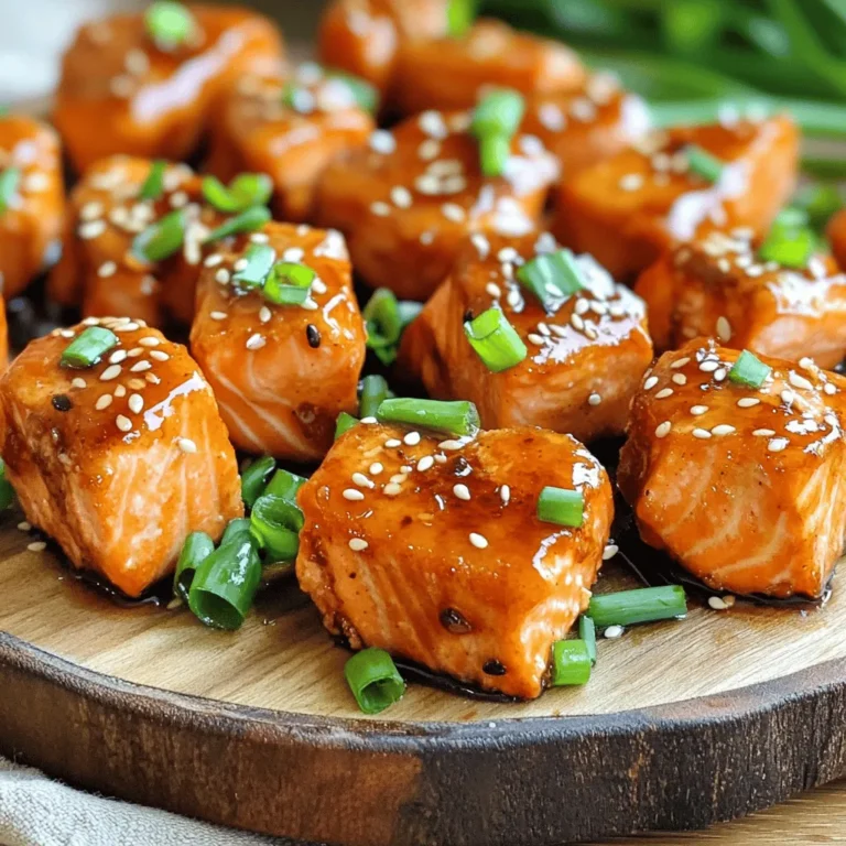 For Air Fryer Teriyaki Salmon Bites, you will need: - 1 lb salmon fillet, skinless and cut into bite-sized cubes - 1/4 cup soy sauce (or tamari for gluten-free) - 2 tablespoons honey or maple syrup - 1 tablespoon rice vinegar - 1 teaspoon fresh ginger, grated - 1 teaspoon garlic, minced - 1 tablespoon sesame oil - 1 tablespoon cornstarch - 2 green onions, sliced (for garnish) - Sesame seeds (for garnish) If you have dietary needs, you can swap some ingredients: - Use tamari instead of soy sauce for gluten-free needs. - Maple syrup can replace honey for a vegan option. - If you can't find sesame oil, olive oil will work in a pinch. Using fresh ingredients makes a big difference. Fresh salmon has a better taste and texture. Fresh ginger and garlic add strong flavors. This dish shines with bright, crisp garnishes like green onions and sesame seeds. The quality of your ingredients can turn a good meal into a great one. Always choose the best you can find. To start, gather your ingredients. You need soy sauce, honey or maple syrup, rice vinegar, fresh ginger, minced garlic, and sesame oil. In a mixing bowl, whisk together these ingredients. Aim for a smooth mix. This blend will give your salmon bites a rich flavor. The soy sauce adds saltiness while honey brings sweetness. Ginger and garlic add a nice kick. Next, cut your salmon fillet into bite-sized cubes. Make sure the pieces are uniform for even cooking. Place these cubes in the bowl with your marinade. Gently toss them to coat each piece well. Cover the bowl and let it sit in the fridge. Marinate for 15 to 30 minutes. This step infuses the salmon with all those tasty flavors. After marinating, take the salmon out of the fridge. Sprinkle the cornstarch over the salmon bites. Toss them again to coat evenly. This will help create a crispy texture. Preheat your air fryer to 400°F (200°C) for about 5 minutes. Then, place the salmon bites in the air fryer basket in a single layer. Avoid overcrowding for best results. Cook them at 400°F (200°C) for 8 to 10 minutes. Remember to shake the basket halfway through. This ensures even cooking. Once done, the salmon should look golden and crisp. Carefully remove the bites and place them on a platter. Garnish with sliced green onions and sesame seeds before serving. Enjoy your delicious teriyaki salmon bites! To get perfect salmon bites, focus on timing and temperature. Set your air fryer to 400°F (200°C). Cook the salmon for 8 to 10 minutes. Check for doneness by flaking the fish with a fork. It should easily separate and look opaque. The salmon should be juicy inside with a slight crisp outside. To avoid sticking, coat the air fryer basket lightly with cooking oil. You can also use parchment paper designed for air fryers. This helps the salmon bites to lift off easily. Remember to space the salmon out in the basket. Crowding makes them stick together. Having the right tools makes cooking easier. I suggest using silicone tongs to handle hot salmon. A good set of measuring spoons can help with the marinade. Also, a mixing bowl for marinating is key. These tools make the process smooth and enjoyable. {{image_2}} You can switch up the marinade for new flavors. Try using orange juice instead of rice vinegar. It adds a nice citrus twist. You can also use coconut aminos for a sweeter, milder taste. Add crushed red pepper for some heat. This makes the dish spicy and exciting. Not a salmon fan? No problem! You can use chicken, shrimp, or tofu. Cut the chicken into small pieces like the salmon. For shrimp, make sure they are deveined and peeled. If using tofu, press it first to remove extra water. This helps it absorb the marinade better. Pair your teriyaki salmon bites with rice or quinoa. Both will soak up the tasty sauce. Steamed vegetables like broccoli or snap peas work well, too. For a fun twist, serve it in lettuce wraps. This keeps the meal light and fresh. Don’t forget to sprinkle extra sesame seeds on top for crunch. After cooking your teriyaki salmon bites, let them cool first. Place them in an airtight container. You can store them in the fridge for up to three days. Make sure they are fully covered to keep them fresh. If you want to keep them longer, consider freezing. To reheat your salmon bites, use an air fryer or oven. Preheat the air fryer to 350°F (175°C). Cook for about 5-7 minutes. This helps keep them crispy. If using an oven, set it to 350°F (175°C). Bake for about 10 minutes. Check that they are warmed through before serving. You can freeze teriyaki salmon bites for up to two months. Place them in a freezer-safe bag. Make sure to remove as much air as you can before sealing. When ready to eat, thaw them in the fridge overnight. Reheat them as mentioned above for the best texture. Yes, you can use skin-on salmon. Just remember to remove the skin after cooking. Skin can add extra flavor, but it may not crisp well in the air fryer. If you prefer a lighter texture, go for skinless salmon. You can check if the salmon is done by using a fork. Gently flake the salmon at its thickest part. If it flakes easily and is opaque, it is ready. The ideal internal temperature is 145°F (63°C). Teriyaki salmon bites pair well with many sides. Here are some great options: - Steamed rice - Quinoa - Stir-fried vegetables - Asian slaw - Cucumber salad These sides add color and flavor to your meal. They also balance the rich taste of the salmon. This post covered everything you need to make delicious air-fried salmon bites. We discussed ingredients, marinade steps, and cooking tips to ensure perfect results. Fresh ingredients elevate flavor, while alternate options fit dietary needs. Remember to store and reheat properly for the best taste. Explore different marinades and proteins to keep meals exciting. Your kitchen journey with salmon can be simple and fun. Enjoy cooking and sharing these bites with loved ones!