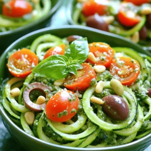 To make a tasty Basil Pesto Zucchini Noodle Salad, gather these fresh, simple ingredients: - 3 medium zucchinis, spiralized into noodles - 1 cup fresh basil leaves - 1/3 cup pine nuts, lightly toasted - 2 cloves garlic - 1/2 cup grated Parmesan cheese or nutritional yeast for a vegan option - 1/3 cup olive oil - Salt and pepper to taste - 1 cup cherry tomatoes, halved - 1/4 cup Kalamata olives, sliced (optional) - 1 tablespoon lemon juice These ingredients bring bright, fresh flavors to your dish. The zucchini noodles serve as a healthy base. Fresh basil gives the salad its signature taste. Pine nuts add a nice crunch, while garlic gives depth. Using grated Parmesan enhances the creaminess. If you're vegan, nutritional yeast is a great substitute. Olive oil ties everything together, making the salad rich and smooth. Cherry tomatoes add sweetness, while Kalamata olives give a slight briny touch. The lemon juice brightens the whole dish. With these ingredients, you can create a vibrant, healthy salad that is perfect for any meal. To start, you need a spiralizer. This tool turns zucchinis into thin, noodle-like strands. If you don’t have one, you can use a box grater or a vegetable peeler. - Use a spiralizer for the best texture. - Make sure to choose firm zucchinis. This helps the noodles hold their shape. Once you spiralize the zucchinis, place them in a large mixing bowl. You want to avoid excess moisture, so let them sit for a few minutes. This helps them dry out a bit. For the pesto, a food processor is best. It gives you a smooth texture. Gather these ingredients first: - 1 cup fresh basil leaves - 1/3 cup pine nuts (lightly toasted) - 2 cloves garlic - 1/2 cup grated Parmesan cheese (or nutritional yeast for a vegan option) - 1/3 cup olive oil - Salt and pepper to taste Add the basil, pine nuts, garlic, and cheese to the food processor. Pulse until everything is finely chopped. Then, while blending, slowly pour in the olive oil. This step makes the pesto creamy and smooth. Season with salt and pepper to taste. Now, it’s time to put everything together. Pour the basil pesto over the zucchini noodles. Gently toss to coat the noodles, ensuring they are well covered. Next, add in these: - 1 cup cherry tomatoes, halved - 1/4 cup Kalamata olives, sliced (optional) - 1 tablespoon lemon juice Mix these ingredients in gently. This adds color and flavor to your salad. Before serving, taste and adjust the seasoning. You might want more salt, pepper, or lemon juice. For the best flavor, let the salad sit for about 10 minutes. This time allows the noodles to soak up the tasty pesto. Enjoy your fresh and vibrant Basil Pesto Zucchini Noodle Salad! To boost flavor in your Basil Pesto Zucchini Noodle Salad, try adding some nuts or herbs. Chopped walnuts or almonds work well in the pesto. You can also toss in fresh parsley or arugula for a fresh taste. When seasoning, start with a pinch of salt and pepper. Taste as you go, and adjust until it feels just right. Serve this salad cold for the best taste. Chill your bowls in the fridge before serving. For a beautiful look, layer the salad with zucchini noodles and colorful tomatoes. Top it off with more basil leaves and a sprinkle of cheese. This makes a stunning dish that is sure to impress. Zucchini is low in calories and high in water. It’s great for hydration and full of vitamins. Basil is rich in antioxidants and can boost your immune system. If you use nutritional yeast instead of cheese, it keeps the dish vegan and adds B vitamins. This salad is also gluten-free, making it a healthy choice for many diets. {{image_2}} To make this salad vegan, simply swap the cheese. I recommend using nutritional yeast. It gives a cheesy flavor without dairy. You can also try cashews or sunflower seeds in the pesto. They blend well and add creaminess. To make this dish heartier, add protein. Grilled chicken or shrimp works great. If you want a plant-based option, use tofu. Sauté the tofu until golden brown. This adds a nice crunch and flavor. For chicken or shrimp, grill or pan-sear them before adding to the salad. Seasonal veggies can make this salad even better. Instead of cherry tomatoes, try bell peppers or radishes. They add color and crunch. You can also use fresh herbs like parsley or cilantro. They give a different flavor and freshness. To keep your Basil Pesto Zucchini Noodle Salad fresh, store leftovers in the fridge. Place the salad in an airtight container. This will help keep the flavors intact. If you have some pesto left over, store that separately. It will last longer on its own. When reheating, use low heat. This helps keep the zucchini noodles from getting mushy. You can also eat the salad cold. It tastes great straight from the fridge. If you want to mix things up, add leftover salad to a wrap or blend it into a soup. This way, you create a new meal while enjoying your tasty leftovers! You can make zucchini noodles using a few simple tools. - Box Grater: Use the large holes to shred the zucchini. - Peeler: Slice the zucchini into thin ribbons. - Knife: Cut the zucchini into thin strips, resembling noodles. These methods work well and create delicious noodles. You can choose any method based on what you have at home. Yes, you can prepare this salad ahead of time. - Timing: Make the zucchini noodles and pesto a few hours before serving. - Storage: Keep them separate until you are ready to eat. - Flavor: Letting the salad sit for about 10 minutes before serving helps flavors blend. Avoid adding tomatoes and olives until just before serving to keep them fresh. If you don’t have pine nuts, several other options work well. - Walnuts: They add a nice, rich flavor. - Almonds: Use sliced or slivered for a crunchy texture. - Sunflower seeds: A great nut-free option that still tastes good. These substitutes will still give your pesto a tasty and creamy texture. Absolutely! This salad is great for meal prep. - Storage: Pack the zucchini noodles and pesto in separate containers. - Freshness: Keep the salad fresh by adding tomatoes and olives later. - Portions: Divide into servings for easy grab-and-go meals. This salad stays tasty for a couple of days in the fridge. This salad combines fresh zucchini noodles with tasty basil pesto, cherry tomatoes, and olives. We covered key ingredients, easy steps for preparation, and great tips to enhance flavor. Don’t forget the health benefits of zucchini and pesto. You can even adapt the recipe for different diets and seasons! Enjoy this dish fresh, or store leftovers wisely. This simple recipe adds joy and health to your meals. Now, grab your tools and create your zucchini noodle salad masterpiece!