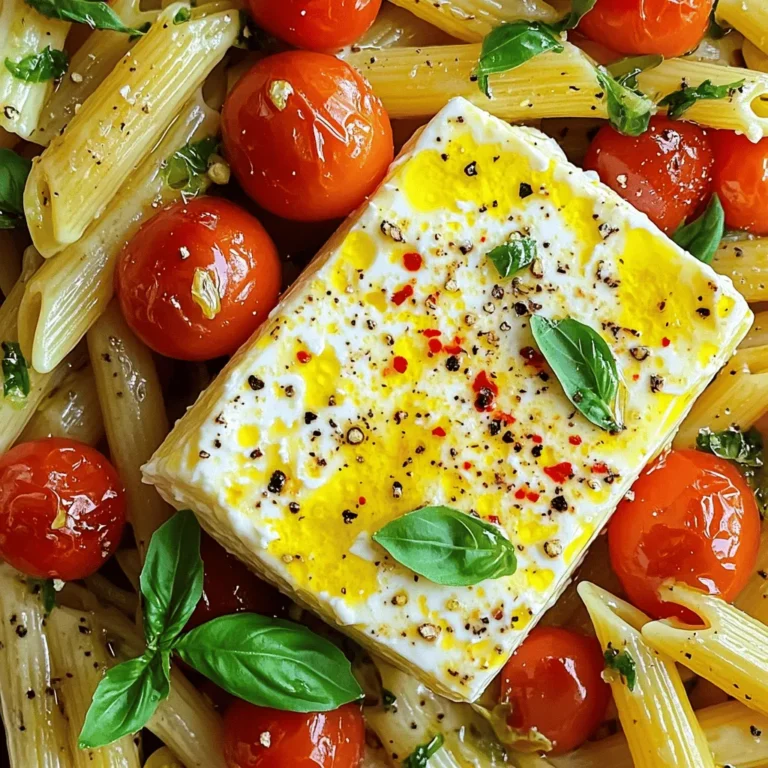 - 200g feta cheese - 400g cherry tomatoes - 3 tablespoons olive oil - 3 cloves garlic, minced - 1 teaspoon dried oregano - 1 teaspoon red pepper flakes - Salt and pepper to taste - 300g penne pasta - Fresh basil leaves for garnish - Zest of 1 lemon - Baking dish - Pot for cooking pasta - Measuring cups and spoons - Mixing utensils The main ingredients create a rich, creamy dish. The feta cheese melts beautifully, giving the pasta a smooth texture. Cherry tomatoes add sweetness and a burst of flavor. Olive oil enhances the richness, while garlic and oregano bring depth. Adjusting the red pepper flakes lets you control the heat. For a fresh touch, consider adding basil leaves or lemon zest. These optional ingredients brighten the dish. The tools you need are simple. A baking dish, a pot for pasta, and measuring tools are all you need. Gather these items and ingredients, and you're ready to create a tasty meal. Trust me, this dish will impress everyone at your table! - Preheat the oven to 200°C (400°F). - Arrange feta and tomatoes in a baking dish. This step sets the stage for our dish. The hot oven will melt the feta and burst the tomatoes. Placing the feta in the center and surrounding it with tomatoes makes a beautiful presentation. - Drizzle olive oil and season with garlic, oregano, red pepper flakes, salt, and pepper. - Bake for 25-30 minutes until feta melts and tomatoes burst. Drizzling olive oil adds flavor and helps the cheese melt. The garlic and herbs create a great aroma while baking. When you open the oven, the cheese should be creamy, and the tomatoes should be soft and juicy. - Cook penne pasta according to package instructions. - Mix baked feta and tomatoes into a creamy sauce. - Combine with pasta, adjusting consistency with reserved pasta water. While the feta bakes, cook the penne until it’s just right. After baking, use a fork to mix the feta and tomatoes into a creamy sauce. Then, add the pasta. If it feels too thick, a splash of pasta water helps it blend perfectly. Enjoy this easy and tasty meal! - Adjust spice levels with more or fewer red pepper flakes. - Use high-quality feta for better flavor. To make this dish shine, the right feta is key. Choose a creamy, tangy feta for a rich taste. If you like heat, play around with the red pepper flakes. Add more for a spicy kick, or skip them for a milder version. - Reserve pasta water to help achieve desired sauce consistency. - Stir gently to avoid breaking the feta into too small pieces. While cooking the pasta, save some of that starchy water. It helps make the sauce creamy and smooth. When mixing, be gentle with the feta. You want to keep some nice chunks in your dish. - Pair with a light salad or garlic bread. - Serve with a sprinkle of extra herbs or cheese on top. This pasta loves company! A fresh salad adds a nice crunch. Garlic bread is perfect for scooping up every creamy bite. Don’t forget to top your dish with fresh herbs or more cheese for extra flavor. {{image_2}} - Substitute feta with goat cheese for a different taste. Goat cheese offers a creamy flavor. - Use different pasta shapes like fusilli or rigatoni. These shapes hold sauce well, adding texture. - Include spinach or kale for added nutrition. These greens boost vitamins and color. - Toss in olives or artichokes for a Mediterranean twist. They bring briny flavors and depth. - Add lemon juice or zest for brightness. This lifts the dish with a fresh zing. - Experiment with different herbs like thyme or rosemary. They add earthy notes and aroma. Store any leftovers in an airtight container. You can keep it in the fridge for up to 3 days. Make sure it’s sealed well to prevent drying out. To reheat, use the oven or microwave. For the oven, set it to low heat. Warm it until it’s heated through. In the microwave, heat in short bursts. Stir in between to warm evenly. You can freeze portions for future meals. However, the texture might change when you thaw it. It may not be as creamy, but it will still taste great. Just let it cool before freezing. Store it in a freezer-safe container for best results. Yes, goat cheese or mozzarella can be alternatives. Goat cheese gives a tangy flavor. Mozzarella offers a creamy texture. Both options add a new twist to the dish. Feel free to try them! Use a vegan feta alternative and plant-based pasta. Many stores sell vegan feta now. This keeps the dish creamy and flavorful. Remember to check the pasta for eggs. Most pasta is vegan, but some are not. It pairs well with a side salad or grilled vegetables. A fresh salad adds crunch and lightness. Grilled veggies bring smokiness and depth. Both options balance the creamy pasta well. Yes, prepare the components separately and combine before serving. You can bake the feta and tomatoes in advance. Cook the pasta separately and mix it later. This method saves time on busy days. This baked feta pasta is a simple and tasty dish. We covered all the key ingredients, tools, and steps you need. With easy options to customize and serve, this meal shines in any kitchen. Remember to adjust spices and experiment with add-ins to fit your taste. You can enjoy leftovers, too, making this dish perfect for busy days. Dive in and savor the wonderful flavors. Cooking can be fun, and this recipe shows just how easy and rewarding it can be!