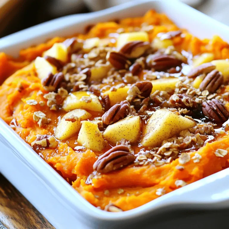 The key ingredients in Sweet Potato Apple Casserole create its rich flavor and texture. Here’s what you need: - 4 medium sweet potatoes, peeled and cubed - 2 large apples (such as Granny Smith), cored and diced - 1/2 cup maple syrup - 1/4 cup brown sugar - 1 teaspoon cinnamon - 1/2 teaspoon nutmeg - 1/4 teaspoon ginger - 1/4 cup unsalted butter, melted - 1 cup pecans, chopped - 1/3 cup oats - 1 pinch of salt Sweet potatoes bring a creamy texture and natural sweetness. I love using Granny Smith apples for their tartness, which balances the dish. Sweeteners like maple syrup and brown sugar add depth. The spices—cinnamon, nutmeg, and ginger—infuse warmth and flavor. Lastly, the pecans and oats form a crunchy topping. This blend of ingredients makes the casserole both tasty and inviting. Enjoy the process of gathering these ingredients; it sets the stage for a wonderful dish! First, preheat your oven to 375°F (190°C). This step is key for even cooking. Next, prepare the sweet potatoes. Peel and cube four medium sweet potatoes. Place them in a large pot. Cover the potatoes with salted water. Boil for about 15-20 minutes or until tender. You want them soft enough to mash. Drain the water and let them cool slightly. Now it’s time to mash the sweet potatoes. In a large mixing bowl, mash until smooth. Make sure there are no lumps. Then, combine the apple mixture. Dice two large Granny Smith apples. Stir these apples into the mashed sweet potatoes. Add 1/2 cup maple syrup, 1/4 cup brown sugar, 1 teaspoon cinnamon, 1/2 teaspoon nutmeg, 1/4 teaspoon ginger, and 1/4 cup melted butter. Mix until well combined. This blend gives the casserole its rich flavor. Let’s assemble the casserole now. Grease a 9x13 inch baking dish. Pour the sweet potato-apple mixture into the dish. Spread it evenly across the bottom. In a separate bowl, combine 1 cup chopped pecans, 1/3 cup oats, and a pinch of salt. Sprinkle this topping evenly over the sweet potato-apple layer. Bake in the preheated oven for 30-35 minutes. Check for doneness by looking for a golden brown topping. Once done, remove it from the oven. Allow it to cool slightly before serving. To make a great Sweet Potato Apple Casserole, start with tender sweet potatoes. Boil them until they are soft but not mushy. This step is key for a smooth texture. After mashing, mix in your diced apples. Granny Smith apples work best here. They add a nice tartness that balances the sweet flavors. Next, focus on the sweet and savory balance. Use maple syrup and brown sugar for sweetness. Add spices like cinnamon, nutmeg, and ginger for warmth. These flavors work well together and create a comforting dish. Garnishing can elevate your casserole. Consider adding a sprinkle of cinnamon on top before serving. A dollop of whipped cream or a scoop of vanilla ice cream makes it extra special. For pairing, serve the casserole with a simple green salad. This adds freshness to your meal. You can also enjoy it with roasted meats. The sweet notes complement savory dishes perfectly. {{image_2}} You can change some ingredients in this casserole to fit your taste. - Alternative fruits: Instead of apples, use pears for a sweeter flavor. You can also try peaches or cranberries for a tart twist. Each fruit adds its own unique taste and texture. - Different sweeteners: Maple syrup is great, but honey or agave syrup can work too. If you want less sugar, try using mashed bananas. They add sweetness and moisture. This casserole can fit many diets with a few easy changes. - Vegan options: To make it vegan, swap the butter for coconut oil or vegan butter. Use maple syrup or agave syrup for sweetness. - Gluten-free alternatives: Check if your oats are gluten-free. If not, use ground nuts or gluten-free breadcrumbs. This keeps the crunch without gluten. These swaps and adjustments keep the dish tasty and fun for everyone! To store leftovers, let the casserole cool first. Then, place it in an airtight container. This keeps it fresh. You can keep it in the fridge for up to five days. Make sure to cover it well to avoid drying out. The best container types are glass or plastic. Glass containers let you see the food inside. Plastic containers are light and easy to stack. Either option works well for storage. You can freeze the casserole for longer storage. First, let it cool completely. Then, wrap it tightly in plastic wrap. After that, place it in a freezer-safe container or bag. This prevents freezer burn and keeps the flavor. When you’re ready to eat, thaw it overnight in the fridge. To reheat, bake it in the oven at 350°F (175°C). Cover it with foil to keep it moist. Heat for about 25-30 minutes. Enjoy the warm, tasty casserole! To make Sweet Potato Apple Casserole, follow these key steps: 1. Preheat your oven to 375°F (190°C). 2. Boil four medium sweet potatoes, peeled and cubed, in salted water for 15-20 minutes. They should be tender. 3. Drain the sweet potatoes and let them cool a bit. 4. Mash the sweet potatoes until they are smooth in a large bowl. 5. Add two large diced apples, ½ cup maple syrup, ¼ cup brown sugar, 1 teaspoon cinnamon, ½ teaspoon nutmeg, ¼ teaspoon ginger, and ¼ cup melted unsalted butter. Mix well. 6. Grease a 9x13 inch baking dish and pour the mixture in, spreading it evenly. 7. In another bowl, mix 1 cup chopped pecans, ⅓ cup oats, and a pinch of salt. Sprinkle this on top of the casserole. 8. Bake for 30-35 minutes, until the topping is golden brown. Yes, you can use different types of apples. Granny Smith apples work well for their tartness. Other good choices include: - Honeycrisp: Sweet and crisp, great for texture. - Fuji: Sweet and juicy, adds nice flavor. - Braeburn: Balanced sweetness, perfect for baking. Feel free to mix varieties for a unique taste! You can store sweet potato casserole in the fridge for about 3-5 days. Use an airtight container to keep it fresh. If you want to keep it longer, you can freeze it. It will last for up to 3 months in the freezer. Just make sure to thaw it in the fridge before reheating. In this post, I shared how to make a delicious Sweet Potato Apple Casserole. You learned about key ingredients like sweet potatoes, spices, and toppings. I guided you through the preparation, mixing, and baking steps. I also offered tips for perfecting your casserole and suggested variations to suit your needs. Remember, this dish is easy to make and versatile. You can try new flavors and store it for later. Enjoy your cooking adventures, and share this recipe with others!