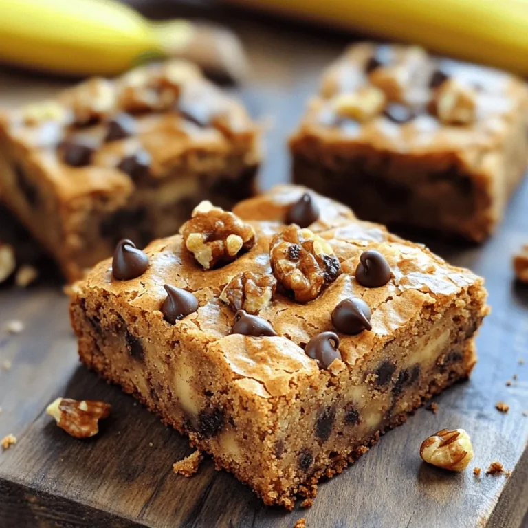 To make banana bread blondies, you need these key items: - 2 ripe bananas, mashed - ½ cup brown sugar - ¼ cup granulated sugar - ½ cup unsalted butter, melted - 1 large egg - 1 teaspoon vanilla extract - 1 cup all-purpose flour - ½ teaspoon baking powder - ¼ teaspoon baking soda - ¼ teaspoon salt These ingredients form the base of your blondies. The ripe bananas add natural sweetness and moisture. You can enhance your blondies by adding: - ½ cup chocolate chips - ¼ cup chopped walnuts or pecans These optional ingredients give your blondies a fun twist. The chocolate adds richness, while nuts provide crunch. You can swap ingredients if needed: - Use coconut oil instead of butter for a dairy-free option. - Substitute applesauce for mashed bananas for a different flavor. - Try using almond flour for a gluten-free version. These substitutions keep the recipe flexible. You can enjoy banana bread blondies no matter your dietary needs. First, preheat your oven to 350°F (175°C). Line an 8x8 inch pan with parchment paper. Leave some paper hanging over the edges. This will help you lift the blondies out later. In a large bowl, mash your ripe bananas until smooth. Mix in ½ cup brown sugar and ¼ cup granulated sugar. Stir in the melted butter until everything blends well. Next, add one large egg and one teaspoon of vanilla extract. Whisk it all together until it is smooth. In another bowl, combine 1 cup of all-purpose flour, ½ teaspoon of baking powder, ¼ teaspoon of baking soda, and ¼ teaspoon of salt. Slowly fold this dry mix into the banana mix. Make sure not to over-mix. If you want extra flavor, add ½ cup of chocolate chips and ¼ cup of chopped nuts. Gently fold these in. Now, pour the batter into your prepared pan. Spread it evenly across the bottom. Place the pan in your preheated oven. Bake for 20 to 25 minutes. To check if they are done, insert a toothpick in the center. If it comes out clean, your blondies are ready to come out. After baking, let the blondies cool in the pan for about 10 minutes. Use the parchment edges to lift them out carefully. Place them on a wire rack to cool completely. Once cool, cut into 16 squares. Enjoy them as a sweet treat or serve them at gatherings! To keep your banana bread blondies moist, use ripe bananas. Ripe bananas add natural sweetness and moisture. Also, do not over-mix your batter. Over-mixing can make them dry. Mixing should be gentle, just until combined. Adding chocolate chips or nuts also helps add moisture and texture. I recommend an 8x8 inch baking pan for this recipe. This size ensures even baking. Line the pan with parchment paper. This helps with easy removal after baking. If you use a different size, baking time may change. Always check for doneness with a toothpick. If your blondies are too dry, check your oven temperature. An oven that is too hot can dry them out. If they are too gooey, they may need more time in the oven. Keep an eye on them during the last minutes of baking. If they stick to the pan, make sure you use parchment paper next time. This will help them lift out easily. {{image_2}} To make gluten-free banana bread blondies, swap regular flour for a gluten-free blend. Look for a mix that includes xanthan gum. This helps the blondies rise and stay moist. You can still use the same amounts of bananas and sugars. The taste will remain delicious and satisfying. For vegan banana bread blondies, replace the egg with a flax egg. To make one, mix one tablespoon of ground flaxseed with three tablespoons of water. Let it sit for five minutes until it thickens. Use plant-based butter instead of regular butter. The blondies will taste just as good without the eggs or dairy. You can add spices or fruits for extra flavor. Try adding cinnamon or nutmeg for warmth. A pinch of cardamom can also bring a new twist. You might also fold in some chopped fruits like apples or berries. These additions can make your blondies unique and exciting. Store your banana bread blondies in an airtight container. This keeps them fresh and soft. If you don’t have a container, wrap them tightly in plastic wrap. Place them at room temperature for short-term storage. Keep them away from direct sunlight. This helps maintain their flavor and texture. To freeze banana bread blondies, let them cool completely. Cut them into squares, then wrap each piece in plastic wrap. Place the wrapped blondies in a freezer bag or container. This prevents freezer burn. You can freeze them for up to three months. When ready to eat, thaw them in the fridge overnight or at room temperature. Banana bread blondies last for about a week at room temperature. If stored properly, they can stay fresh for up to two weeks in the fridge. Always check for signs of spoilage, like an off smell or mold. For the best taste, enjoy them within the first few days. You can tell when your blondies are done by using a toothpick. Insert it in the center. If it comes out clean or with just a few crumbs, they are ready. Do not wait until they look dry. They may continue to bake as they cool. Yes, you can make these blondies dairy-free. Use a dairy-free butter substitute instead of unsalted butter. You can also swap the chocolate chips for dairy-free ones. This way, you keep the taste while making them suitable for those avoiding dairy. You can serve these blondies warm with a scoop of vanilla ice cream. Drizzle some caramel sauce on top for added sweetness. They also pair well with fresh fruit or a dollop of whipped cream. Cut them into squares for easy sharing at parties or gatherings. Here is the complete recipe: - 2 ripe bananas, mashed - ½ cup brown sugar - ¼ cup granulated sugar - ½ cup unsalted butter, melted - 1 large egg - 1 teaspoon vanilla extract - 1 cup all-purpose flour - ½ teaspoon baking powder - ¼ teaspoon baking soda - ¼ teaspoon salt - ½ cup chocolate chips (optional) - ¼ cup chopped walnuts or pecans (optional) 1. Preheat your oven to 350°F (175°C). Line an 8x8 inch pan with parchment paper. 2. In a bowl, mix the mashed bananas, brown sugar, and granulated sugar. Stir in the melted butter. 3. Add the egg and vanilla extract. Whisk until smooth. 4. In another bowl, combine flour, baking powder, baking soda, and salt. 5. Fold the dry mix into the banana mix until just combined. 6. Fold in chocolate chips and nuts if using. 7. Pour batter into the pan and spread it evenly. 8. Bake for 20-25 minutes. Check with a toothpick. 9. Cool in the pan for 10 minutes, then lift out and cool on a wire rack. You learned about the key ingredients for tasty banana bread blondies. We explored steps to prepare, bake, and serve them. I shared tips to keep them moist and troubleshoot issues. You also discovered unique variations, including gluten-free and vegan options. Finally, I provided storage tips to keep your blondies fresh. Now, you’re ready to bake delicious banana bread blondies with confidence. Enjoy the process and share your results!