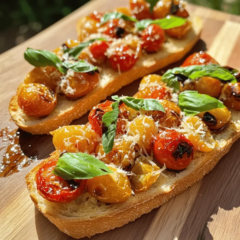 - Crusty bread (e.g., French baguette) - Ripe cherry tomatoes - Garlic - Fresh basil leaves - Olive oil - Balsamic vinegar - Seasoning (salt and pepper) - Optional toppings (Parmesan or feta cheese) Roasted Garlic Tomato Bruschetta is a simple yet tasty dish. You start with crusty bread. I love using a French baguette for its texture. It holds up well to toppings. Next, you'll need ripe cherry tomatoes. Their sweetness adds a burst of flavor. Halving them helps them roast evenly and release juices. Garlic is the star here. Roasting it makes it soft and sweet. You’ll also want fresh basil. It adds a lovely aroma and taste. For richness, olive oil is key. It enhances the flavor and helps with roasting. Balsamic vinegar adds a tangy kick. Finally, seasoning is crucial. A pinch of salt and pepper brings all the flavors together. If you want to elevate your bruschetta, consider adding Parmesan or feta cheese as a topping. With these ingredients, you create a fresh, vibrant appetizer that impresses every time. Prepping the garlic Start by peeling the outer layers of the garlic head. Keep the cloves together. Cut off about 1/4 inch from the top to expose the cloves. Drizzle olive oil over the top of the garlic. Wrap it in aluminum foil to keep it moist. Halving cherry tomatoes Next, take your ripe cherry tomatoes. Use a sharp knife to cut each tomato in half. This helps them cook evenly and release their juices. Chopping basil leaves Now, grab your fresh basil leaves. Stack a few leaves on top of each other. Roll them tightly and slice them into thin strips. This gives you nice, fragrant pieces of basil. Roasting garlic Place the wrapped garlic in your preheated oven at 400°F (200°C). Roast it for 30-35 minutes. The garlic should become soft and caramelized. Roasting tomatoes While the garlic roasts, spread the halved tomatoes on a baking sheet. Drizzle with olive oil and sprinkle with salt and pepper. Roast them for 15-20 minutes. Look for them to burst and turn golden. Mashing roasted garlic When the garlic cools, gently squeeze the cloves out of their skins. Use a fork to mash them into a paste. This will add rich flavor to your bruschetta. Mixing roasted tomatoes and garlic with herbs In a bowl, combine the roasted tomatoes with their juices, the mashed garlic, and the chopped basil. Add balsamic vinegar, salt, and pepper. Mix everything until well combined. Toasting the bread Slice your crusty bread into 1/2 inch thick pieces. Place them on a baking sheet and brush with olive oil. Toast in the oven for 5-7 minutes until golden and crisp. Now, you are ready to top your toasted bread with the tomato and garlic mix. Enjoy the burst of flavor in every bite! - Choosing the right bread Use a crusty bread like a French baguette. Its crunch holds up well. It gives a nice contrast to the soft toppings. Toasting the bread enhances its flavor and adds texture. - Importance of fresh ingredients Fresh tomatoes bring bright flavor to the bruschetta. Ripe cherry tomatoes are sweet and juicy. Fresh basil adds a fragrant touch. Always choose high-quality olive oil for the best taste. - Ideal pairings with bruschetta Bruschetta pairs well with a light salad or a charcuterie board. A glass of chilled white wine complements the flavors. You can serve it as an appetizer or a snack. - Presentation tips for serving Arrange the bruschetta on a nice platter. Drizzle some balsamic reduction on top for a touch of elegance. Garnish with extra basil leaves for color. - Overcooking tomatoes Watch the tomatoes closely while roasting. They should burst and caramelize, not turn mushy. Overcooked tomatoes lose their fresh taste. - Incorrect garlic roasting techniques Roast garlic until it's soft and caramelized. If you don’t roast long enough, the garlic will taste sharp. Too long can burn it, making it bitter. {{image_2}} You can make your bruschetta even better by adding herbs. Oregano gives a nice kick. Thyme adds a fresh taste. Both herbs pair well with the tomatoes and garlic. You can also add vegetables. Spinach adds a healthy twist. Bell peppers bring sweetness and color. These additions boost flavor and nutrition. Want to make it vegan? Simply skip the cheese or use a vegan option. Many brands offer great vegan cheese. For a gluten-free version, use gluten-free bread. Look for crusty types to keep the texture. These changes let everyone enjoy the dish. You can explore different styles too. An Italian twist might include capers or olives. These ingredients add a salty bite. For a Mediterranean vibe, try adding feta cheese and fresh mint. Each twist gives a new flavor while keeping the heart of bruschetta. To store bruschetta, let it cool first. Place it in an airtight container. This keeps the flavors fresh and prevents sogginess. If you have leftover toppings, store them separately. Use small glass jars or containers for easy access. How long does it last in the fridge? Bruschetta stays good for about 2 days. After that, the bread gets too soft. Can it be frozen? I don't recommend freezing bruschetta. The bread will lose its crunch and texture. To reheat properly, use the oven. Set it to 350°F (180°C). Place bruschetta on a baking sheet. Heat for about 5-7 minutes. This keeps the bread crispy and warm. Avoid the microwave; it makes the bread soggy. Bruschetta is a classic Italian appetizer. It dates back to the 15th century. The word "bruscare" means to toast or roast. Traditionally, it involves grilled bread topped with fresh ingredients. The most common topping is a mix of tomatoes, garlic, and basil. Bruschetta can also use different toppings, like mushrooms or beans. It’s a simple dish that celebrates fresh flavors. Yes, you can use other tomatoes! If you can't find cherry tomatoes, try grape tomatoes. They are sweet and juicy, just like cherry tomatoes. You can also use larger tomatoes, like Roma or beefsteak. Just chop them into smaller pieces. Remember to remove excess seeds and juice to avoid sogginess. Making Roasted Garlic Tomato Bruschetta takes about one hour. You need around 15 minutes to prep everything. Roasting the garlic takes 30 to 35 minutes. Roasting the tomatoes takes around 15 to 20 minutes. This recipe serves 4 to 6 people. It’s a great dish for gatherings or a quick snack. You can prepare some parts ahead of time. Roast the garlic and tomatoes in advance. You can store them in the fridge for up to three days. However, it’s best to toast the bread just before serving. This keeps the bread warm and crisp. Assemble the bruschetta right before you eat for the best taste. Bruschetta is simple and delicious. You learned the key ingredients and steps. Fresh bread, ripe tomatoes, and garlic are essential. Roasting boosts their flavors. I shared tips to avoid common mistakes and enhance taste. You can even customize it with herbs and veggies. Proper storage lets you enjoy leftovers longer. Remember, bruschetta shines when made with fresh, high-quality ingredients. Get creative and enjoy each bite!
