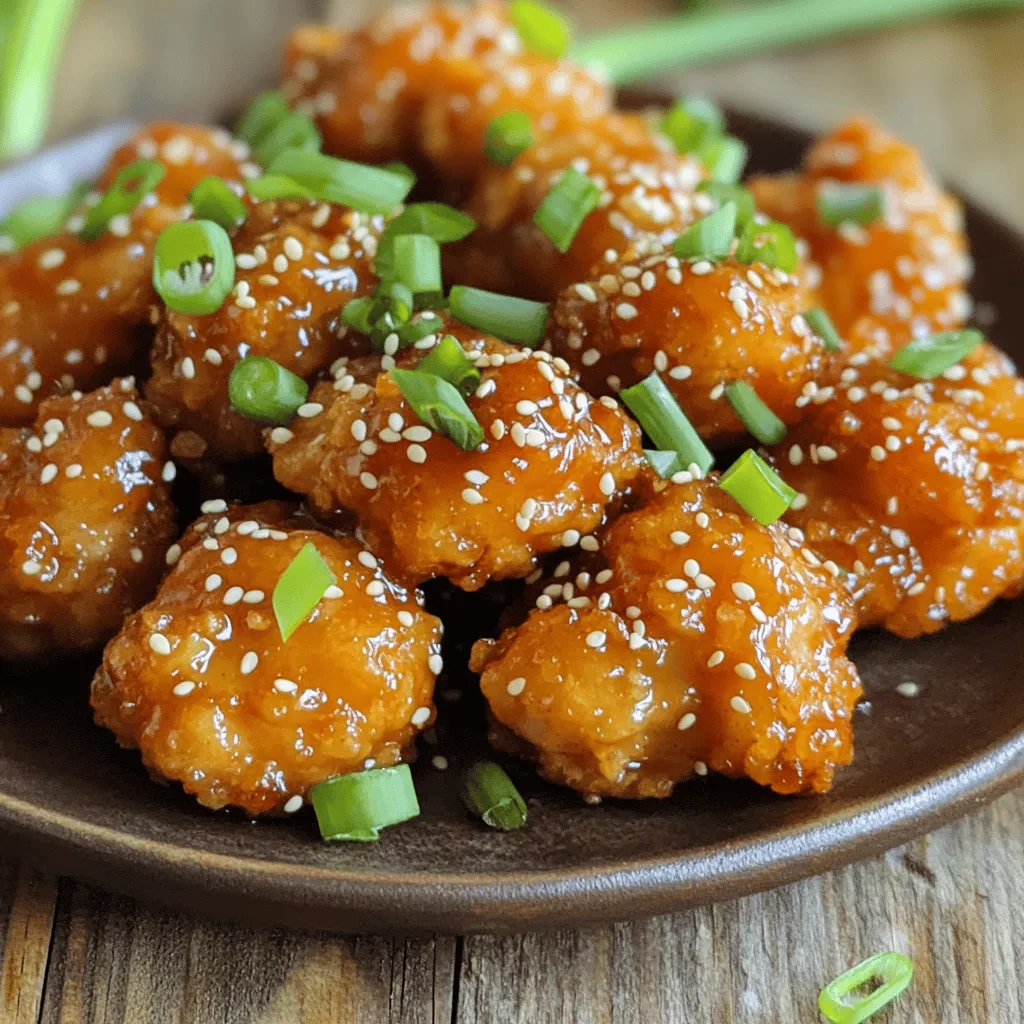 - 1 pound boneless, skinless chicken thighs - 1/4 cup soy sauce - 2 tablespoons honey - 1 tablespoon rice vinegar - 2 cloves garlic, minced - 1 teaspoon grated fresh ginger - 1/2 cup cornstarch - 1/4 cup sesame seeds - 1 tablespoon sesame oil - 2 green onions, sliced - Cooking oil for frying - Prep Time: 20 mins - Cook Time: 20 mins - Servings: 4 servings When I make Sticky Sesame Chicken Bites, I love the mix of flavors. First, I gather my ingredients. The chicken thighs are my favorite choice because they stay juicy. I cut them into bite-sized pieces for easy eating. Next, I prepare the marinade. I mix soy sauce, honey, rice vinegar, minced garlic, and grated ginger in a bowl. This mix gives the chicken a sweet and savory taste. I let the chicken marinate for at least 20 minutes. This step adds a lot of flavor. While the chicken rests, I get the coating ready. I use cornstarch for a crispy texture. I coat each piece of marinated chicken evenly. The cornstarch sticks well, making the bites crunchy when cooked. For the garnish, I have sesame seeds and green onions. The sesame seeds add a nutty flavor and a nice crunch. The green onions bring freshness and a pop of color. I heat cooking oil in a skillet. The oil should be hot, but not smoking. I fry the chicken bites in batches. Each batch takes about 5 to 7 minutes. I want them golden brown and fully cooked. After frying, I drain the chicken on paper towels. This step helps remove extra oil. While still warm, I toss the chicken in a sesame sauce made with sesame oil, soy sauce, and sesame seeds. It adds a lovely glaze. Now, my Sticky Sesame Chicken Bites are ready! I arrange them on a platter and sprinkle the sliced green onions on top. They look and smell amazing! To start, you need to marinate the chicken. In a bowl, mix together the soy sauce, honey, rice vinegar, minced garlic, and grated ginger. This mix will add great flavor. Add the chicken pieces to this marinade. Make sure they are all coated well. Let the chicken marinate for at least 20 minutes. This step is key for juicy bites. Next, you will coat the marinated chicken. Take the chicken out of the marinade. Place the cornstarch in a separate bowl. Roll each chicken piece in the cornstarch until it is fully covered. This will create a nice crispy layer when cooked. Now it's time to cook the chicken bites. Heat a good amount of cooking oil in a large skillet over medium-high heat. Once the oil is hot, add the coated chicken pieces. Do not overcrowd the pan; this helps them fry evenly. Cook the chicken for about 5 to 7 minutes. They should turn golden brown and be fully cooked. After frying, place the chicken on paper towels to drain excess oil. While the chicken cooks, you can prepare the sesame sauce. In a small saucepan, combine sesame oil, a bit of soy sauce, and sesame seeds. Heat it on low. Stir until you see the sesame seeds start to toast lightly. This step adds a wonderful nutty flavor to the sauce. Once the chicken bites are cooked, toss them in the sesame sauce while they are warm. Make sure each piece is well coated. To serve, arrange your sticky chicken bites on a platter. Garnish them with sliced green onions for a fresh touch. They are ready to enjoy! For sticky sesame chicken bites, I recommend using boneless, skinless chicken thighs. Thighs stay juicy and tender when cooked. They also absorb flavors well, making them perfect for marinating. Chicken breasts can work, but they may dry out if overcooked. To get that perfect crunch, coat the marinated chicken in cornstarch. This helps create a crispy layer when frying. Heat your cooking oil to medium-high, but not too hot. If the oil is too hot, the outside cooks fast, and the inside stays raw. Fry the chicken in batches. This way, they won't overcrowd the pan. Overcrowding can cause steaming instead of frying. To boost the flavor of your marinade, add spices like crushed red pepper for heat or five-spice powder for depth. You can also mix in a bit of orange zest for a fresh twist. Another option is to replace rice vinegar with apple cider vinegar for a different tang. These enhancements make each bite more exciting and flavorful. {{image_2}} To give your Sticky Sesame Chicken Bites a kick, add chili flakes or hot sauce. Start with a teaspoon of chili flakes in the marinade. If you prefer hot sauce, mix in a tablespoon. This will add heat while keeping the sweet and savory flavors intact. Adjust the amount based on your spice tolerance. Enjoy the bold twist! For a vegetarian treat, try sesame tofu. Use firm tofu instead of chicken thighs. Cut the tofu into bite-sized pieces. Marinate it like you would the chicken. Follow the same frying steps, but be gentle. Tofu can break easily. This option is just as tasty and perfect for plant-based diets. Experimenting with sauces can bring new life to your chicken bites. Try teriyaki sauce for a sweet flavor. Barbecue sauce can add a smoky twist. For a tangy note, use sweet and sour sauce. Each sauce will change the taste, making it fun to discover your favorite. Feel free to mix and match! After you enjoy your Sticky Sesame Chicken Bites, store leftovers in the fridge. Place them in an airtight container. They stay fresh for up to three days. Make sure they cool down before sealing. This helps keep them tasty and safe to eat. To freeze your chicken bites, first let them cool completely. Place them in a freezer-safe bag. Remove as much air as possible before sealing. Label the bag with the date. They can last up to three months in the freezer. When you're ready to eat, thaw them in the fridge overnight. For the best taste, reheat your chicken bites in the oven. Preheat the oven to 350°F (175°C). Place the bites on a baking sheet and heat for about 10-15 minutes. This keeps them crispy. You can also use the microwave, but they may get soft. Heat them in short intervals, checking often. Enjoy your delicious Sticky Sesame Chicken Bites again! Yes, you can use chicken breasts. Chicken thighs are juicier and more flavorful. They stay tender when cooked. Chicken breasts can dry out if overcooked. If you choose breasts, watch them closely. Cut them into bite-sized pieces for even cooking. You may want to add a bit more marinade for flavor. To make this dish gluten-free, use tamari instead of soy sauce. Tamari is a gluten-free soy sauce. Check other sauces for gluten. Ensure your cornstarch is gluten-free, which it usually is. Read labels on all packaged goods. You can also use coconut aminos as a soy sauce alternative. They are sweet and savory, giving great flavor. These chicken bites pair well with rice or noodles. Serve them over white rice, brown rice, or fried rice. You can also try them with stir-fried vegetables. A simple green salad makes a nice side too. For a fun twist, serve with steamed dumplings or spring rolls. These sides add variety and crunch to your meal. You can make delicious Sticky Sesame Chicken Bites with simple steps. Start with marinating chicken thighs, then coat and fry them for crunch. Toss in a tasty sesame sauce and garnish. Remember, the right chicken cut makes a big difference. You can even try spicy versions or vegetarian options. Store leftovers well and enjoy them later. Keep experimenting to find your favorite mix of flavors! Happy cooking!